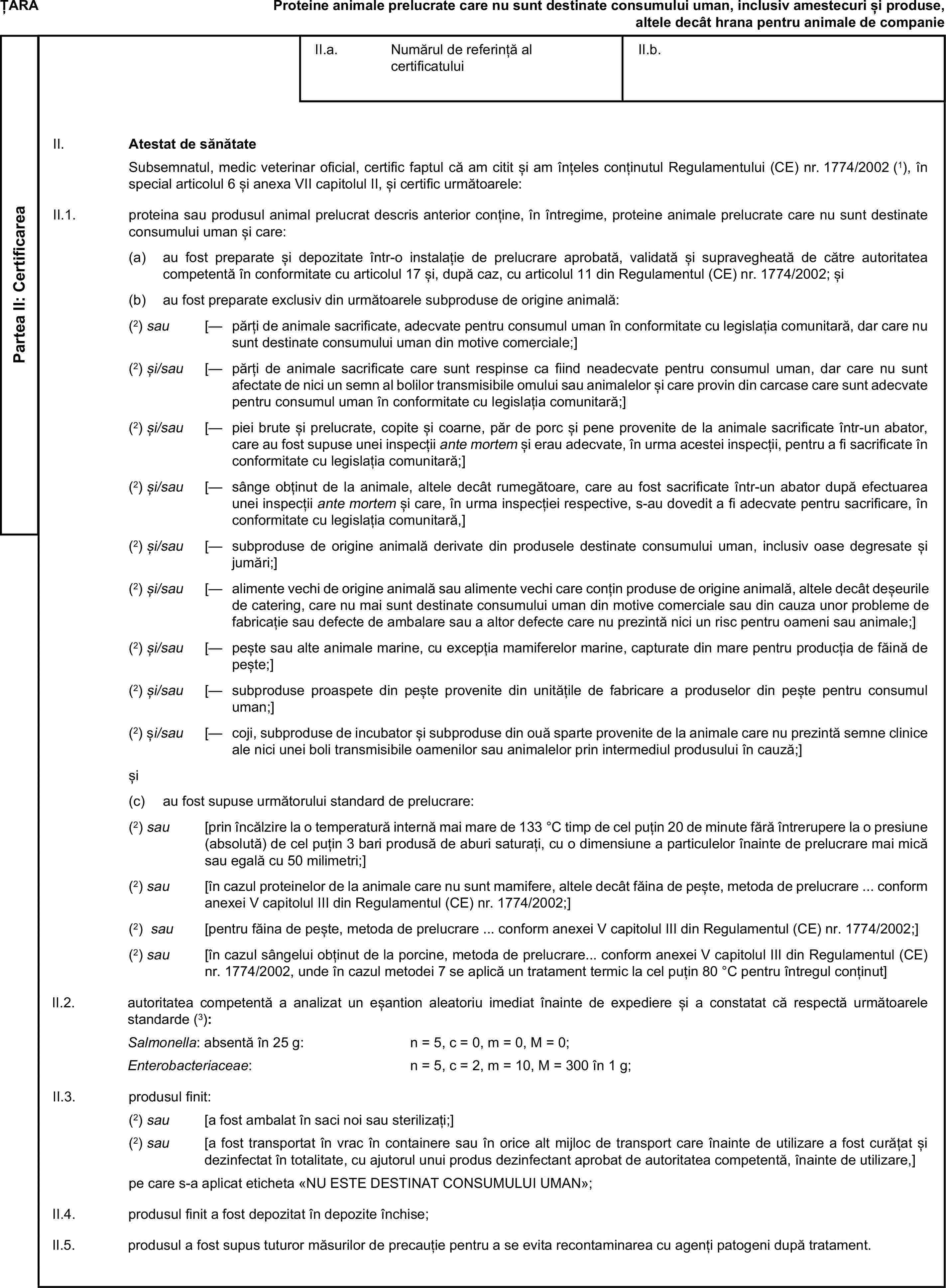 ȚARAProteine animale prelucrate care nu sunt destinate consumului uman, inclusiv amestecuri și produse, altele decât hrana pentru animale de companiePartea II: CertificareaII.a. Numărul de referință al certificatuluiII.b.II. Atestat de sănătateSubsemnatul, medic veterinar oficial, certific faptul că am citit și am înțeles conținutul Regulamentului (CE) nr. 1774/2002 (1), în special articolul 6 și anexa VII capitolul II, și certific următoarele:II.1. proteina sau produsul animal prelucrat descris anterior conține, în întregime, proteine animale prelucrate care nu sunt destinate consumului uman și care:(a) au fost preparate și depozitate într-o instalație de prelucrare aprobată, validată și supravegheată de către autoritatea competentă în conformitate cu articolul 17 și, după caz, cu articolul 11 din Regulamentul (CE) nr. 1774/2002; și(b) au fost preparate exclusiv din următoarele subproduse de origine animală:(2) sau [— părți de animale sacrificate, adecvate pentru consumul uman în conformitate cu legislația comunitară, dar care nu sunt destinate consumului uman din motive comerciale;](2) și/sau [— părți de animale sacrificate care sunt respinse ca fiind neadecvate pentru consumul uman, dar care nu sunt afectate de nici un semn al bolilor transmisibile omului sau animalelor și care provin din carcase care sunt adecvate pentru consumul uman în conformitate cu legislația comunitară;](2) și/sau [— piei brute și prelucrate, copite și coarne, păr de porc și pene provenite de la animale sacrificate într-un abator, care au fost supuse unei inspecții ante mortem și erau adecvate, în urma acestei inspecții, pentru a fi sacrificate în conformitate cu legislația comunitară;](2) și/sau [— sânge obținut de la animale, altele decât rumegătoare, care au fost sacrificate într-un abator după efectuarea unei inspecții ante mortem și care, în urma inspecției respective, s-au dovedit a fi adecvate pentru sacrificare, în conformitate cu legislația comunitară,](2) și/sau [— subproduse de origine animală derivate din produsele destinate consumului uman, inclusiv oase degresate și jumări;](2) și/sau [— alimente vechi de origine animală sau alimente vechi care conțin produse de origine animală, altele decât deșeurile de catering, care nu mai sunt destinate consumului uman din motive comerciale sau din cauza unor probleme de fabricație sau defecte de ambalare sau a altor defecte care nu prezintă nici un risc pentru oameni sau animale;](2) și/sau [— pește sau alte animale marine, cu excepția mamiferelor marine, capturate din mare pentru producția de făină de pește;](2) și/sau [— subproduse proaspete din pește provenite din unitățile de fabricare a produselor din pește pentru consumul uman;](2) și/sau [— coji, subproduse de incubator și subproduse din ouă sparte provenite de la animale care nu prezintă semne clinice ale nici unei boli transmisibile oamenilor sau animalelor prin intermediul produsului în cauză;]și(c) au fost supuse următorului standard de prelucrare:(2) sau [prin încălzire la o temperatură internă mai mare de 133 °C timp de cel puțin 20 de minute fără întrerupere la o presiune (absolută) de cel puțin 3 bari produsă de aburi saturați, cu o dimensiune a particulelor înainte de prelucrare mai mică sau egală cu 50 milimetri;](2) sau [în cazul proteinelor de la animale care nu sunt mamifere, altele decât făina de pește, metoda de prelucrare … conform anexei V capitolul III din Regulamentul (CE) nr. 1774/2002;](2) sau [pentru făina de pește, metoda de prelucrare … conform anexei V capitolul III din Regulamentul (CE) nr. 1774/2002;](2) sau [în cazul sângelui obținut de la porcine, metoda de prelucrare… conform anexei V capitolul III din Regulamentul (CE) nr. 1774/2002, unde în cazul metodei 7 se aplică un tratament termic la cel puțin 80 °C pentru întregul conținut]II.2. autoritatea competentă a analizat un eșantion aleatoriu imediat înainte de expediere și a constatat că respectă următoarele standarde (3):Salmonella: absentă în 25 g: n = 5, c = 0, m = 0, M = 0;Enterobacteriaceae: n = 5, c = 2, m = 10, M = 300 în 1 g;II.3. produsul finit:(2) sau [a fost ambalat în saci noi sau sterilizați;](2) sau [a fost transportat în vrac în containere sau în orice alt mijloc de transport care înainte de utilizare a fost curățat și dezinfectat în totalitate, cu ajutorul unui produs dezinfectant aprobat de autoritatea competentă, înainte de utilizare,]pe care s-a aplicat eticheta «NU ESTE DESTINAT CONSUMULUI UMAN»;II.4. produsul finit a fost depozitat în depozite închise;II.5. produsul a fost supus tuturor măsurilor de precauție pentru a se evita recontaminarea cu agenți patogeni după tratament.