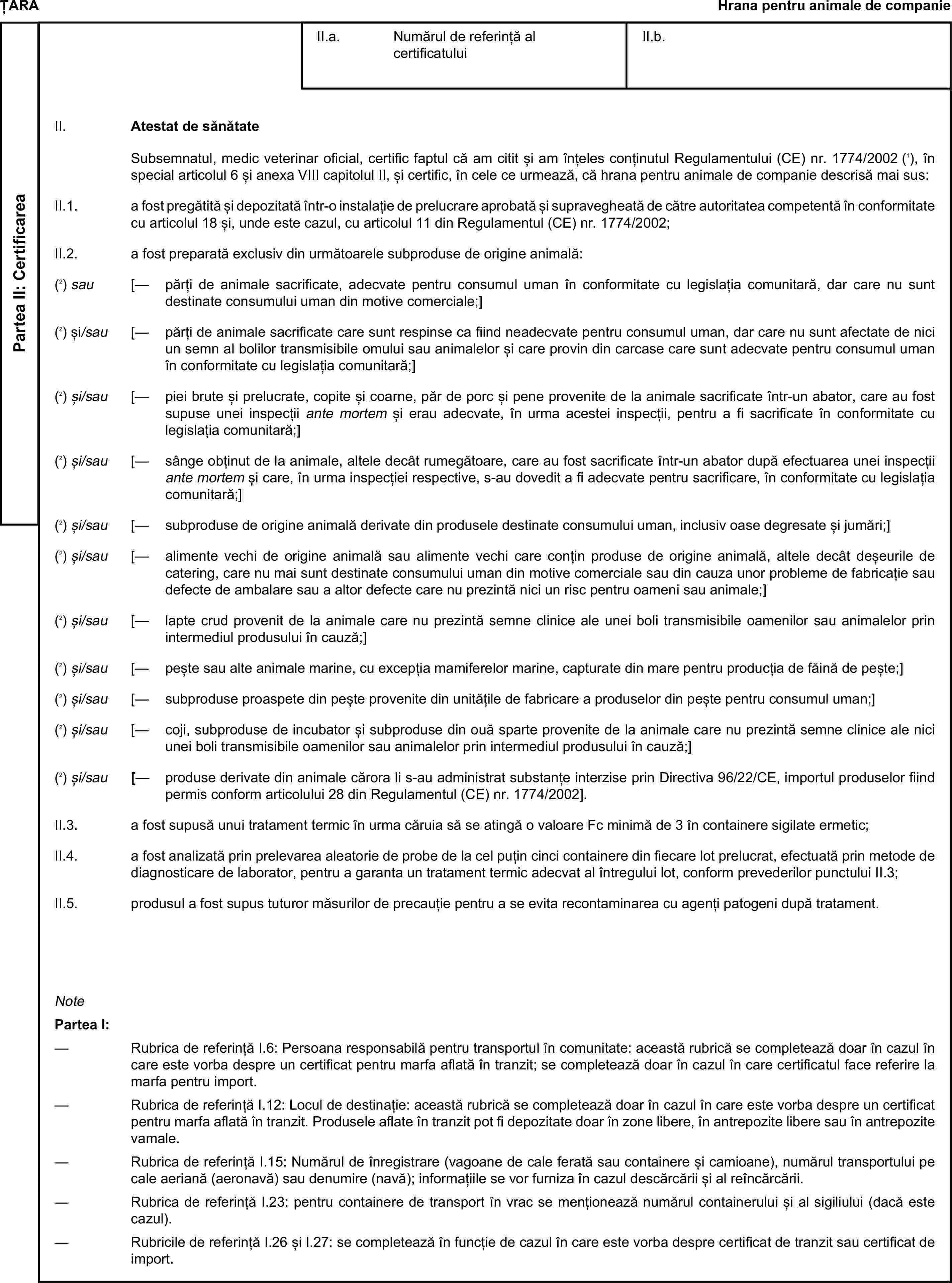 ȚARAHrana pentru animale de companiePartea II: CertificareaII.a. Numărul de referință al certificatuluiII.b.II. Atestat de sănătateSubsemnatul, medic veterinar oficial, certific faptul că am citit și am înțeles conținutul Regulamentului (CE) nr. 1774/2002 (1), în special articolul 6 și anexa VIII capitolul II, și certific, în cele ce urmează, că hrana pentru animale de companie descrisă mai sus:II.1. a fost pregătită și depozitată într-o instalație de prelucrare aprobată și supravegheată de către autoritatea competentă în conformitate cu articolul 18 și, unde este cazul, cu articolul 11 din Regulamentul (CE) nr. 1774/2002;II.2. a fost preparată exclusiv din următoarele subproduse de origine animală:(2) sau [— părți de animale sacrificate, adecvate pentru consumul uman în conformitate cu legislația comunitară, dar care nu sunt destinate consumului uman din motive comerciale;](2) și/sau [— părți de animale sacrificate care sunt respinse ca fiind neadecvate pentru consumul uman, dar care nu sunt afectate de nici un semn al bolilor transmisibile omului sau animalelor și care provin din carcase care sunt adecvate pentru consumul uman în conformitate cu legislația comunitară;](2) și/sau [— piei brute și prelucrate, copite și coarne, păr de porc și pene provenite de la animale sacrificate într-un abator, care au fost supuse unei inspecții ante mortem și erau adecvate, în urma acestei inspecții, pentru a fi sacrificate în conformitate cu legislația comunitară;](2) și/sau [— sânge obținut de la animale, altele decât rumegătoare, care au fost sacrificate într-un abator după efectuarea unei inspecții ante mortem și care, în urma inspecției respective, s-au dovedit a fi adecvate pentru sacrificare, în conformitate cu legislația comunitară;](2) și/sau [— subproduse de origine animală derivate din produsele destinate consumului uman, inclusiv oase degresate și jumări;](2) și/sau [— alimente vechi de origine animală sau alimente vechi care conțin produse de origine animală, altele decât deșeurile de catering, care nu mai sunt destinate consumului uman din motive comerciale sau din cauza unor probleme de fabricație sau defecte de ambalare sau a altor defecte care nu prezintă nici un risc pentru oameni sau animale;](2) și/sau [— lapte crud provenit de la animale care nu prezintă semne clinice ale unei boli transmisibile oamenilor sau animalelor prin intermediul produsului în cauză;](2) și/sau [— pește sau alte animale marine, cu excepția mamiferelor marine, capturate din mare pentru producția de făină de pește;](2) și/sau [— subproduse proaspete din pește provenite din unitățile de fabricare a produselor din pește pentru consumul uman;](2) și/sau [— coji, subproduse de incubator și subproduse din ouă sparte provenite de la animale care nu prezintă semne clinice ale nici unei boli transmisibile oamenilor sau animalelor prin intermediul produsului în cauză;](2) și/sau [— produse derivate din animale cărora li s-au administrat substanțe interzise prin Directiva 96/22/CE, importul produselor fiind permis conform articolului 28 din Regulamentul (CE) nr. 1774/2002].II.3. a fost supusă unui tratament termic în urma căruia să se atingă o valoare Fc minimă de 3 în containere sigilate ermetic;II.4. a fost analizată prin prelevarea aleatorie de probe de la cel puțin cinci containere din fiecare lot prelucrat, efectuată prin metode de diagnosticare de laborator, pentru a garanta un tratament termic adecvat al întregului lot, conform prevederilor punctului II.3;II.5. produsul a fost supus tuturor măsurilor de precauție pentru a se evita recontaminarea cu agenți patogeni după tratament.NotePartea I:— Rubrica de referință I.6: Persoana responsabilă pentru transportul în comunitate: această rubrică se completează doar în cazul în care este vorba despre un certificat pentru marfa aflată în tranzit; se completează doar în cazul în care certificatul face referire la marfa pentru import.— Rubrica de referință I.12: Locul de destinație: această rubrică se completează doar în cazul în care este vorba despre un certificat pentru marfa aflată în tranzit. Produsele aflate în tranzit pot fi depozitate doar în zone libere, în antrepozite libere sau în antrepozite vamale.— Rubrica de referință I.15: Numărul de înregistrare (vagoane de cale ferată sau containere și camioane), numărul transportului pe cale aeriană (aeronavă) sau denumire (navă); informațiile se vor furniza în cazul descărcării și al reîncărcării.— Rubrica de referință I.23: pentru containere de transport în vrac se menționează numărul containerului și al sigiliului (dacă este cazul).— Rubricile de referință I.26 și I.27: se completează în funcție de cazul în care este vorba despre certificat de tranzit sau certificat de import.