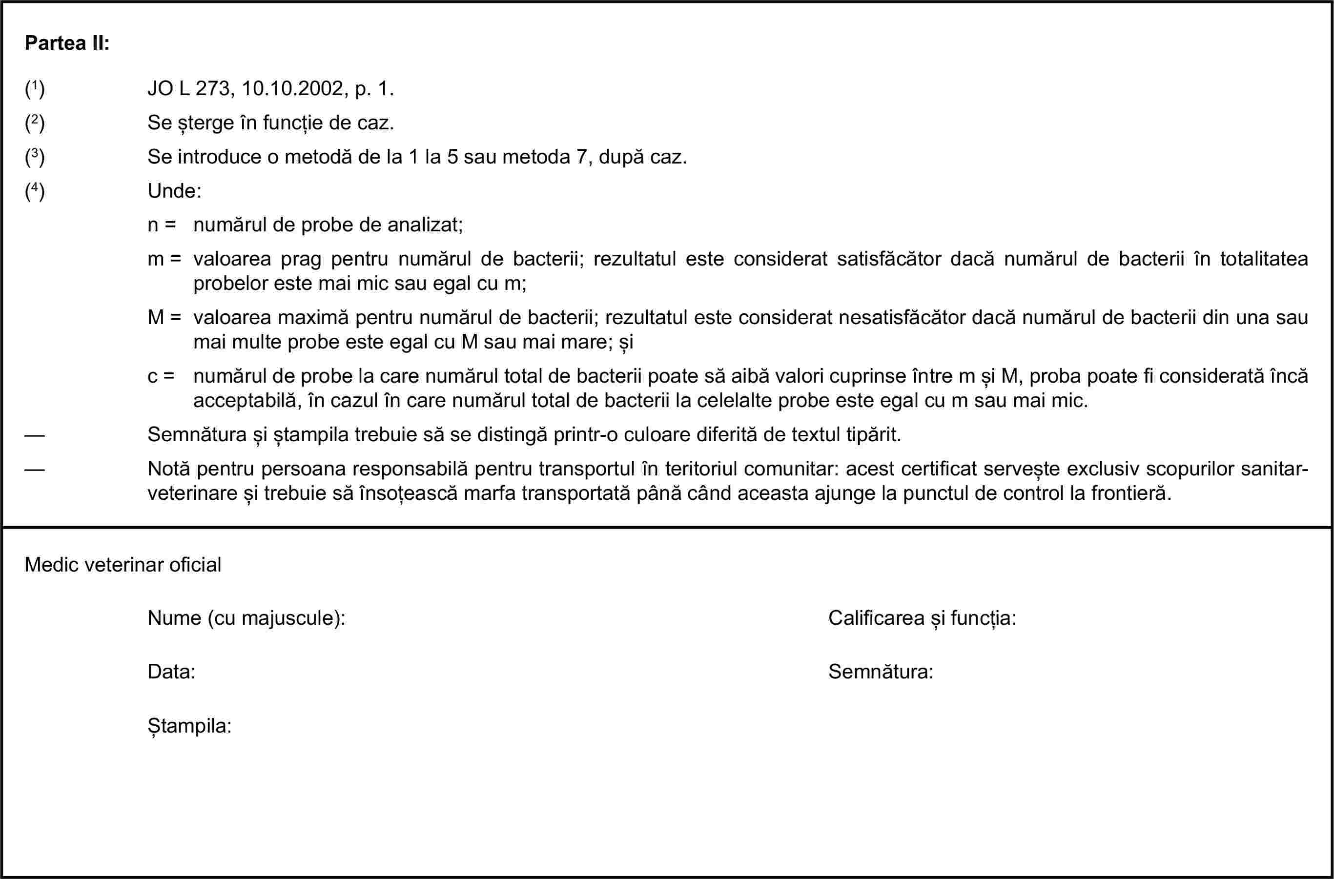 Partea II:(1) JO L 273, 10.10.2002, p. 1.(2) Se șterge în funcție de caz.(3) Se introduce o metodă de la 1 la 5 sau metoda 7, după caz.(4) Unde:n = numărul de probe de analizat;m = valoarea prag pentru numărul de bacterii; rezultatul este considerat satisfăcător dacă numărul de bacterii în totalitatea probelor este mai mic sau egal cu m;M = valoarea maximă pentru numărul de bacterii; rezultatul este considerat nesatisfăcător dacă numărul de bacterii din una sau mai multe probe este egal cu M sau mai mare; șic = numărul de probe la care numărul total de bacterii poate să aibă valori cuprinse între m și M, proba poate fi considerată încă acceptabilă, în cazul în care numărul total de bacterii la celelalte probe este egal cu m sau mai mic.— Semnătura și ștampila trebuie să se distingă printr-o culoare diferită de textul tipărit.— Notă pentru persoana responsabilă pentru transportul în teritoriul comunitar: acest certificat servește exclusiv scopurilor sanitar-veterinare și trebuie să însoțească marfa transportată până când aceasta ajunge la punctul de control la frontieră.Medic veterinar oficialNume (cu majuscule):Calificarea și funcția:Data:Semnătura:Ștampila: