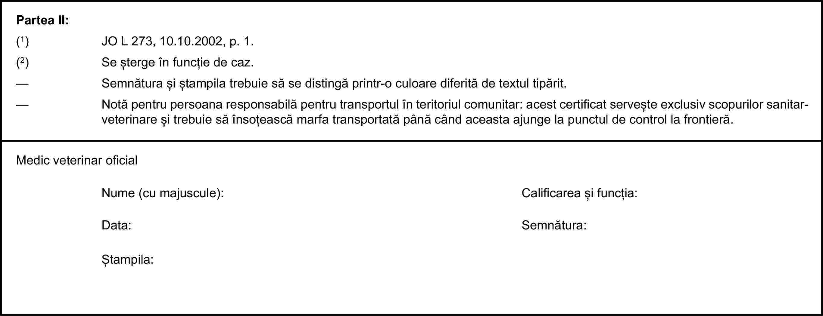 Partea II:(1) JO L 273, 10.10.2002, p. 1.(2) Se șterge în funcție de caz.— Semnătura și ștampila trebuie să se distingă printr-o culoare diferită de textul tipărit.— Notă pentru persoana responsabilă pentru transportul în teritoriul comunitar: acest certificat servește exclusiv scopurilor sanitar-veterinare și trebuie să însoțească marfa transportată până când aceasta ajunge la punctul de control la frontieră.Medic veterinar oficialNume (cu majuscule):Calificarea și funcția:Data:Semnătura:Ștampila: