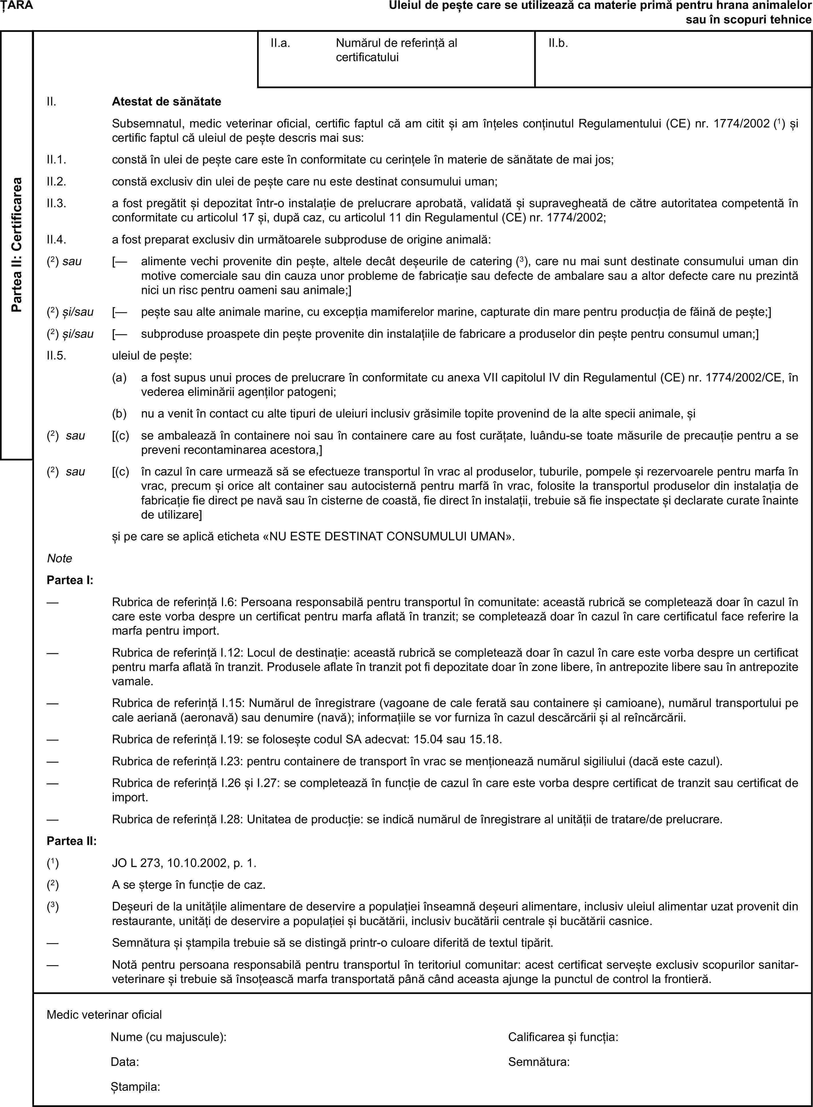 ȚARAUleiul de pește care se utilizează ca materie primă pentru hrana animalelor sau în scopuri tehnicePartea II: CertificareaII.a. Numărul de referință al certificatuluiII.b.II. Atestat de sănătateSubsemnatul, medic veterinar oficial, certific faptul că am citit și am înțeles conținutul Regulamentului (CE) nr. 1774/2002 (1) și certific faptul că uleiul de pește descris mai sus:II.1. constă în ulei de pește care este în conformitate cu cerințele în materie de sănătate de mai jos;II.2. constă exclusiv din ulei de pește care nu este destinat consumului uman;II.3. a fost pregătit și depozitat într-o instalație de prelucrare aprobată, validată și supravegheată de către autoritatea competentă în conformitate cu articolul 17 și, după caz, cu articolul 11 din Regulamentul (CE) nr. 1774/2002;II.4. a fost preparat exclusiv din următoarele subproduse de origine animală:(2) sau [— alimente vechi provenite din pește, altele decât deșeurile de catering (3), care nu mai sunt destinate consumului uman din motive comerciale sau din cauza unor probleme de fabricație sau defecte de ambalare sau a altor defecte care nu prezintă nici un risc pentru oameni sau animale;](2) și/sau [— pește sau alte animale marine, cu excepția mamiferelor marine, capturate din mare pentru producția de făină de pește;](2) și/sau [— subproduse proaspete din pește provenite din instalațiile de fabricare a produselor din pește pentru consumul uman;]II.5. uleiul de pește:(a) a fost supus unui proces de prelucrare în conformitate cu anexa VII capitolul IV din Regulamentul (CE) nr. 1774/2002/CE, în vederea eliminării agenților patogeni;(b) nu a venit în contact cu alte tipuri de uleiuri inclusiv grăsimile topite provenind de la alte specii animale, și(2) sau [(c) se ambalează în containere noi sau în containere care au fost curățate, luându-se toate măsurile de precauție pentru a se preveni recontaminarea acestora,](2) sau [(c) în cazul în care urmează să se efectueze transportul în vrac al produselor, tuburile, pompele și rezervoarele pentru marfa în vrac, precum și orice alt container sau autocisternă pentru marfă în vrac, folosite la transportul produselor din instalația de fabricație fie direct pe navă sau în cisterne de coastă, fie direct în instalații, trebuie să fie inspectate și declarate curate înainte de utilizare]și pe care se aplică eticheta «NU ESTE DESTINAT CONSUMULUI UMAN».NotePartea I:— Rubrica de referință I.6: Persoana responsabilă pentru transportul în comunitate: această rubrică se completează doar în cazul în care este vorba despre un certificat pentru marfa aflată în tranzit; se completează doar în cazul în care certificatul face referire la marfa pentru import.— Rubrica de referință I.12: Locul de destinație: această rubrică se completează doar în cazul în care este vorba despre un certificat pentru marfa aflată în tranzit. Produsele aflate în tranzit pot fi depozitate doar în zone libere, în antrepozite libere sau în antrepozite vamale.— Rubrica de referință I.15: Numărul de înregistrare (vagoane de cale ferată sau containere și camioane), numărul transportului pe cale aeriană (aeronavă) sau denumire (navă); informațiile se vor furniza în cazul descărcării și al reîncărcării.— Rubrica de referință I.19: se folosește codul SA adecvat: 15.04 sau 15.18.— Rubrica de referință I.23: pentru containere de transport în vrac se menționează numărul sigiliului (dacă este cazul).— Rubrica de referință I.26 și I.27: se completează în funcție de cazul în care este vorba despre certificat de tranzit sau certificat de import.— Rubrica de referință I.28: Unitatea de producție: se indică numărul de înregistrare al unității de tratare/de prelucrare.Partea II:(1) JO L 273, 10.10.2002, p. 1.(2) A se șterge în funcție de caz.(3) Deșeuri de la unitățile alimentare de deservire a populației înseamnă deșeuri alimentare, inclusiv uleiul alimentar uzat provenit din restaurante, unități de deservire a populației și bucătării, inclusiv bucătării centrale și bucătării casnice.— Semnătura și ștampila trebuie să se distingă printr-o culoare diferită de textul tipărit.— Notă pentru persoana responsabilă pentru transportul în teritoriul comunitar: acest certificat servește exclusiv scopurilor sanitar-veterinare și trebuie să însoțească marfa transportată până când aceasta ajunge la punctul de control la frontieră.Medic veterinar oficialNume (cu majuscule):Calificarea și funcția:Data:Semnătura:Ștampila: