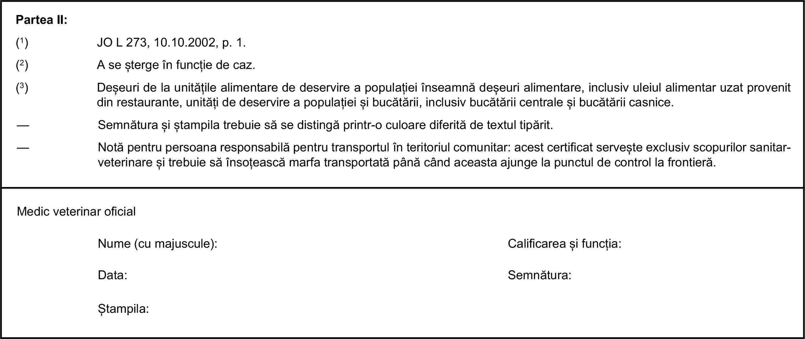 Partea II:(1) JO L 273, 10.10.2002, p. 1.(2) A se șterge în funcție de caz.(3) Deșeuri de la unitățile alimentare de deservire a populației înseamnă deșeuri alimentare, inclusiv uleiul alimentar uzat provenit din restaurante, unități de deservire a populației și bucătării, inclusiv bucătării centrale și bucătării casnice.— Semnătura și ștampila trebuie să se distingă printr-o culoare diferită de textul tipărit.— Notă pentru persoana responsabilă pentru transportul în teritoriul comunitar: acest certificat servește exclusiv scopurilor sanitar-veterinare și trebuie să însoțească marfa transportată până când aceasta ajunge la punctul de control la frontieră.Medic veterinar oficialNume (cu majuscule):Calificarea și funcția:Data:Semnătura:Ștampila: