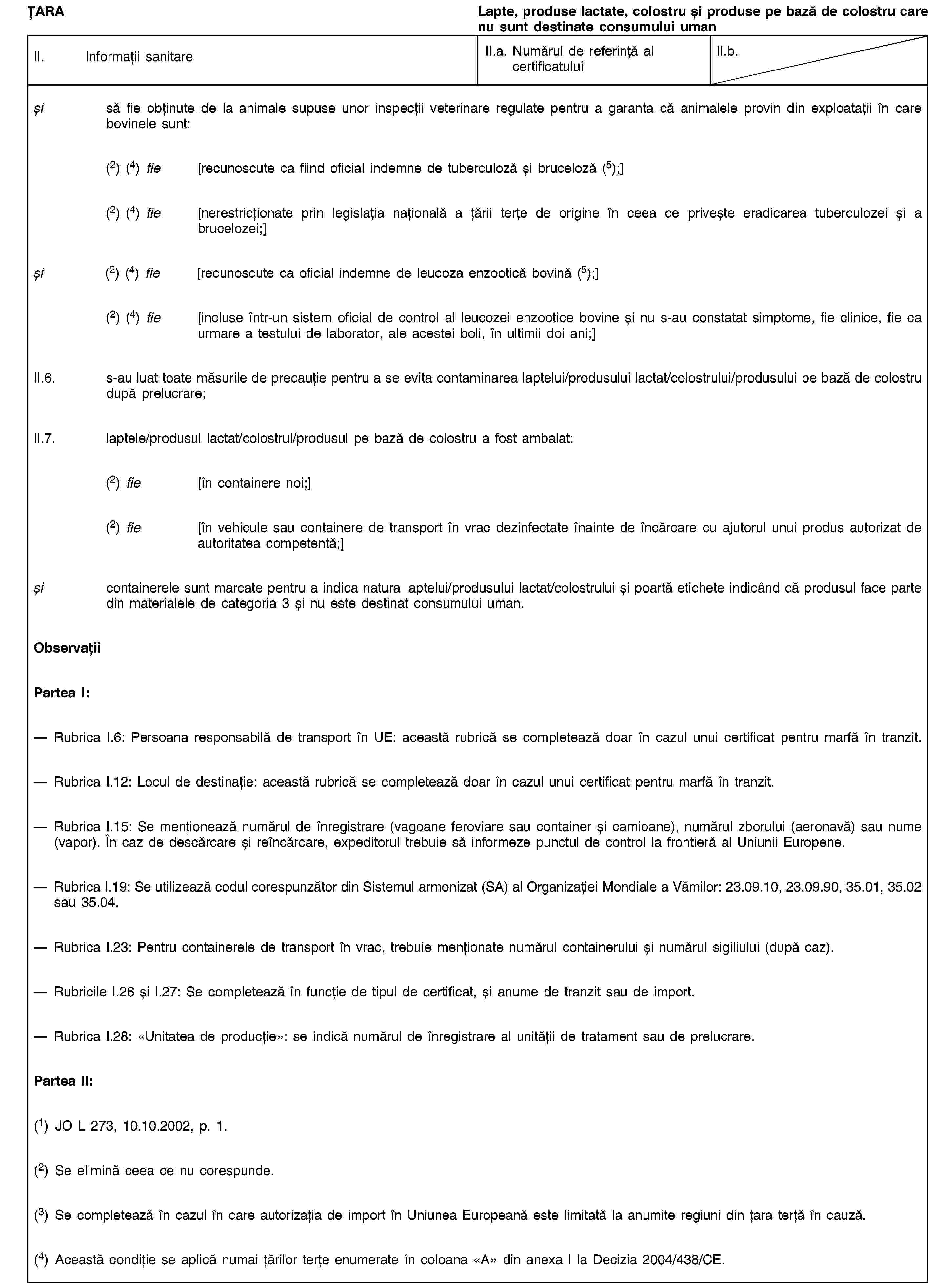 ȚARALapte, produse lactate, colostru și produse pe bază de colostru care nu sunt destinate consumului umanII. Informații sanitareII.a. Numărul de referință al certificatuluiII.b.și să fie obținute de la animale supuse unor inspecții veterinare regulate pentru a garanta că animalele provin din exploatații în care bovinele sunt:(2) (4) fie [recunoscute ca fiind oficial indemne de tuberculoză și bruceloză (5);](2) (4) fie [nerestricționate prin legislația națională a țării terțe de origine în ceea ce privește eradicarea tuberculozei și a brucelozei;]și (2) (4) fie [recunoscute ca oficial indemne de leucoza enzootică bovină (5);](2) (4) fie [incluse într-un sistem oficial de control al leucozei enzootice bovine și nu s-au constatat simptome, fie clinice, fie ca urmare a testului de laborator, ale acestei boli, în ultimii doi ani;]II.6. s-au luat toate măsurile de precauție pentru a se evita contaminarea laptelui/produsului lactat/colostrului/produsului pe bază de colostru după prelucrare;II.7. laptele/produsul lactat/colostrul/produsul pe bază de colostru a fost ambalat:(2) fie [în containere noi;](2) fie [în vehicule sau containere de transport în vrac dezinfectate înainte de încărcare cu ajutorul unui produs autorizat de autoritatea competentă;]și containerele sunt marcate pentru a indica natura laptelui/produsului lactat/colostrului și poartă etichete indicând că produsul face parte din materialele de categoria 3 și nu este destinat consumului uman.ObservațiiPartea I:Rubrica I.6: Persoana responsabilă de transport în UE: această rubrică se completează doar în cazul unui certificat pentru marfă în tranzit.Rubrica I.12: Locul de destinație: această rubrică se completează doar în cazul unui certificat pentru marfă în tranzit.Rubrica I.15: Se menționează numărul de înregistrare (vagoane feroviare sau container și camioane), numărul zborului (aeronavă) sau nume (vapor). În caz de descărcare și reîncărcare, expeditorul trebuie să informeze punctul de control la frontieră al Uniunii Europene.Rubrica I.19: Se utilizează codul corespunzător din Sistemul armonizat (SA) al Organizației Mondiale a Vămilor: 23.09.10, 23.09.90, 35.01, 35.02 sau 35.04.Rubrica I.23: Pentru containerele de transport în vrac, trebuie menționate numărul containerului și numărul sigiliului (după caz).Rubricile I.26 și I.27: Se completează în funcție de tipul de certificat, și anume de tranzit sau de import.Rubrica I.28: «Unitatea de producție»: se indică numărul de înregistrare al unității de tratament sau de prelucrare.Partea II:(1) JO L 273, 10.10.2002, p. 1.(2) Se elimină ceea ce nu corespunde.(3) Se completează în cazul în care autorizația de import în Uniunea Europeană este limitată la anumite regiuni din țara terță în cauză.(4) Această condiție se aplică numai țărilor terțe enumerate în coloana «A» din anexa I la Decizia 2004/438/CE.