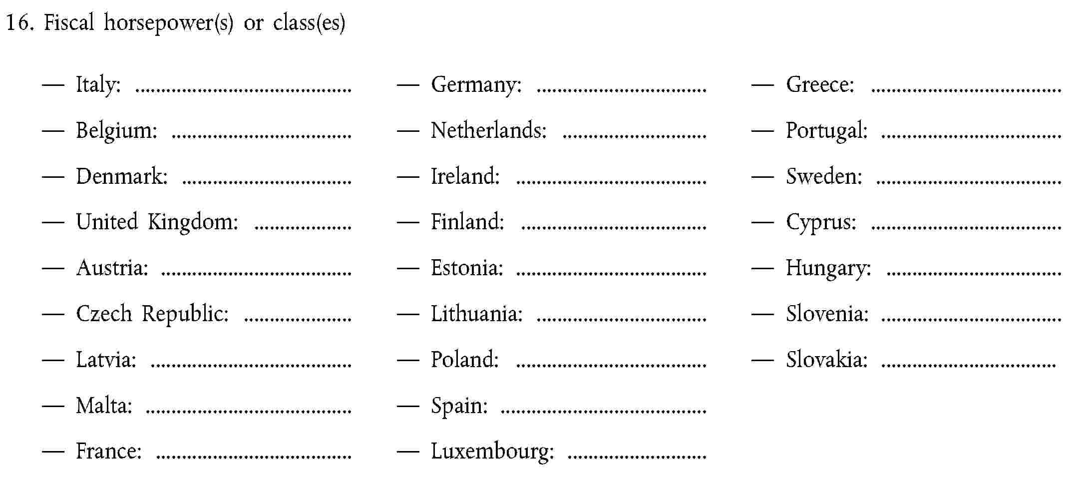 16. Fiscal horsepower(s) or class(es)Italy:Germany:Greece:Belgium:Netherlands:Portugal:Denmark:Ireland:Sweden:United Kingdom:Finland:Cyprus:Austria:Estonia:Hungary:Czech Republic:Lithuania:Slovenia:Latvia:Poland:Slovakia:Malta:Spain:France:Luxembourg: