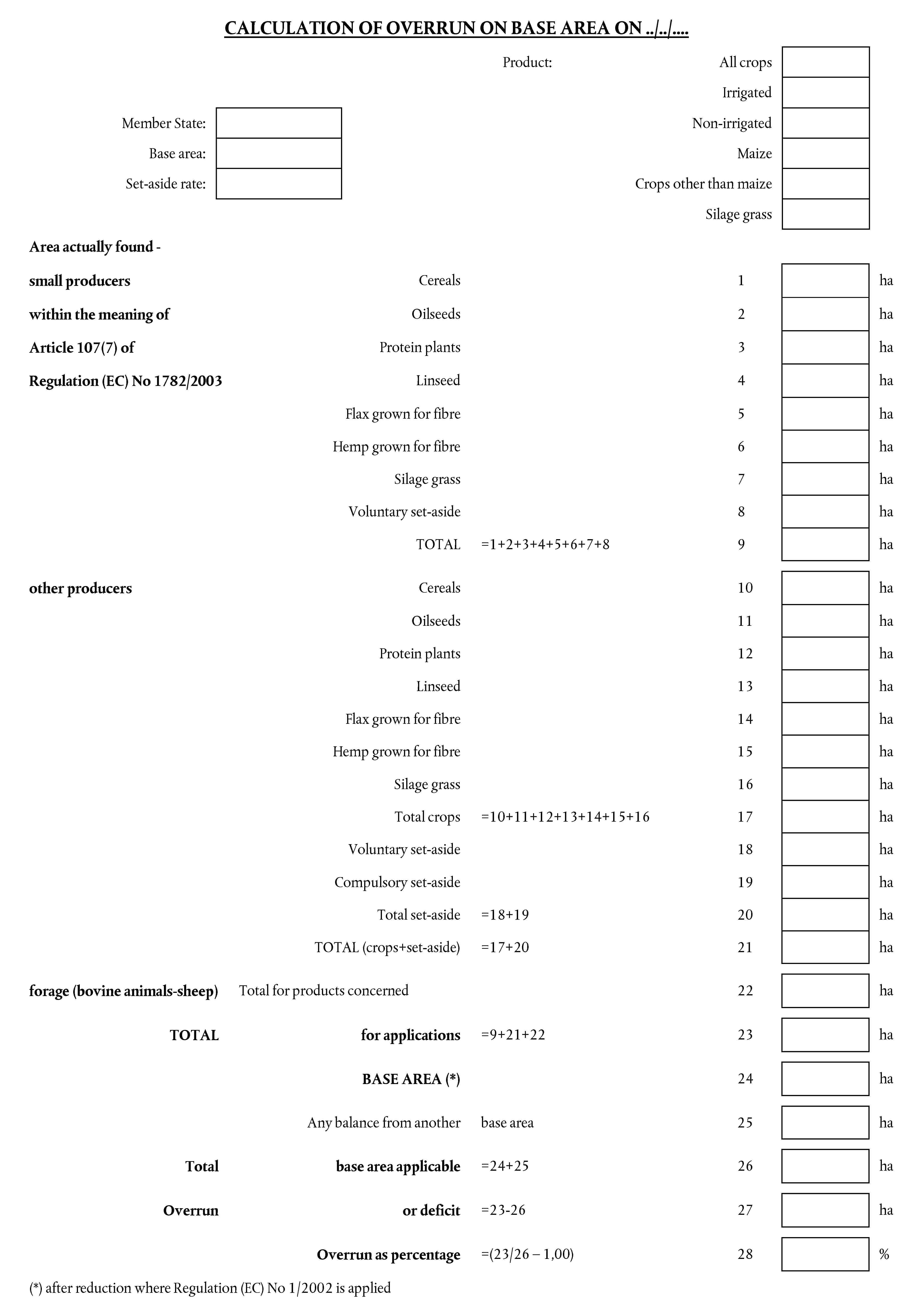 CALCULATION OF OVERRUN ON BASE AREA ON../../....Member State:Base area:Set-aside rate:Product:All cropsIrrigatedNon-irrigatedMaizeCrops other than maizeSilage grassArea actually found -small producerswithin the meaning ofArticle 107(7) ofRegulation (EC) No 1782/2003Cereals1haOilseeds2haProtein plants3haLinseed4haFlax grown for fibre5haHemp grown for fibre6haSilage grass7haVoluntary set-aside8haTOTAL =1+2+3+4+5+6+7+89haother producersCereals10haOilseeds11haProtein plants12haLinseed13haFlax grown for fibre14haHemp grown for fibre15haSilage grass16haTotal crops =10+11+12+13+14+15+1617haVoluntary set-aside18haCompulsory set-aside19haTotal set-aside =18+1920haTOTAL (crops+set-aside) =17+2021haforage (bovine animals-sheep)Total for products concerned22haTOTALfor applications =9+21+2223haBASE AREA (*)24haAny balance from another base area25haTotalbase area applicable =24+2526haOverrunor deficit =23-2627haOverrun as percentage =(23/26 - 1,00)28%(*) after reduction where Regulation (EC) No 1/2002 is applied