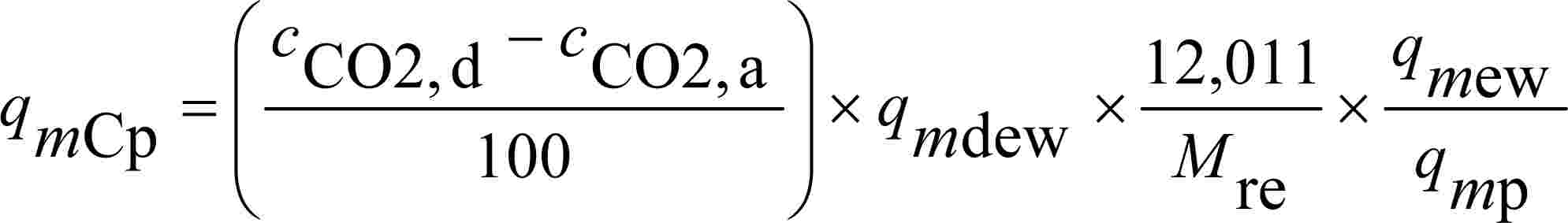 qmCp = (cCO2,d - cCO2,a 100) × qmdew × 12,011 Mre × qmew qmp