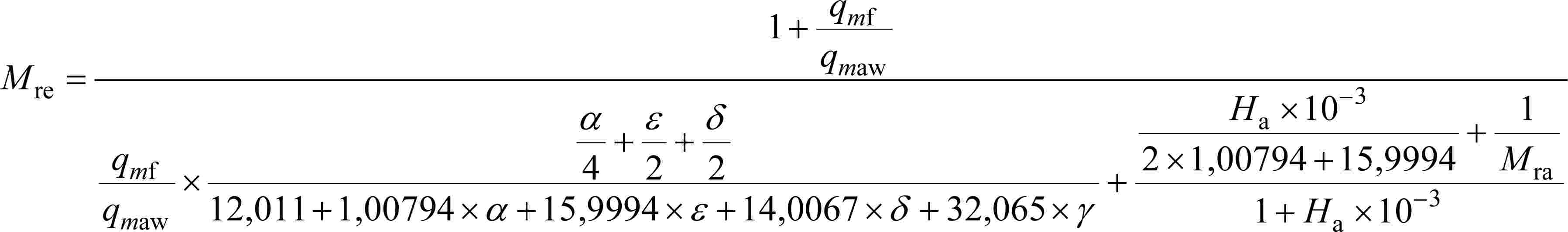 Mre = 1 + qmf qmaw qmf qmaw × α 4 + ε 2 + δ 2 12,011 + 1,00794 × α + 15,9994 × ε + 14,0067 × δ + 32,065 × γ Ha × 10–3 2 × 1,00794 + 15,9994 1 Mra 1 + Ha × 10–3