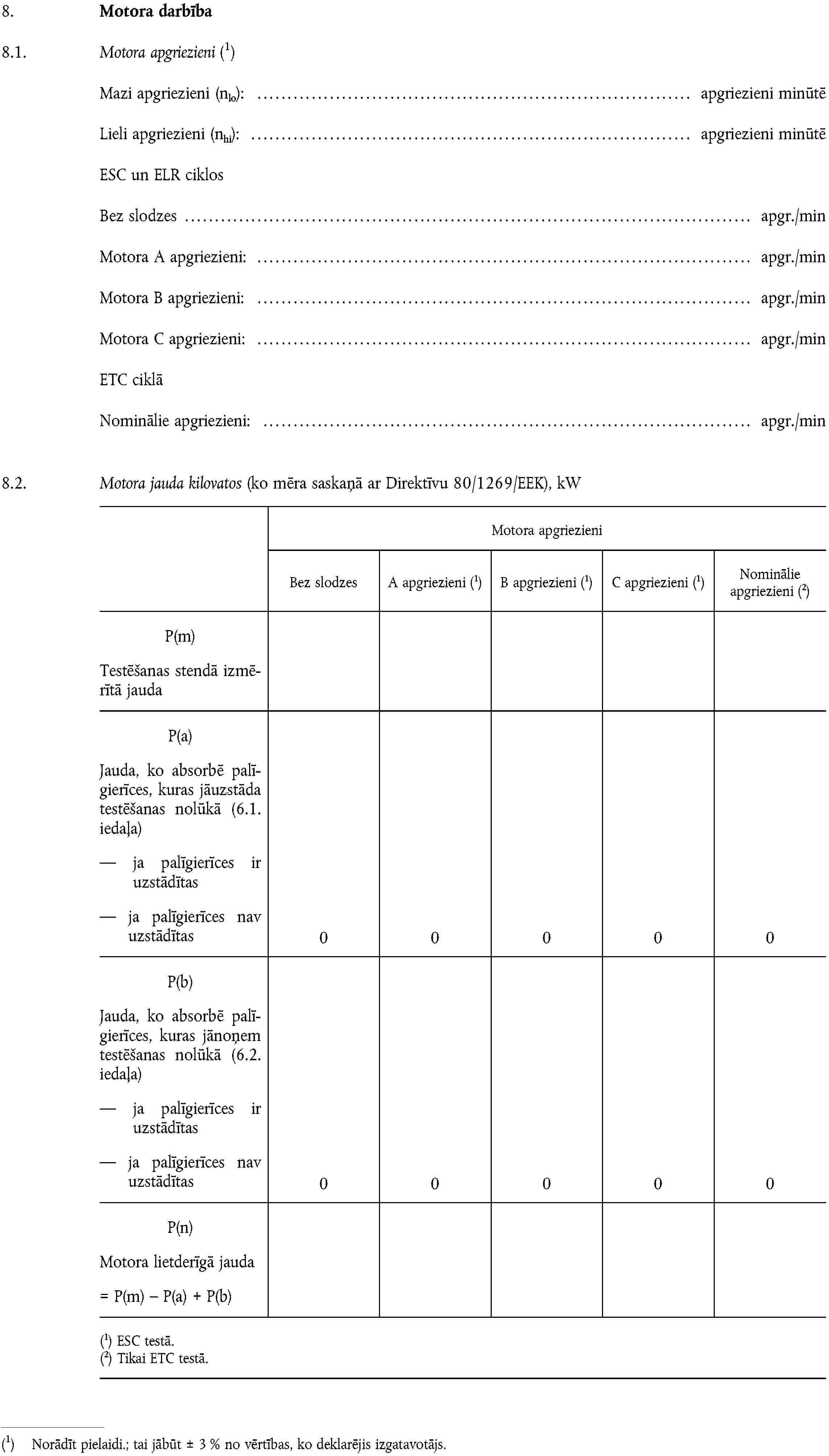 8. Motora darbība8.1. Motora apgriezieniNorādīt pielaidi.; tai jābūt ± 3 % no vērtības, ko deklarējis izgatavotājs.Mazi apgriezieni (nlo): apgriezieni minūtēLieli apgriezieni (nhi): apgriezieni minūtēESC un ELR ciklosBez slodzes apgr./minMotora A apgriezieni: apgr./minMotora B apgriezieni: apgr./minMotora C apgriezieni: apgr./minETC ciklāNominālie apgriezieni: apgr./min8.2. Motora jauda kilovatos (ko mēra saskaņā ar Direktīvu 80/1269/EEK), kW