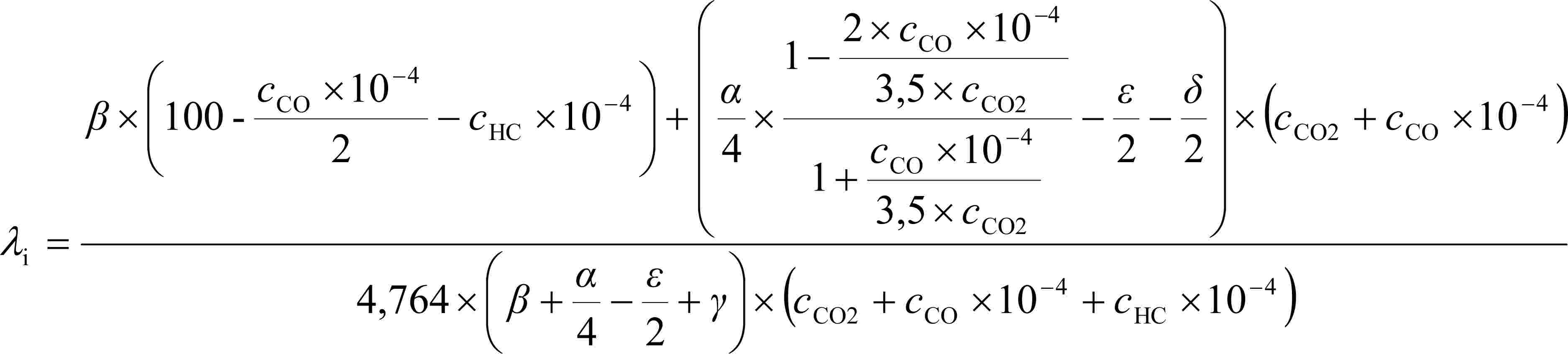 λi = β × (100 - cCO × 10–4 2 - cHC × 10–4) + (α 4 × 1 - 2 × cCO × 10–4 3,5 × cCO2 1 + cCO × 10–4 3,5 × cCO2 - ε 2 - δ 2) × (cCO2 + cCO × 10–4) 4,764 × (β + α 4 - ε 2 + γ) × (cCO2 + cCO × 10–4 + cHC × 10–4)