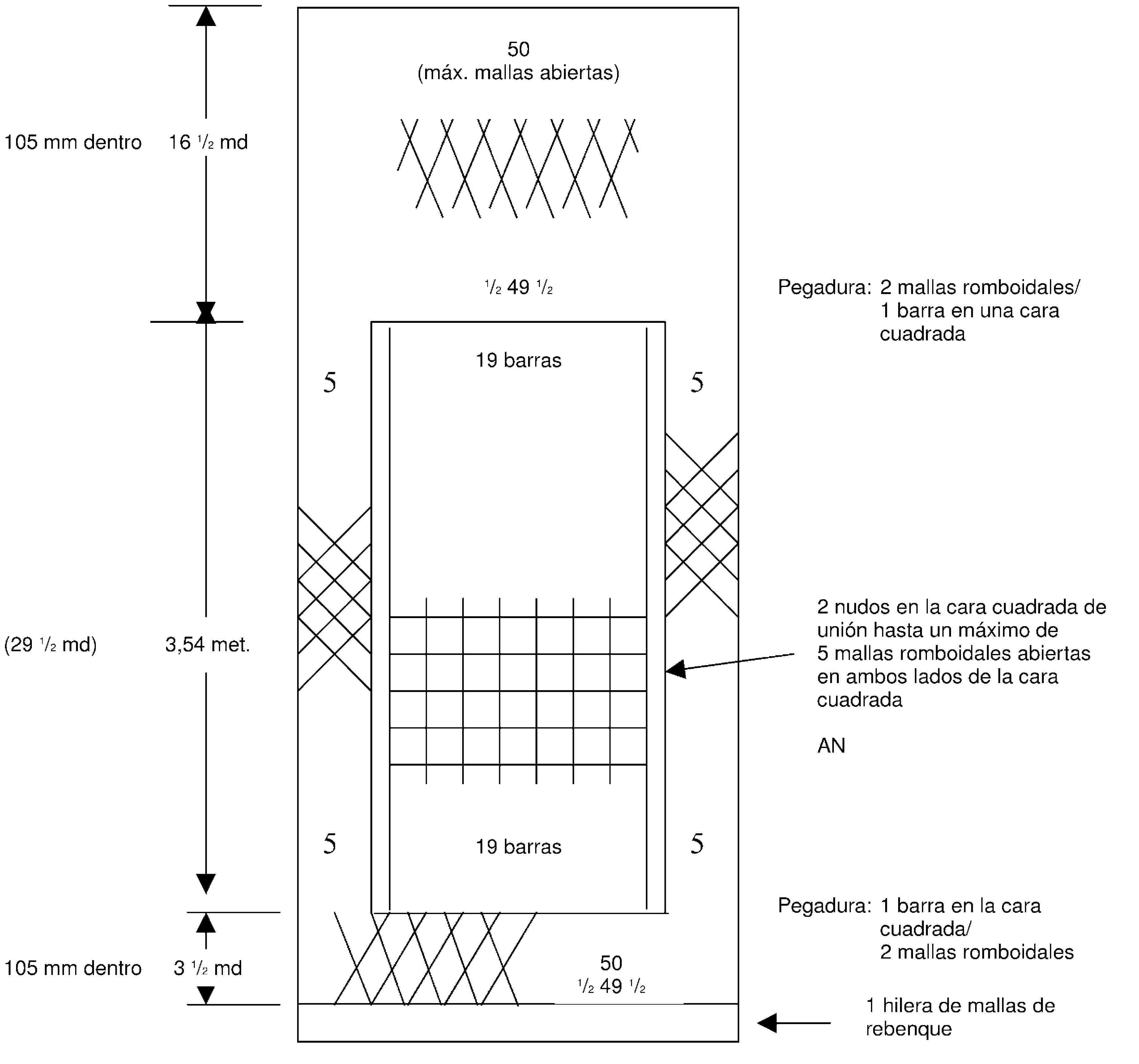 50 (máx. mallas abiertas)105 mm dentro16 1/2 md1/2 49 1/2Pegadura: 2 mallas romboidales/ 1 barra en una cara cuadrada19 barras(29 1/2 md)3,54 met.2 nudos en la cara cuadrada de unión hasta un máximo de 5 mallas romboidales abiertas en ambos lados de la cara cuadradaAN19 barrasPegadura: 1 barra en la cara cuadrada/ 2 mallas romboidales105 mm dentro3 1/2 md501/2 49 1/21 hilera de mallas de rebenque