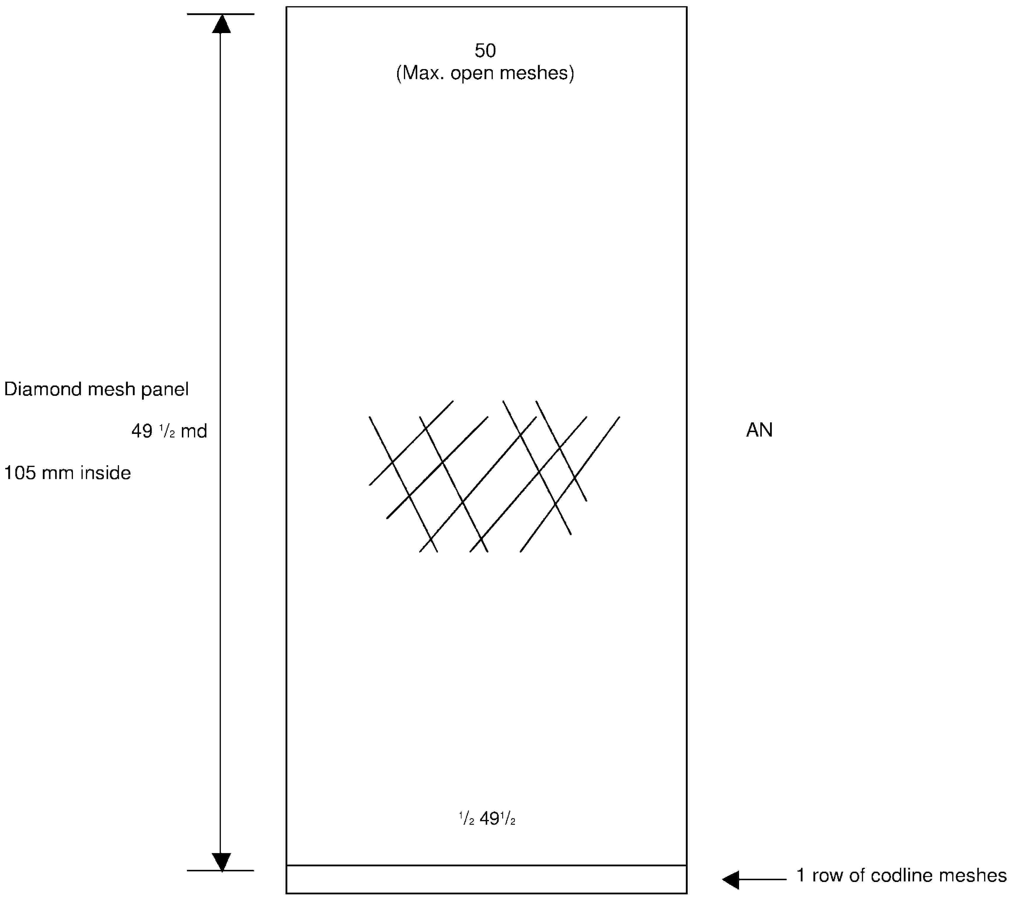 50 (Max. open meshes)Diamond mesh panel49 1/2 md105 mm insideAN1/2 49 1/21 row of codline meshes
