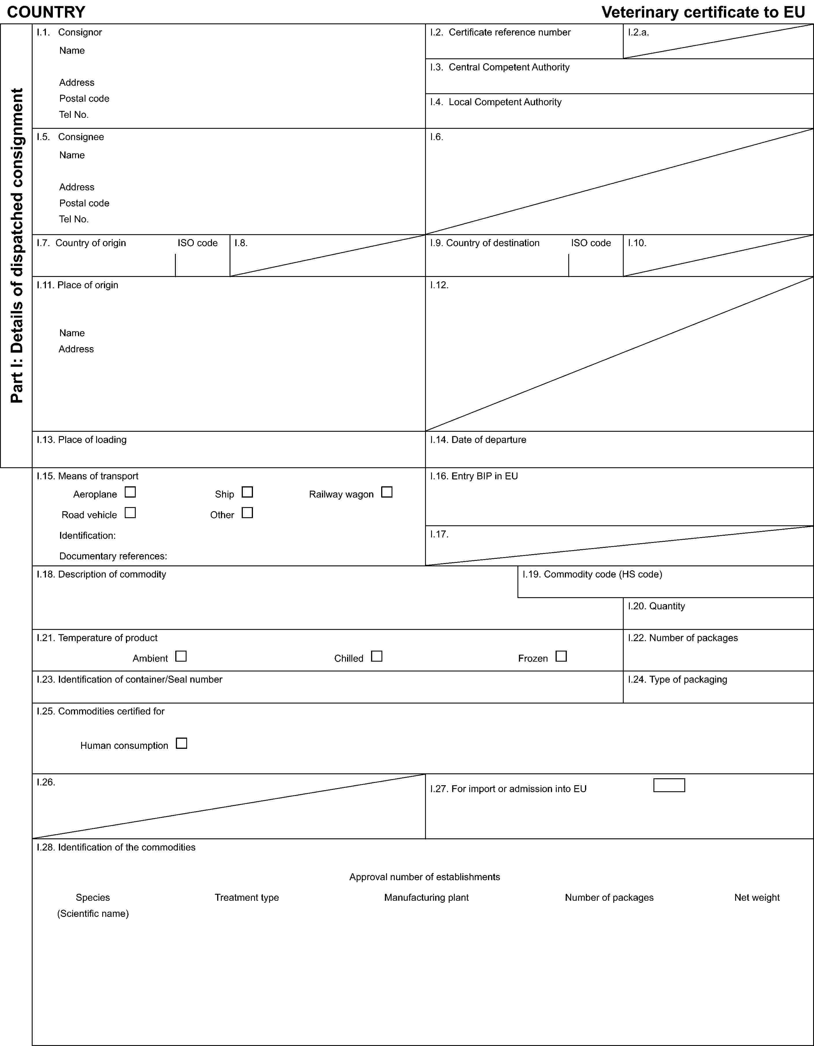 COUNTRYVeterinary certificate to EUPart I: Details of dispatched consignmentI.1. ConsignorNameAddressPostal codeTel No.I.2. Certificate reference numberI.2.a.I.3. Central Competent AuthorityI.4. Local Competent AuthorityI.5. ConsigneeNameAddressPostal codeTel No.I.6.I.7. Country of originISO codeI.8.I.9. Country of destinationISO codeI.10.I.11. Place of originNameAddressI.12.I.13. Place of loadingI.14. Date of departureI.15. Means of transportAeroplaneShipRailway wagonRoad vehicleOtherIdentification:Documentary references:I.16. Entry BIP in EUI.17.I.18. Description of commodityI.19. Commodity code (HS code)I.20. QuantityI.21. Temperature of productAmbientChilledFrozenI.22. Number of packagesI.23. Identification of container/Seal numberI.24. Type of packagingI.25. Commodities certified forHuman consumptionI.26.I.27. For import or admission into EUI.28. Identification of the commoditiesApproval number of establishmentsSpecies(Scientific name)Treatment typeManufacturing plantNumber of packagesNet weight