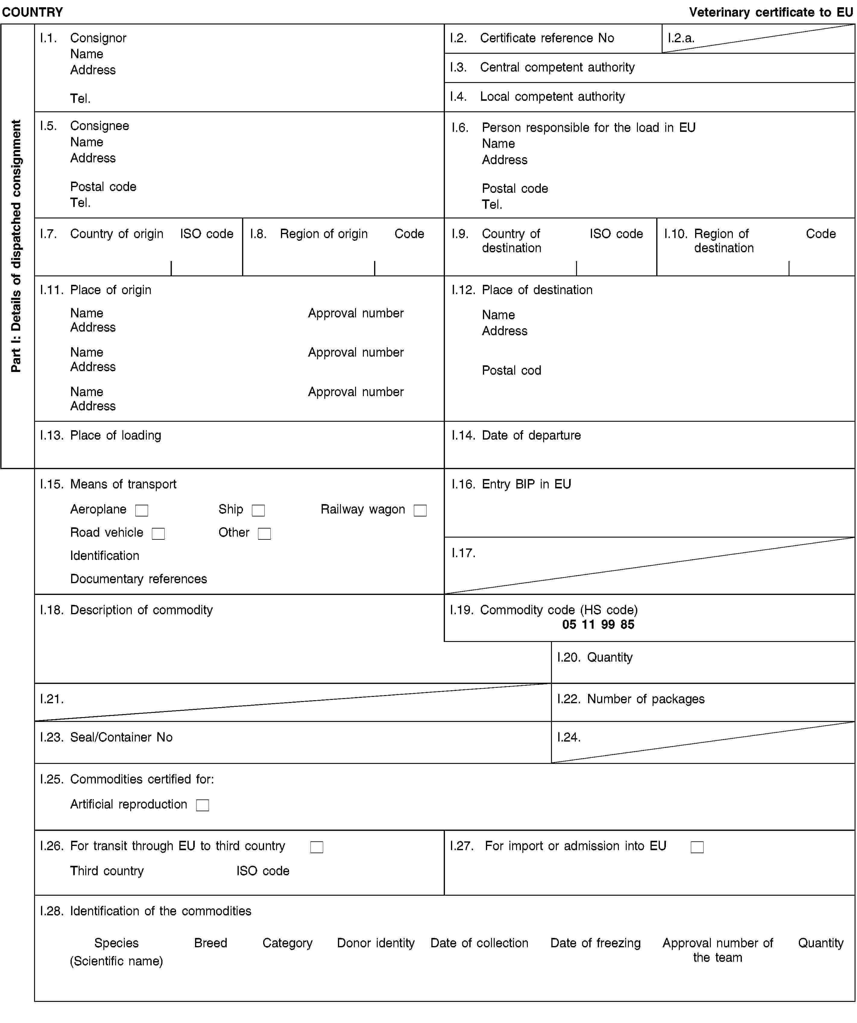 Part I: Details of dispatched consignmentCOUNTRYVeterinary certificate to EUI.1. ConsignorNameAddressTel.I.2. Certificate reference NoI.2.a.I.3. Central competent authorityI.4. Local competent authorityI.5. ConsigneeNameAddressPostal codeTel.I.6. Person responsible for the load in EUNameAddressPostal codeTel.I.7. Country of originISO codeI.8. Region of originCodeI.9. Country of destinationISO codeI.10. Region of destinationCodeI.11. Place of originNameApproval numberAddressNameApproval numberAddressNameApproval numberAddressI.12. Place of destinationNameAddressPostal codI.13. Place of loadingI.14. Date of departureI.15. Means of transportAeroplaneShipRailway wagonRoad vehicleOtherIdentificationDocumentary referencesI.16. Entry BIP in EUI.17.I.18. Description of commodityI.19. Commodity code (HS code)05 11 99 85I.20. QuantityI.21.I.22. Number of packagesI.23. Seal/Container NoI.24.I.25. Commodities certified for:Artificial reproductionI.26. For transit through EU to third countryThird countryISO codeI.27. For import or admission into EUI.28. Identification of the commoditiesSpecies(Scientific name)BreedCategoryDonor identityDate of collectionDate of freezingApproval number of the teamQuantity