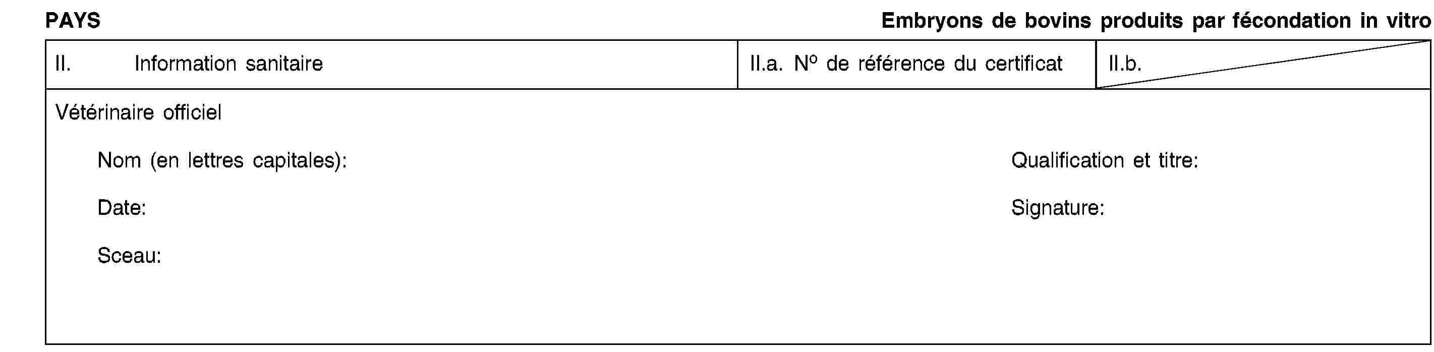 PAYSEmbryons de bovins produits par fécondation in vitroII. Information sanitaireII.a. No de référence du certificatII.b.Vétérinaire officielNom (en lettres capitales):Qualification et titre:Date:Signature:Sceau: