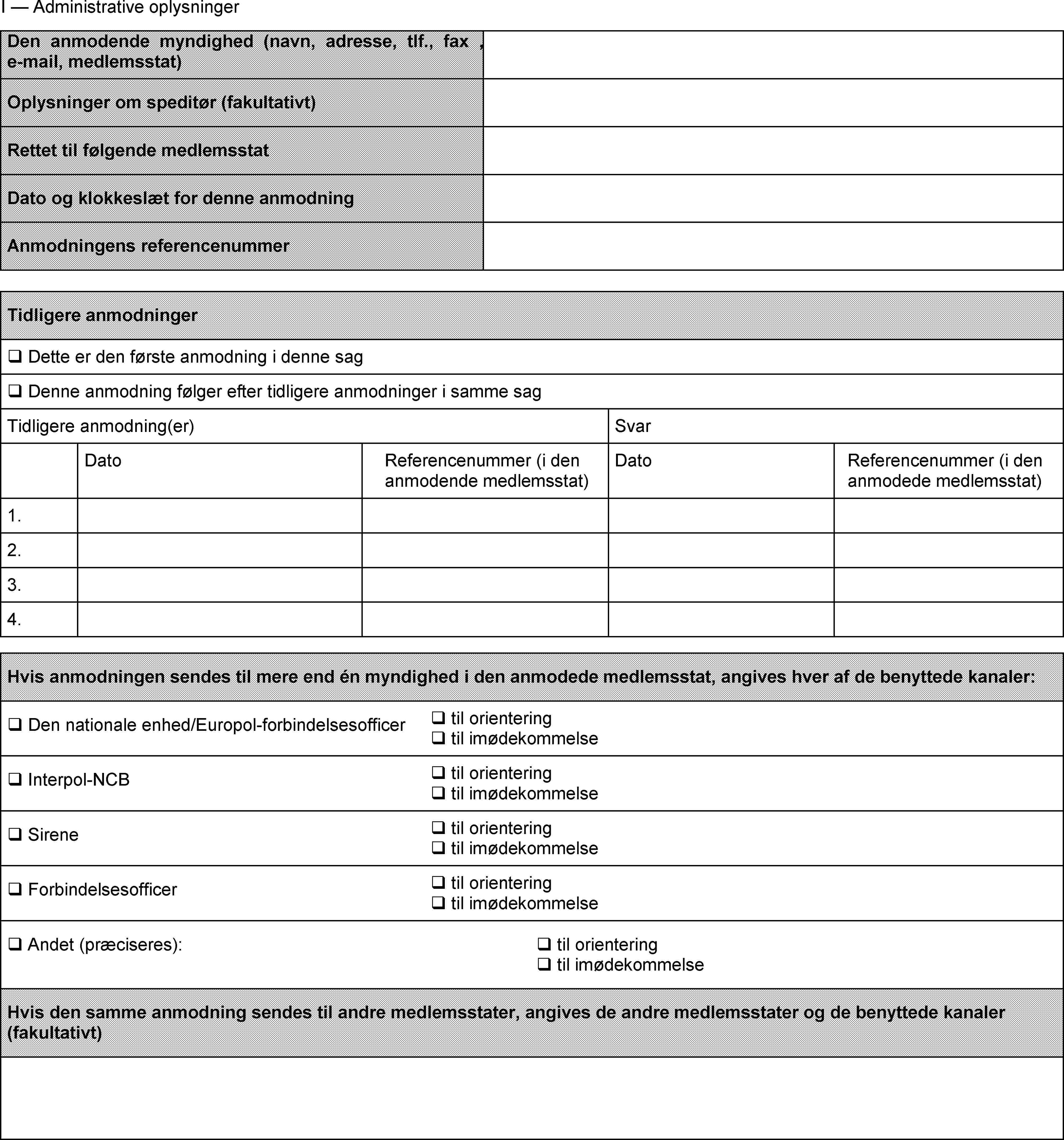 I — Administrative oplysningerDen anmodende myndighed (navn, adresse, tlf., fax , e-mail, medlemsstat)Oplysninger om speditør (fakultativt)Rettet til følgende medlemsstatDato og klokkeslæt for denne anmodningAnmodningens referencenummerTidligere anmodninger Dette er den første anmodning i denne sag Denne anmodning følger efter tidligere anmodninger i samme sagTidligere anmodning(er) SvarDato Referencenummer (i den anmodende medlemsstat) Dato Referencenummer (i den anmodede medlemsstat)1.2.3.4.Hvis anmodningen sendes til mere end én myndighed i den anmodede medlemsstat, angives hver af de benyttede kanaler: Den nationale enhed/Europol-forbindelsesofficer til orientering til imødekommelse Interpol-NCB til orientering til imødekommelse Sirene til orientering til imødekommelse Forbindelsesofficer til orientering til imødekommelse Andet (præciseres): til orientering til imødekommelseHvis den samme anmodning sendes til andre medlemsstater, angives de andre medlemsstater og de benyttede kanaler (fakultativt)