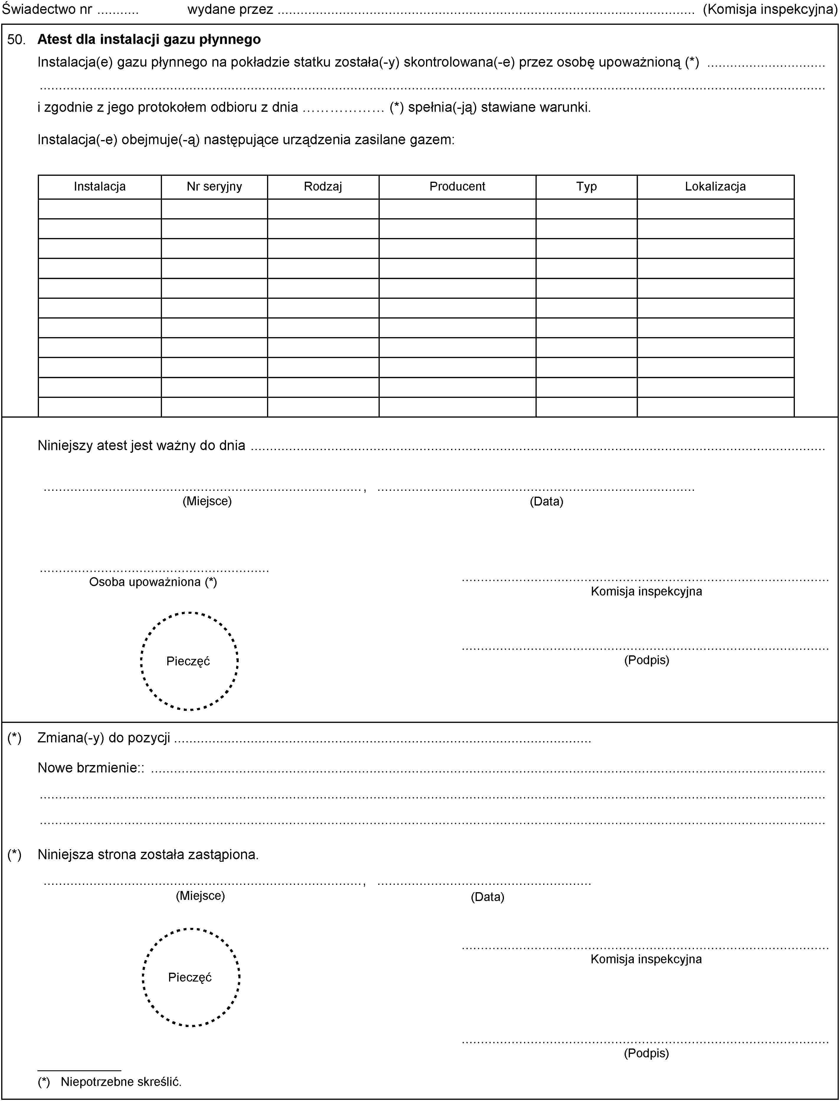 Świadectwo nr wydane przez (Komisja inspekcyjna)50.Atest dla instalacji gazu płynnegoInstalacja(e) gazu płynnego na pokładzie statku została(-y) skontrolowana(-e) przez osobę upoważnioną (*)i zgodnie z jego protokołem odbioru z dnia ……………… (*) spełnia(-ją) stawiane warunki.Instalacja(-e) obejmuje(-ą) następujące urządzenia zasilane gazem:InstalacjaNr seryjnyRodzajProducentTypLokalizacjaNiniejszy atest jest ważny do dnia,(Miejsce)(Data)Osoba upoważniona (*)PieczęćKomisja inspekcyjna(Podpis)(*)Zmiana(-y) do pozycjiNowe brzmienie::(*)Niniejsza strona została zastąpiona.(Data)(Miejsce),PieczęćKomisja inspekcyjna(Podpis)(*) Niepotrzebne skreślić.
