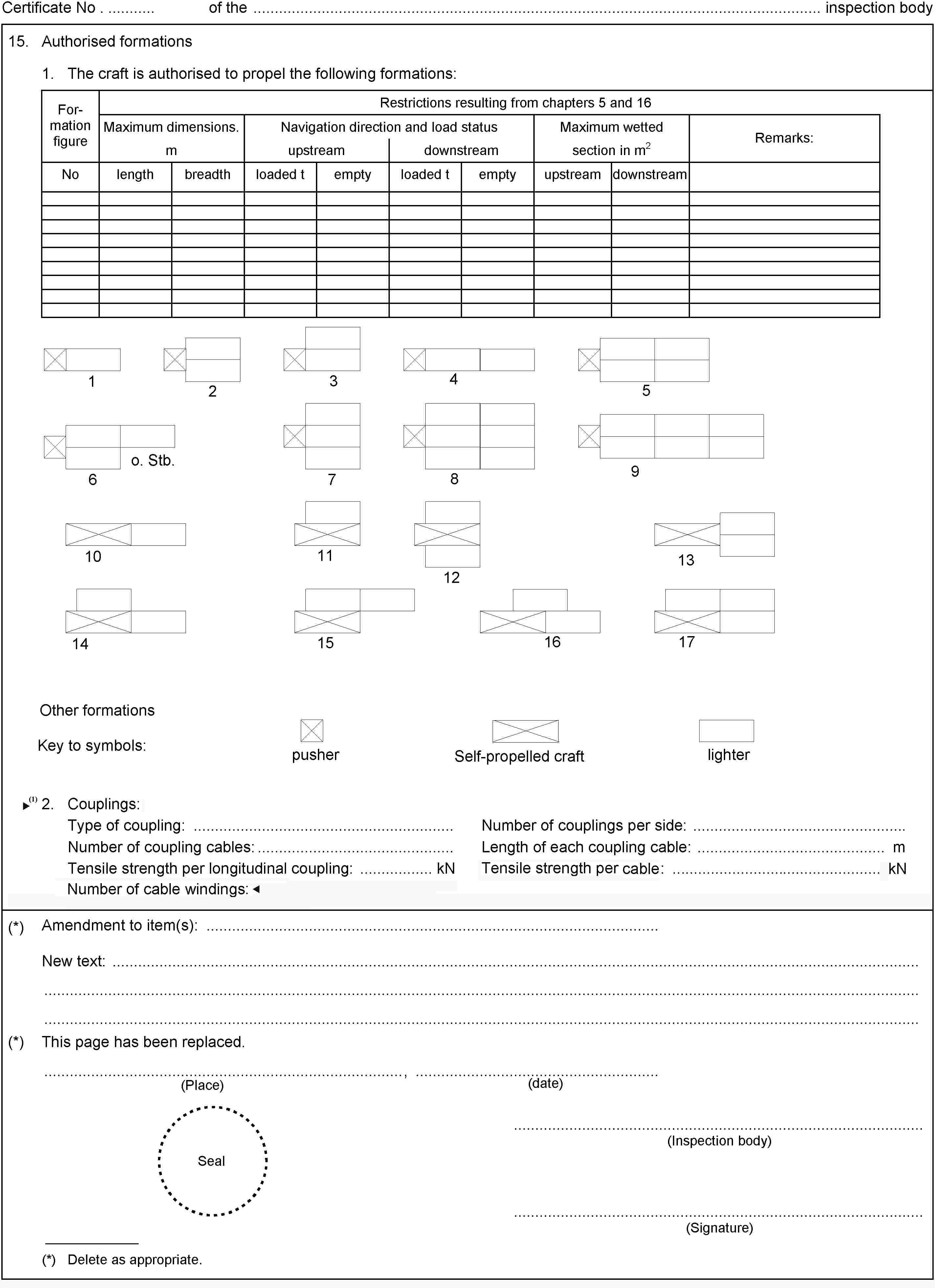 2. Couplings::Type of coupling:Number of couplings per side:Number of coupling cables:Length of each coupling cable: mTensile strength per longitudinal coupling: kNNumber of cable windings:Tensile strength per coupling cable: kNCertificate No . of the inspection body15.Authorised formations1. The craft is authorised to propel the following formations:Formation figureRestrictions resulting from chapters 5 and 16Maximum dimensions.Navigation direction and load statusMaximum wettedRemarks:mupstreamdownstreamsection in m2Nolengthbreadthloaded temptyloaded temptyupstreamdownstreamo. Stb.1716151413121110987654123Other formationsKey to symbols:pusherSelf-propelled craftlighter(*)Amendment to item(s):New text:(*)This page has been replaced.(date)(Place),Seal(Inspection body)(Signature)(*) Delete as appropriate.