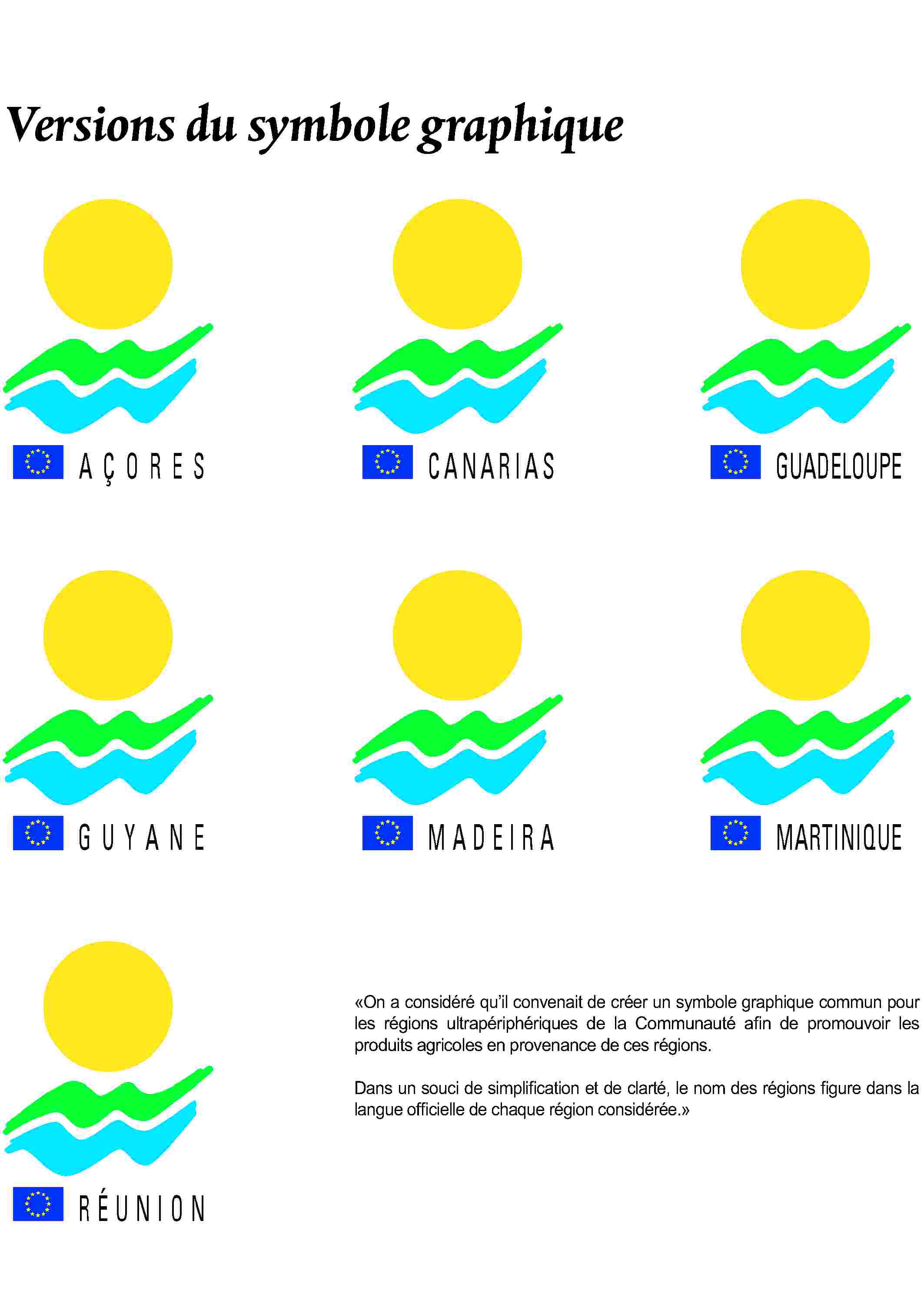 Versions du symbole graphiqueAÇORESCANARIASGUADELOUPEGUYANEMADEIRAMARTINIQUERÉUNION«On a considéré qu'il convenait de créer un symbole graphique commun pour les régions ultrapériphériques de la Communauté afin de promouvoir les produits agricoles en provenance de ces régions.Dans un souci de simplification et de clarté, le nom des régions figure dans la langue officielle de chaque région considérée.»