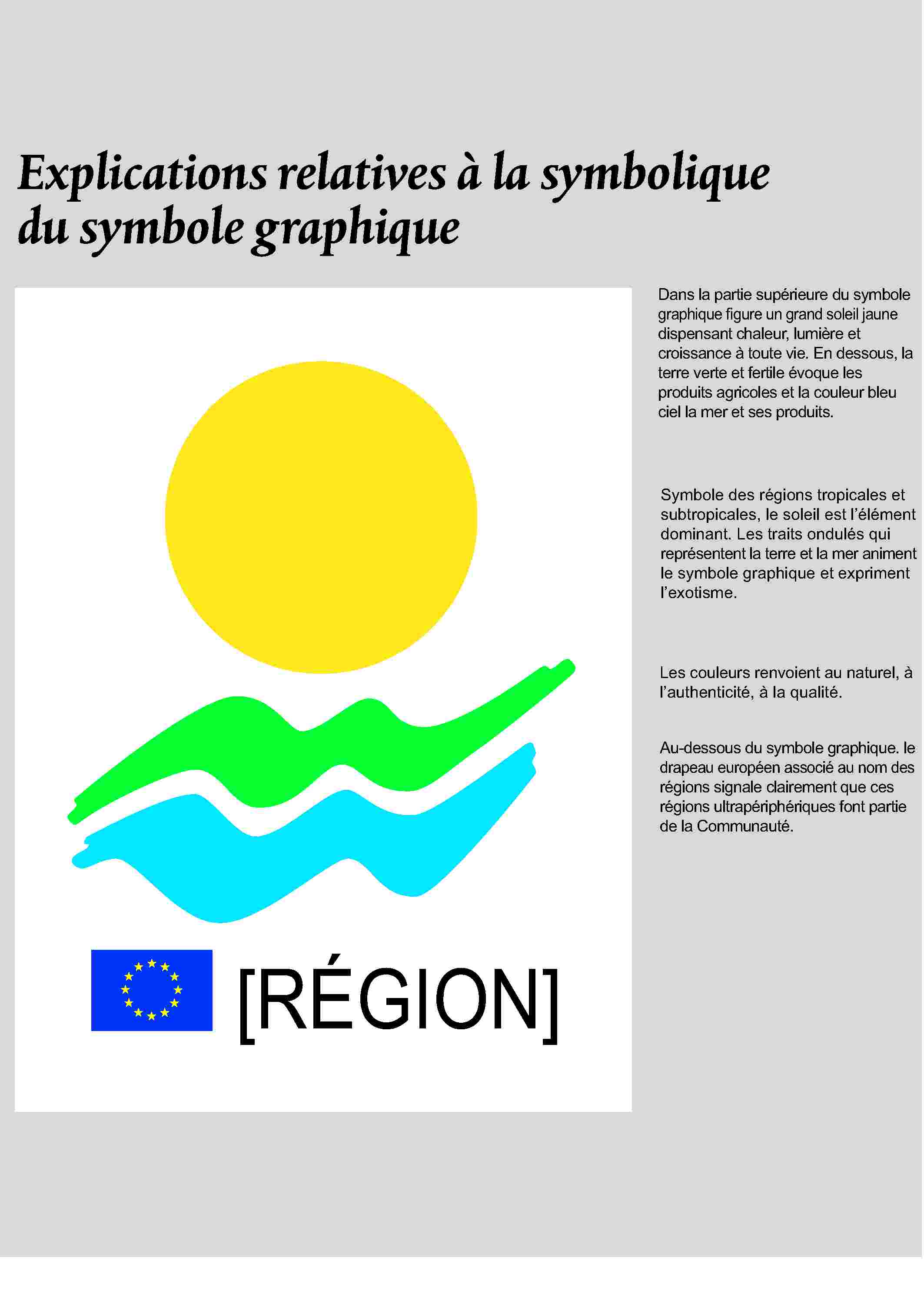 Explications relatives à la symbolique du symbole graphique[RÉGION]Dans la partie supérieure du symbole graphique figure un grand soleil jaune dispensant chaleur, lumière et croissance à toute vie. En dessous, la terre verte et fertile évoque les produits agricoles et la couleur bleu ciel la mer et ses produits.Symbole des régions tropicales et subtropicales, le soleil est l'élément dominant. Les traits ondulés qui représentent la terre et la mer animent le symbole graphique et expriment l'exotisme.Les couleurs renvoient au naturel, à l'authenticité, à la qualité.Au-dessous du symbole graphique. le drapeau européen associé au nom des régions signale clairement que ces régions ultrapériphériques font partie de la Communauté.