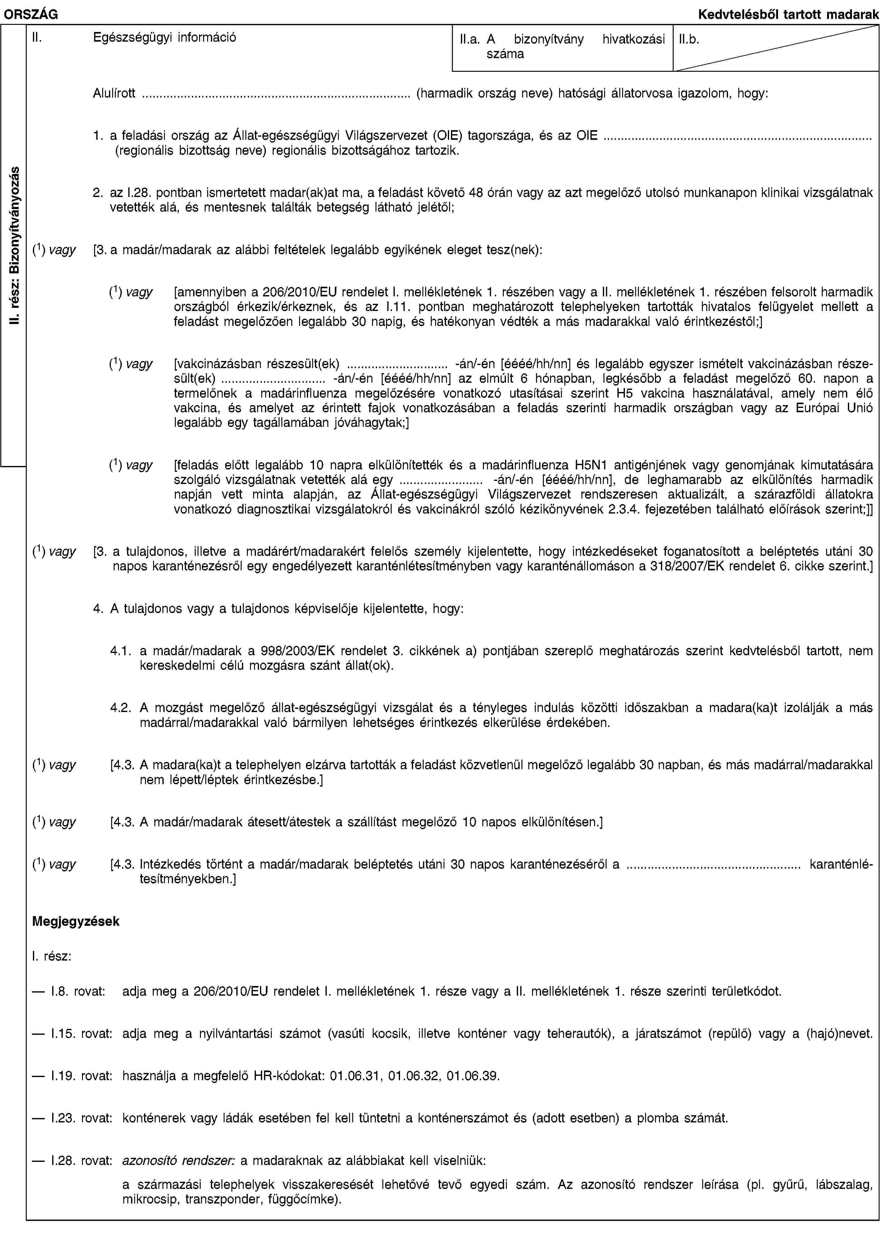 II. rész: BizonyítványozásORSZÁGKedvtelésből tartott madarakII. Egészségügyi információII.a. A bizonyítvány hivatkozási számaII.b.Alulírott … (harmadik ország neve) hatósági állatorvosa igazolom, hogy:1. a feladási ország az Állat-egészségügyi Világszervezet (OIE) tagországa, és az OIE … (regionális bizottság neve) regionális bizottságához tartozik.2. az I.28. pontban ismertetett madar(ak)at ma, a feladást követő 48 órán vagy az azt megelőző utolsó munkanapon klinikai vizsgálatnak vetették alá, és mentesnek találták betegség látható jelétől;(1) vagy [3. a madár/madarak az alábbi feltételek legalább egyikének eleget tesz(nek):(1) vagy [amennyiben a 206/2010/EU rendelet I. mellékletének 1. részében vagy a II. mellékletének 1. részében felsorolt harmadik országból érkezik/érkeznek, és az I.11. pontban meghatározott telephelyeken tartották hivatalos felügyelet mellett a feladást megelőzően legalább 30 napig, és hatékonyan védték a más madarakkal való érintkezéstől;](1) vagy [vakcinázásban részesült(ek) … -án/-én [éééé/hh/nn] és legalább egyszer ismételt vakcinázásban részesült(ek) … -án/-én [éééé/hh/nn] az elmúlt 6 hónapban, legkésőbb a feladást megelőző 60. napon a termelőnek a madárinfluenza megelőzésére vonatkozó utasításai szerint H5 vakcina használatával, amely nem élő vakcina, és amelyet az érintett fajok vonatkozásában a feladás szerinti harmadik országban vagy az Európai Unió legalább egy tagállamában jóváhagytak;](1) vagy [feladás előtt legalább 10 napra elkülönítették és a madárinfluenza H5N1 antigénjének vagy genomjának kimutatására szolgáló vizsgálatnak vetették alá egy … -án/-én [éééé/hh/nn], de leghamarabb az elkülönítés harmadik napján vett minta alapján, az Állat-egészségügyi Világszervezet rendszeresen aktualizált, a szárazföldi állatokra vonatkozó diagnosztikai vizsgálatokról és vakcinákról szóló kézikönyvének 2.3.4. fejezetében található előírások szerint;]](1) vagy [3. a tulajdonos, illetve a madárért/madarakért felelős személy kijelentette, hogy intézkedéseket foganatosított a beléptetés utáni 30 napos karanténezésről egy engedélyezett karanténlétesítményben vagy karanténállomáson a 318/2007/EK rendelet 6. cikke szerint.]4. A tulajdonos vagy a tulajdonos képviselője kijelentette, hogy:4.1. a madár/madarak a 998/2003/EK rendelet 3. cikkének a) pontjában szereplő meghatározás szerint kedvtelésből tartott, nem kereskedelmi célú mozgásra szánt állat(ok).4.2. A mozgást megelőző állat-egészségügyi vizsgálat és a tényleges indulás közötti időszakban a madara(ka)t izolálják a más madárral/madarakkal való bármilyen lehetséges érintkezés elkerülése érdekében.(1) vagy [4.3. A madara(ka)t a telephelyen elzárva tartották a feladást közvetlenül megelőző legalább 30 napban, és más madárral/madarakkal nem lépett/léptek érintkezésbe.](1) vagy [4.3. A madár/madarak átesett/átestek a szállítást megelőző 10 napos elkülönítésen.](1) vagy [4.3. Intézkedés történt a madár/madarak beléptetés utáni 30 napos karanténezéséről a … karanténlétesítményekben.]MegjegyzésekI. rész:I.8. rovat: adja meg a 206/2010/EU rendelet I. mellékletének 1. része vagy a II. mellékletének 1. része szerinti területkódot.I.15. rovat: adja meg a nyilvántartási számot (vasúti kocsik, illetve konténer vagy teherautók), a járatszámot (repülő) vagy a (hajó)nevet.I.19. rovat: használja a megfelelő HR-kódokat: 01.06.31, 01.06.32, 01.06.39.I.23. rovat: konténerek vagy ládák esetében fel kell tüntetni a konténerszámot és (adott esetben) a plomba számát.I.28. rovat: azonosító rendszer: a madaraknak az alábbiakat kell viselniük:a származási telephelyek visszakeresését lehetővé tevő egyedi szám. Az azonosító rendszer leírása (pl. gyűrű, lábszalag, mikrocsip, transzponder, függőcímke).