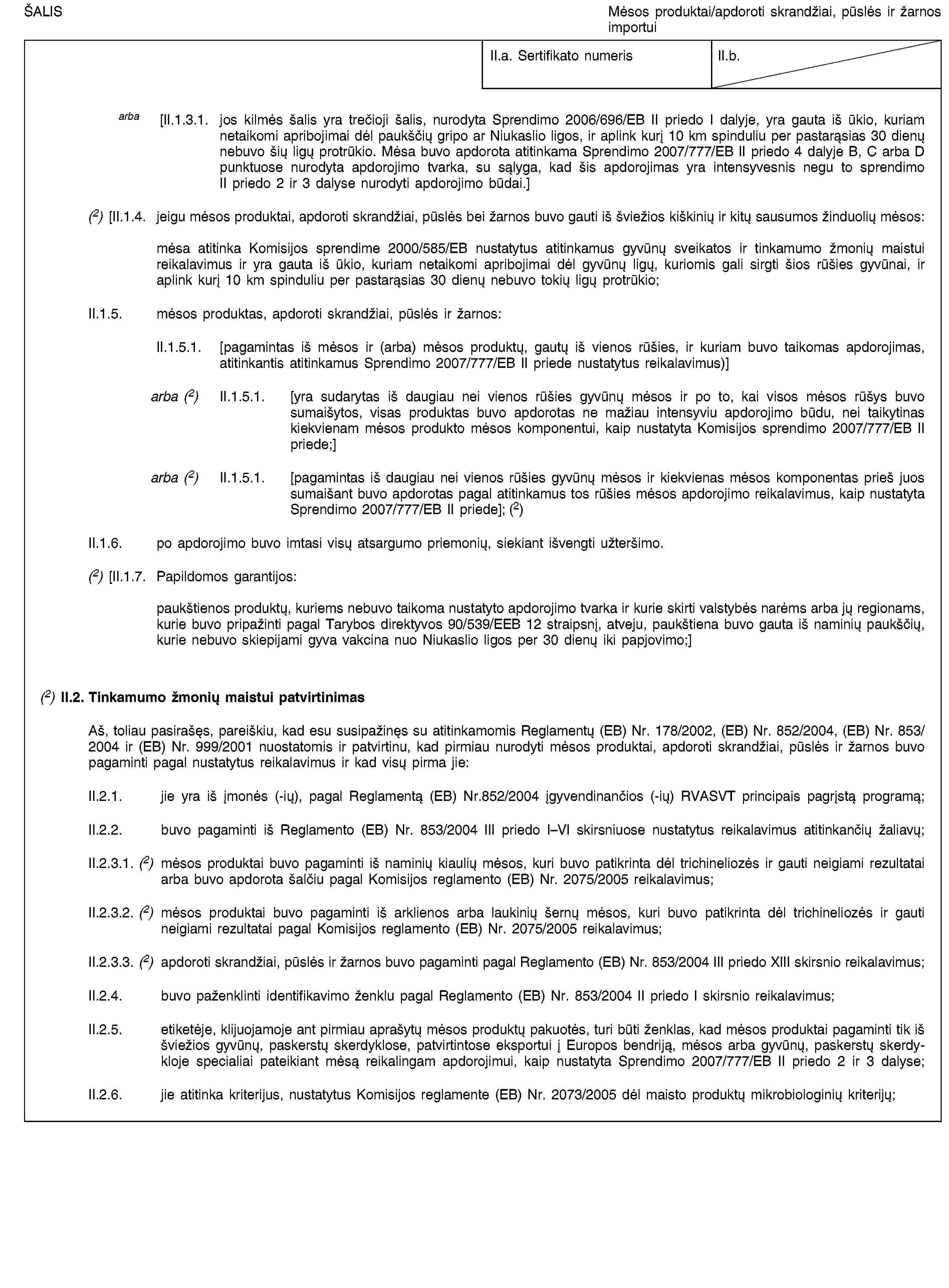 ŠALISMėsos produktai/apdoroti skrandžiai, pūslės ir žarnos importuiII.a. Sertifikato numerisII.b.arba [II.1.3.1. jos kilmės šalis yra trečioji šalis, nurodyta Sprendimo 2006/696/EB II priedo I dalyje, yra gauta iš ūkio, kuriam netaikomi apribojimai dėl paukščių gripo ar Niukaslio ligos, ir aplink kurį 10 km spinduliu per pastarąsias 30 dienų nebuvo šių ligų protrūkio. Mėsa buvo apdorota atitinkama Sprendimo 2007/777/EB II priedo 4 dalyje B, C arba D punktuose nurodyta apdorojimo tvarka, su sąlyga, kad šis apdorojimas yra intensyvesnis negu to sprendimo II priedo 2 ir 3 dalyse nurodyti apdorojimo būdai.](2) [II.1.4. jeigu mėsos produktai, apdoroti skrandžiai, pūslės bei žarnos buvo gauti iš šviežios kiškinių ir kitų sausumos žinduolių mėsos:mėsa atitinka Komisijos sprendime 2000/585/EB nustatytus atitinkamus gyvūnų sveikatos ir tinkamumo žmonių maistui reikalavimus ir yra gauta iš ūkio, kuriam netaikomi apribojimai dėl gyvūnų ligų, kuriomis gali sirgti šios rūšies gyvūnai, ir aplink kurį 10 km spinduliu per pastarąsias 30 dienų nebuvo tokių ligų protrūkio;II.1.5. mėsos produktas, apdoroti skrandžiai, pūslės ir žarnos:II.1.5.1. [pagamintas iš mėsos ir (arba) mėsos produktų, gautų iš vienos rūšies, ir kuriam buvo taikomas apdorojimas, atitinkantis atitinkamus Sprendimo 2007/777/EB II priede nustatytus reikalavimus)]arba (2) II.1.5.1. [yra sudarytas iš daugiau nei vienos rūšies gyvūnų mėsos ir po to, kai visos mėsos rūšys buvo sumaišytos, visas produktas buvo apdorotas ne mažiau intensyviu apdorojimo būdu, nei taikytinas kiekvienam mėsos produkto mėsos komponentui, kaip nustatyta Komisijos sprendimo 2007/777/EB II priede;]arba (2) II.1.5.1. [pagamintas iš daugiau nei vienos rūšies gyvūnų mėsos ir kiekvienas mėsos komponentas prieš juos sumaišant buvo apdorotas pagal atitinkamus tos rūšies mėsos apdorojimo reikalavimus, kaip nustatyta Sprendimo 2007/777/EB II priede]; (2)II.1.6. po apdorojimo buvo imtasi visų atsargumo priemonių, siekiant išvengti užteršimo.(2) [II.1.7. Papildomos garantijos:paukštienos produktų, kuriems nebuvo taikoma nustatyto apdorojimo tvarka ir kurie skirti valstybės narėms arba jų regionams, kurie buvo pripažinti pagal Tarybos direktyvos 90/539/EEB 12 straipsnį, atveju, paukštiena buvo gauta iš naminių paukščių, kurie nebuvo skiepijami gyva vakcina nuo Niukaslio ligos per 30 dienų iki papjovimo;](2) II.2. Tinkamumo žmonių maistui patvirtinimasAš, toliau pasirašęs, pareiškiu, kad esu susipažinęs su atitinkamomis Reglamentų (EB) Nr. 178/2002, (EB) Nr. 852/2004, (EB) Nr. 853/2004 ir (EB) Nr. 999/2001 nuostatomis ir patvirtinu, kad pirmiau nurodyti mėsos produktai, apdoroti skrandžiai, pūslės ir žarnos buvo pagaminti pagal nustatytus reikalavimus ir kad visų pirma jie:II.2.1. jie yra iš įmonės (-ių), pagal Reglamentą (EB) Nr.852/2004 įgyvendinančios (-ių) RVASVT principais pagrįstą programą;II.2.2. buvo pagaminti iš Reglamento (EB) Nr. 853/2004 III priedo I–VI skirsniuose nustatytus reikalavimus atitinkančių žaliavų;II.2.3.1. (2) mėsos produktai buvo pagaminti iš naminių kiaulių mėsos, kuri buvo patikrinta dėl trichineliozės ir gauti neigiami rezultatai arba buvo apdorota šalčiu pagal Komisijos reglamento (EB) Nr. 2075/2005 reikalavimus;II.2.3.2. (2) mėsos produktai buvo pagaminti iš arklienos arba laukinių šernų mėsos, kuri buvo patikrinta dėl trichineliozės ir gauti neigiami rezultatai pagal Komisijos reglamento (EB) Nr. 2075/2005 reikalavimus;II.2.3.3. (2) apdoroti skrandžiai, pūslės ir žarnos buvo pagaminti pagal Reglamento (EB) Nr. 853/2004 III priedo XIII skirsnio reikalavimus;II.2.4. buvo paženklinti identifikavimo ženklu pagal Reglamento (EB) Nr. 853/2004 II priedo I skirsnio reikalavimus;II.2.5. etiketėje, klijuojamoje ant pirmiau aprašytų mėsos produktų pakuotės, turi būti ženklas, kad mėsos produktai pagaminti tik iš šviežios gyvūnų, paskerstų skerdyklose, patvirtintose eksportui į Europos bendriją, mėsos arba gyvūnų, paskerstų skerdykloje specialiai pateikiant mėsą reikalingam apdorojimui, kaip nustatyta Sprendimo 2007/777/EB II priedo 2 ir 3 dalyse;II.2.6. jie atitinka kriterijus, nustatytus Komisijos reglamente (EB) Nr. 2073/2005 dėl maisto produktų mikrobiologinių kriterijų;