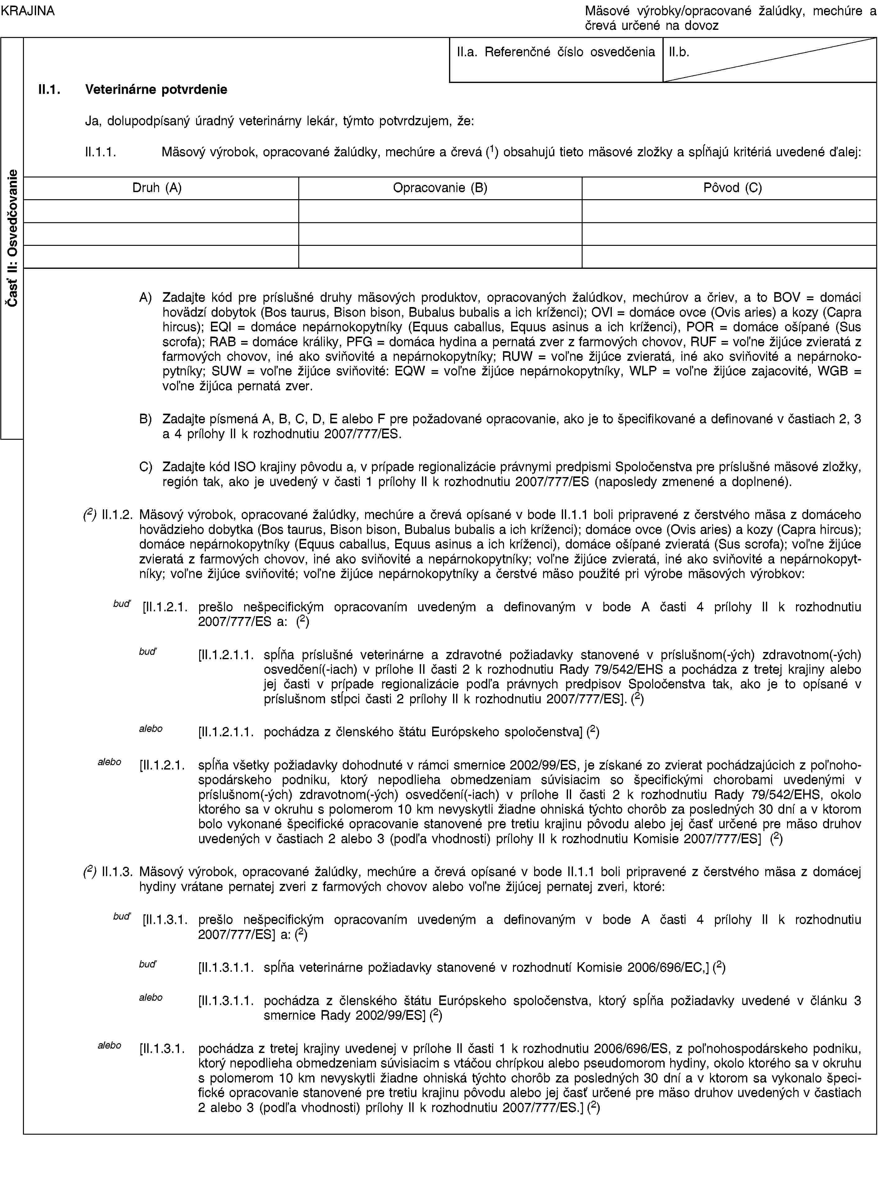 Časť II: OsvedčovanieKRAJINAMäsové výrobky/opracované žalúdky, mechúre a črevá určené na dovozII.a. Referenčné číslo osvedčeniaII.b.II.1. Veterinárne potvrdenieJa, dolupodpísaný úradný veterinárny lekár, týmto potvrdzujem, že:II.1.1. Mäsový výrobok, opracované žalúdky, mechúre a črevá (1) obsahujú tieto mäsové zložky a spĺňajú kritériá uvedené ďalej:Druh (A)Opracovanie (B)Pôvod (C)A) Zadajte kód pre príslušné druhy mäsových produktov, opracovaných žalúdkov, mechúrov a čriev, a to BOV = domáci hovädzí dobytok (Bos taurus, Bison bison, Bubalus bubalis a ich kríženci); OVI = domáce ovce (Ovis aries) a kozy (Capra hircus); EQI = domáce nepárnokopytníky (Equus caballus, Equus asinus a ich kríženci), POR = domáce ošípané (Sus scrofa); RAB = domáce králiky, PFG = domáca hydina a pernatá zver z farmových chovov, RUF = voľne žijúce zvieratá z farmových chovov, iné ako sviňovité a nepárnokopytníky; RUW = voľne žijúce zvieratá, iné ako sviňovité a nepárnokopytníky; SUW = voľne žijúce sviňovité: EQW = voľne žijúce nepárnokopytníky, WLP = voľne žijúce zajacovité, WGB = voľne žijúca pernatá zver.B) Zadajte písmená A, B, C, D, E alebo F pre požadované opracovanie, ako je to špecifikované a definované v častiach 2, 3 a 4 prílohy II k rozhodnutiu 2007/777/ES.C) Zadajte kód ISO krajiny pôvodu a, v prípade regionalizácie právnymi predpismi Spoločenstva pre príslušné mäsové zložky, región tak, ako je uvedený v časti 1 prílohy II k rozhodnutiu 2007/777/ES (naposledy zmenené a doplnené).(2) II.1.2. Mäsový výrobok, opracované žalúdky, mechúre a črevá opísané v bode II.1.1 boli pripravené z čerstvého mäsa z domáceho hovädzieho dobytka (Bos taurus, Bison bison, Bubalus bubalis a ich kríženci); domáce ovce (Ovis aries) a kozy (Capra hircus); domáce nepárnokopytníky (Equus caballus, Equus asinus a ich kríženci), domáce ošípané zvieratá (Sus scrofa); voľne žijúce zvieratá z farmových chovov, iné ako sviňovité a nepárnokopytníky; voľne žijúce zvieratá, iné ako sviňovité a nepárnokopytníky; voľne žijúce sviňovité; voľne žijúce nepárnokopytníky a čerstvé mäso použité pri výrobe mäsových výrobkov:buď [II.1.2.1. prešlo nešpecifickým opracovaním uvedeným a definovaným v bode A časti 4 prílohy II k rozhodnutiu 2007/777/ES a: (2)buď [II.1.2.1.1. spĺňa príslušné veterinárne a zdravotné požiadavky stanovené v príslušnom(-ých) zdravotnom(-ých) osvedčení(-iach) v prílohe II časti 2 k rozhodnutiu Rady 79/542/EHS a pochádza z tretej krajiny alebo jej časti v prípade regionalizácie podľa právnych predpisov Spoločenstva tak, ako je to opísané v príslušnom stĺpci časti 2 prílohy II k rozhodnutiu 2007/777/ES]. (2)alebo [II.1.2.1.1. pochádza z členského štátu Európskeho spoločenstva] (2)alebo [II.1.2.1. spĺňa všetky požiadavky dohodnuté v rámci smernice 2002/99/ES, je získané zo zvierat pochádzajúcich z poľnohospodárskeho podniku, ktorý nepodlieha obmedzeniam súvisiacim so špecifickými chorobami uvedenými v príslušnom(-ých) zdravotnom(-ých) osvedčení(-iach) v prílohe II časti 2 k rozhodnutiu Rady 79/542/EHS, okolo ktorého sa v okruhu s polomerom 10 km nevyskytli žiadne ohniská týchto chorôb za posledných 30 dní a v ktorom bolo vykonané špecifické opracovanie stanovené pre tretiu krajinu pôvodu alebo jej časť určené pre mäso druhov uvedených v častiach 2 alebo 3 (podľa vhodnosti) prílohy II k rozhodnutiu Komisie 2007/777/ES] (2)(2) II.1.3. Mäsový výrobok, opracované žalúdky, mechúre a črevá opísané v bode II.1.1 boli pripravené z čerstvého mäsa z domácej hydiny vrátane pernatej zveri z farmových chovov alebo voľne žijúcej pernatej zveri, ktoré:buď [II.1.3.1. prešlo nešpecifickým opracovaním uvedeným a definovaným v bode A časti 4 prílohy II k rozhodnutiu 2007/777/ES] a: (2)buď [II.1.3.1.1. spĺňa veterinárne požiadavky stanovené v rozhodnutí Komisie 2006/696/EC,] (2)alebo [II.1.3.1.1. pochádza z členského štátu Európskeho spoločenstva, ktorý spĺňa požiadavky uvedené v článku 3 smernice Rady 2002/99/ES] (2)alebo [II.1.3.1. pochádza z tretej krajiny uvedenej v prílohe II časti 1 k rozhodnutiu 2006/696/ES, z poľnohospodárskeho podniku, ktorý nepodlieha obmedzeniam súvisiacim s vtáčou chrípkou alebo pseudomorom hydiny, okolo ktorého sa v okruhu s polomerom 10 km nevyskytli žiadne ohniská týchto chorôb za posledných 30 dní a v ktorom sa vykonalo špecifické opracovanie stanovené pre tretiu krajinu pôvodu alebo jej časť určené pre mäso druhov uvedených v častiach 2 alebo 3 (podľa vhodnosti) prílohy II k rozhodnutiu 2007/777/ES.] (2)