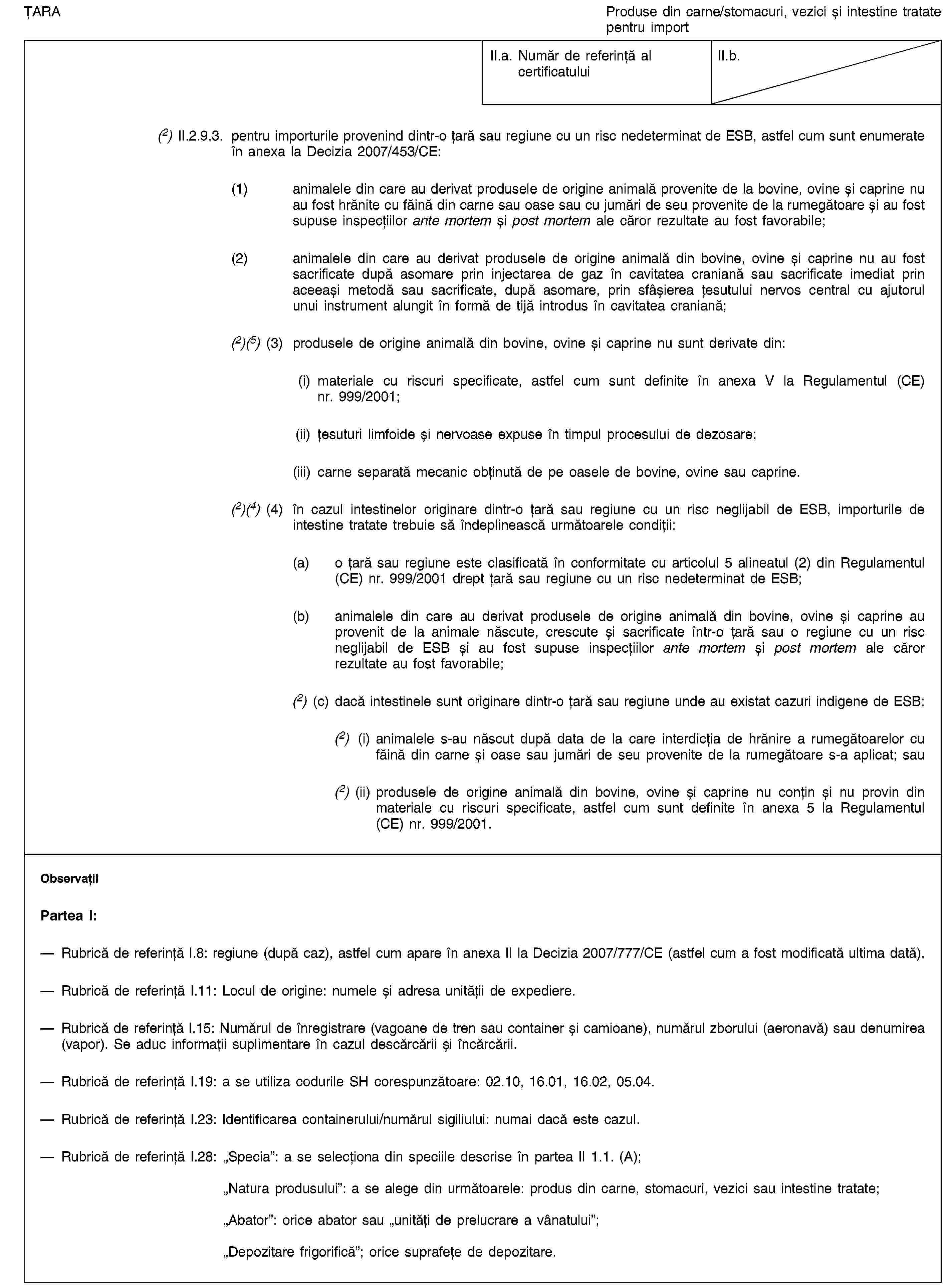 ȚARAProduse din carne/stomacuri, vezici și intestine tratate pentru importII.a. Număr de referință al certificatuluiII.b.(2) II.2.9.3. pentru importurile provenind dintr-o țară sau regiune cu un risc nedeterminat de ESB, astfel cum sunt enumerate în anexa la Decizia 2007/453/CE:(1) animalele din care au derivat produsele de origine animală provenite de la bovine, ovine și caprine nu au fost hrănite cu făină din carne sau oase sau cu jumări de seu provenite de la rumegătoare și au fost supuse inspecțiilor ante mortem și post mortem ale căror rezultate au fost favorabile;(2) animalele din care au derivat produsele de origine animală din bovine, ovine și caprine nu au fost sacrificate după asomare prin injectarea de gaz în cavitatea craniană sau sacrificate imediat prin aceeași metodă sau sacrificate, după asomare, prin sfâșierea țesutului nervos central cu ajutorul unui instrument alungit în formă de tijă introdus în cavitatea craniană;(2)(5) (3) produsele de origine animală din bovine, ovine și caprine nu sunt derivate din:(i) materiale cu riscuri specificate, astfel cum sunt definite în anexa V la Regulamentul (CE) nr. 999/2001;(ii) țesuturi limfoide și nervoase expuse în timpul procesului de dezosare;(iii) carne separată mecanic obținută de pe oasele de bovine, ovine sau caprine.(2)(4) (4) în cazul intestinelor originare dintr-o țară sau regiune cu un risc neglijabil de ESB, importurile de intestine tratate trebuie să îndeplinească următoarele condiții:(a) o țară sau regiune este clasificată în conformitate cu articolul 5 alineatul (2) din Regulamentul (CE) nr. 999/2001 drept țară sau regiune cu un risc nedeterminat de ESB;(b) animalele din care au derivat produsele de origine animală din bovine, ovine și caprine au provenit de la animale născute, crescute și sacrificate într-o țară sau o regiune cu un risc neglijabil de ESB și au fost supuse inspecțiilor ante mortem și post mortem ale căror rezultate au fost favorabile;(2) (c) dacă intestinele sunt originare dintr-o țară sau regiune unde au existat cazuri indigene de ESB:(2) (i) animalele s-au născut după data de la care interdicția de hrănire a rumegătoarelor cu făină din carne și oase sau jumări de seu provenite de la rumegătoare s-a aplicat; sau(2) (ii) produsele de origine animală din bovine, ovine și caprine nu conțin și nu provin din materiale cu riscuri specificate, astfel cum sunt definite în anexa 5 la Regulamentul (CE) nr. 999/2001.ObservațiiPartea I:Rubrică de referință I.8: regiune (după caz), astfel cum apare în anexa II la Decizia 2007/777/CE (astfel cum a fost modificată ultima dată).Rubrică de referință I.11: Locul de origine: numele și adresa unității de expediere.Rubrică de referință I.15: Numărul de înregistrare (vagoane de tren sau container și camioane), numărul zborului (aeronavă) sau denumirea (vapor). Se aduc informații suplimentare în cazul descărcării și încărcării.Rubrică de referință I.19: a se utiliza codurile SH corespunzătoare: 02.10, 16.01, 16.02, 05.04.Rubrică de referință I.23: Identificarea containerului/numărul sigiliului: numai dacă este cazul.Rubrică de referință I.28: „Specia”: a se selecționa din speciile descrise în partea II 1.1. (A);„Natura produsului”: a se alege din următoarele: produs din carne, stomacuri, vezici sau intestine tratate;„Abator”: orice abator sau „unități de prelucrare a vânatului”;„Depozitare frigorifică”; orice suprafețe de depozitare.