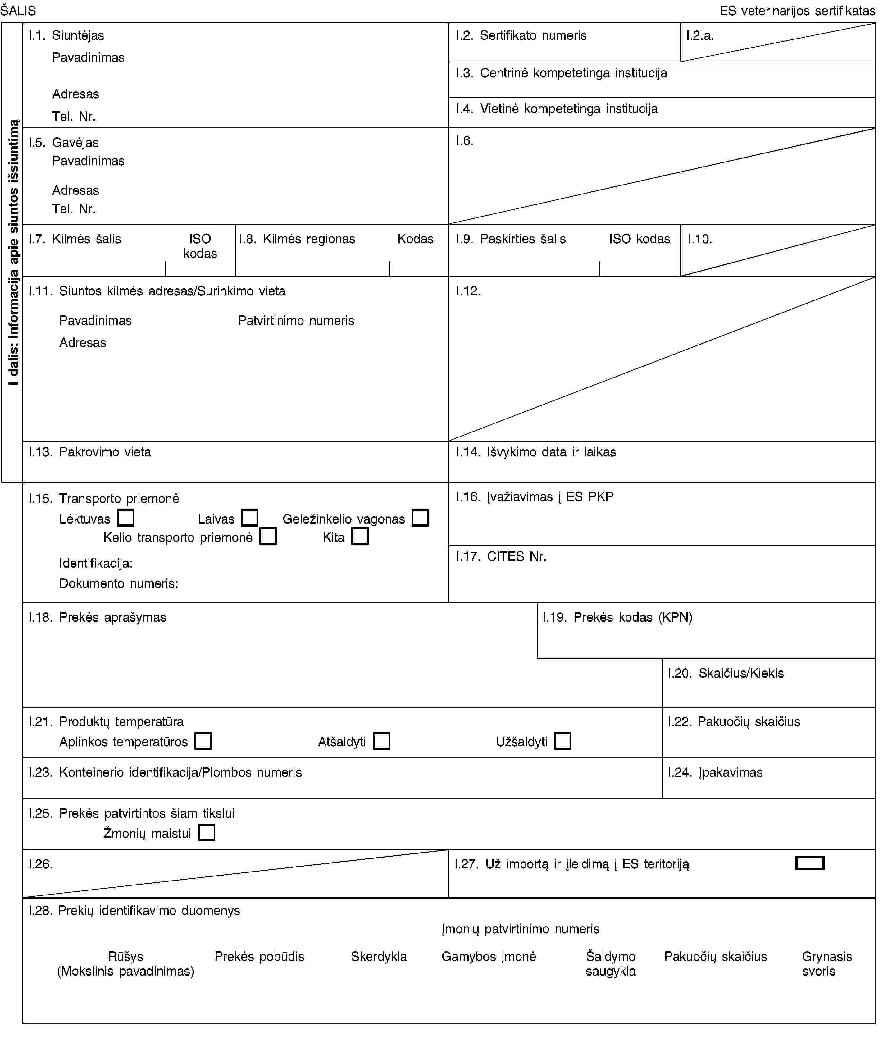 I dalis: Informacija apie siuntos išsiuntimąŠALISES veterinarijos sertifikatasI.1. SiuntėjasPavadinimasAdresasTel. Nr.I.2. Sertifikato numerisI.2.a.I.3. Centrinė kompetetinga institucijaI.4. Vietinė kompetetinga institucijaI.5. GavėjasPavadinimasAdresasTel. Nr.I.6.I.7. Kilmės šalisISO kodasI.8. Kilmės regionasKodasI.9. Paskirties šalisISO kodasI.10.I.11. Siuntos kilmės adresas/Surinkimo vietaPavadinimasPatvirtinimo numerisAdresasI.12.I.13. Pakrovimo vietaI.14. Išvykimo data ir laikasI.15. Transporto priemonėLėktuvasLaivasGeležinkelio vagonasKelio transporto priemonėKitaIdentifikacija:Dokumento numeris:I.16. Įvažiavimas į ES PKPI.17. CITES Nr.I.18. Prekės aprašymasI.19. Prekės kodas (KPN)I.20. Skaičius/KiekisI.21. Produktų temperatūraAplinkos temperatūrosAtšaldytiUžšaldytiI.22. Pakuočių skaičiusI.23. Konteinerio identifikacija/Plombos numerisI.24. ĮpakavimasI.25. Prekės patvirtintos šiam tiksluiŽmonių maistuiI.26.I.27. Už importą ir įleidimą į ES teritorijąI.28. Prekių identifikavimo duomenysĮmonių patvirtinimo numerisRūšys (Mokslinis pavadinimas)Prekės pobūdisSkerdyklaGamybos įmonėŠaldymo saugyklaPakuočių skaičiusGrynasis svoris