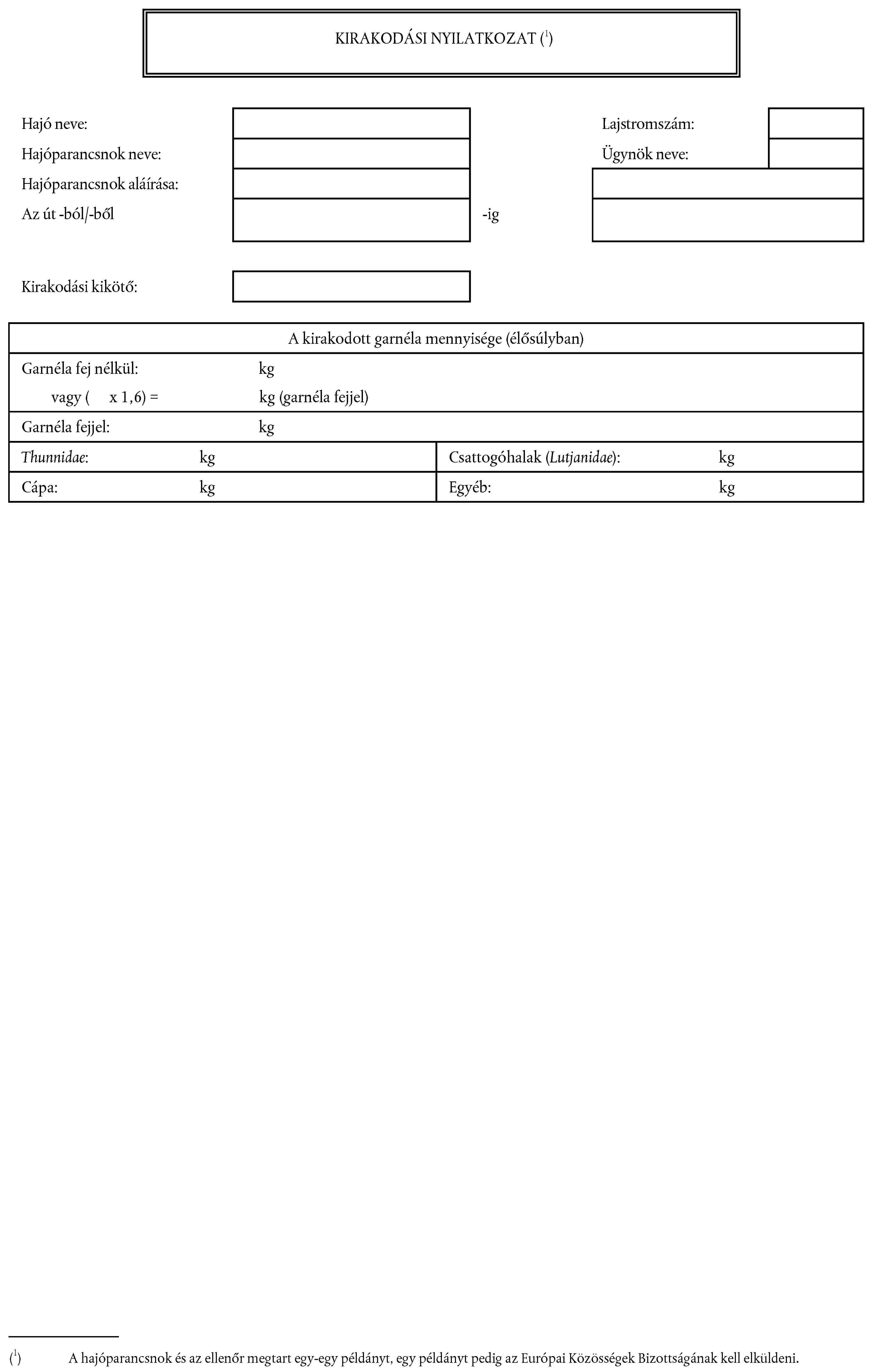 KIRAKODÁSI NYILATKOZAT (1)Hajó neve:Lajstromszám:Hajóparancsnok neve:Ügynök neve:Hajóparancsnok aláírása:Az út -ból/-ből-igKirakodási kikötő:A kirakodott garnéla mennyisége (élősúlyban)Garnéla fej nélkül: kgvagy ( x 1,6) = kg (garnéla fejjel)Garnéla fejjel: kgThunnidae: kgCsattogóhalak (Lutjanidae): kgCápa: kgEgyéb: kg(1) A hajóparancsnok és az ellenőr megtart egy-egy példányt, egy példányt pedig az Európai Közösségek Bizottságának kell elküldeni
