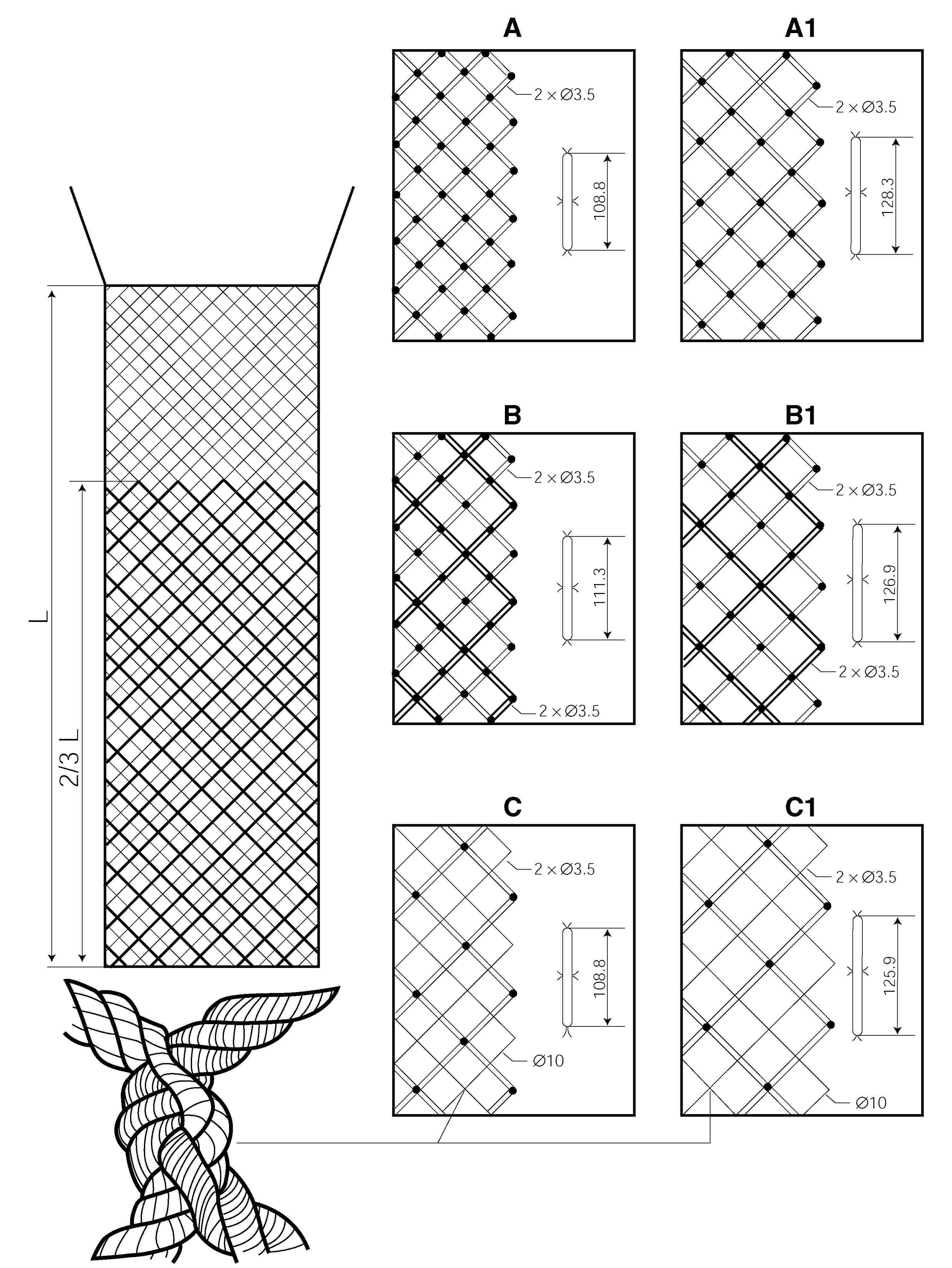 L2/3 LA2 × Ø3.5108.8A12 × Ø3.5128.3B2 × Ø3.5111.32 × Ø3.5B12 × Ø3.5126.92 × Ø3.5C2 × Ø3.5108.8Ø10C12 × Ø3.5125.9Ø10