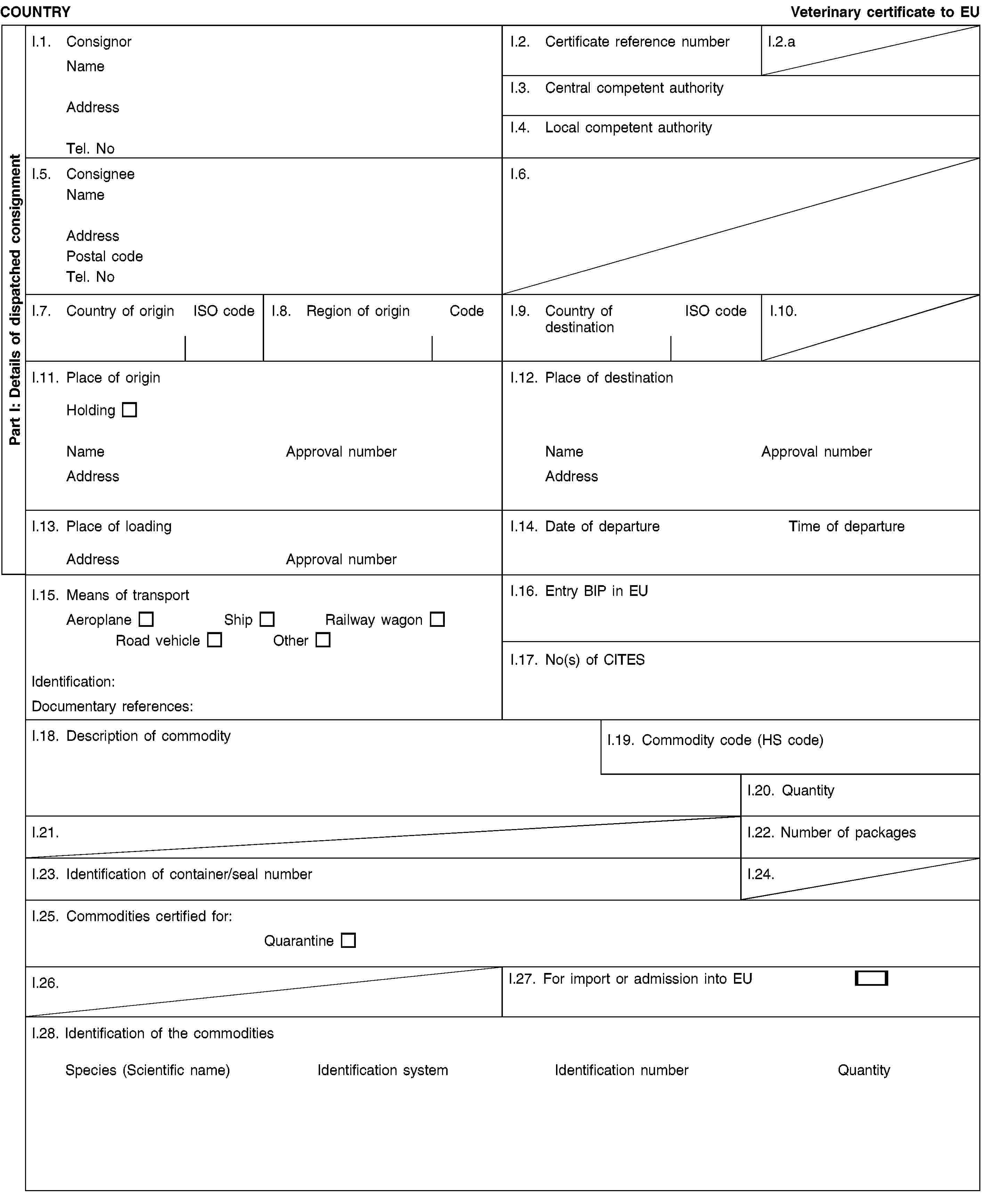 Part I: Details of dispatched consignmentCOUNTRYVeterinary certificate to EUI.1. ConsignorNameAddressTel. NoI.2. Certificate reference numberI.2.aI.3. Central competent authorityI.4. Local competent authorityI.5. ConsigneeNameAddressPostal codeTel. NoI.6.I.7. Country of originISO codeI.8. Region of originCodeI.9. Country of destinationISO codeI.10.I.11. Place of originHoldingNameApproval numberAddressI.12. Place of destinationNameApproval numberAddressI.13. Place of loadingAddressApproval numberI.14. Date of departureTime of departureI.15. Means of transportAeroplaneShipRailway wagonRoad vehicleOtherIdentification:Documentary references:I.16. Entry BIP in EUI.17. No(s) of CITESI.18. Description of commodityI.19. Commodity code (HS code)I.20. QuantityI.21.I.22. Number of packagesI.23. Identification of container/seal numberI.24.I.25. Commodities certified for:QuarantineI.26.I.27. For import or admission into EUI.28. Identification of the commoditiesSpecies (Scientific name)Identification systemIdentification numberQuantity