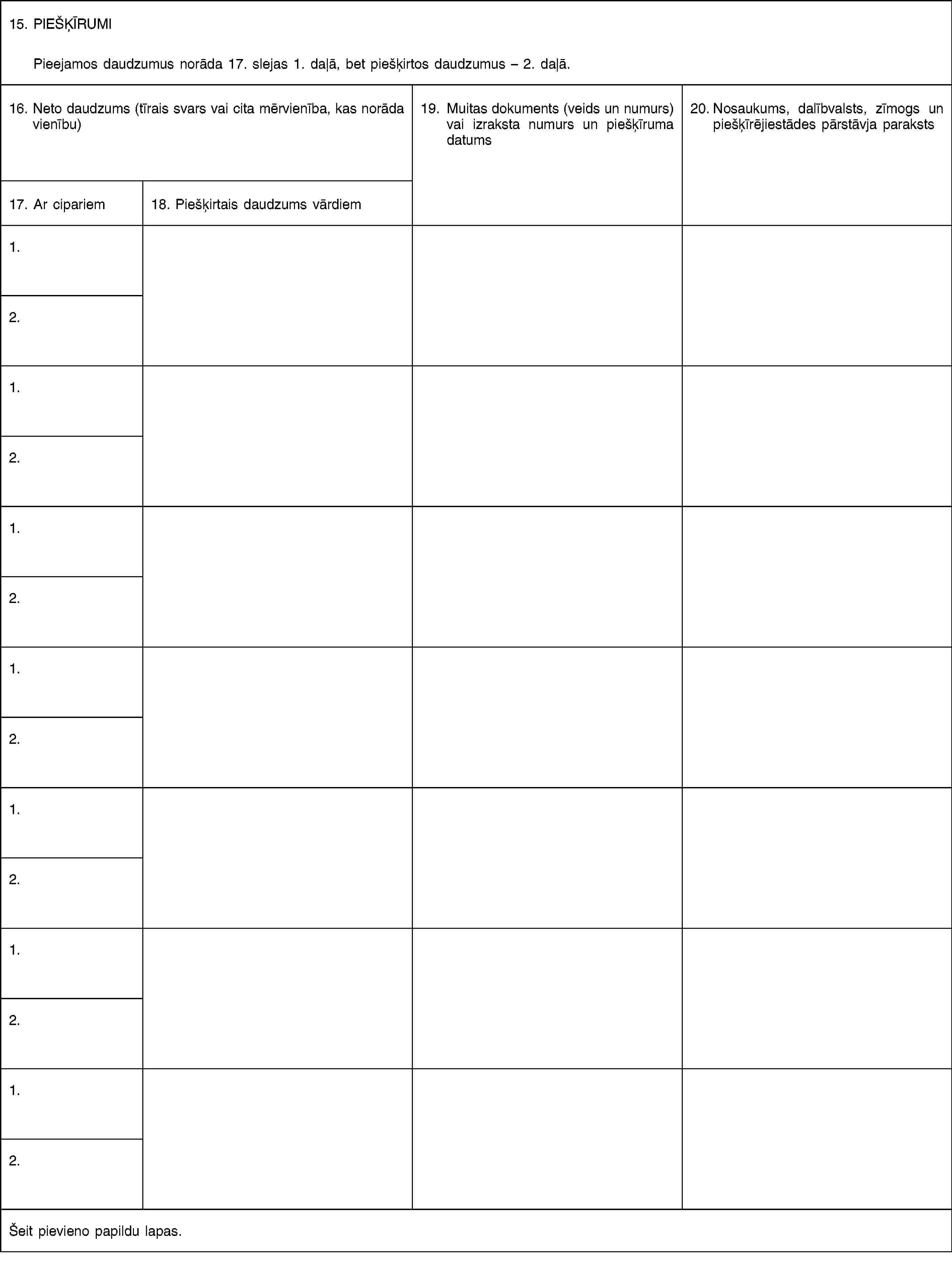 15. PIEŠĶĪRUMIPieejamos daudzumus norāda 17. slejas 1. daļā, bet piešķirtos daudzumus – 2. daļā.16. Neto daudzums (tīrais svars vai cita mērvienība, kas norāda vienību)19. Muitas dokuments (veids un numurs) vai izraksta numurs un piešķīruma datums20. Nosaukums, dalībvalsts, zīmogs un piešķīrējiestādes pārstāvja paraksts17. Ar cipariem18. Piešķirtais daudzums vārdiem1.2.1.2.1.2.1.2.1.2.1.2.1.2.Šeit pievieno papildu lapas.