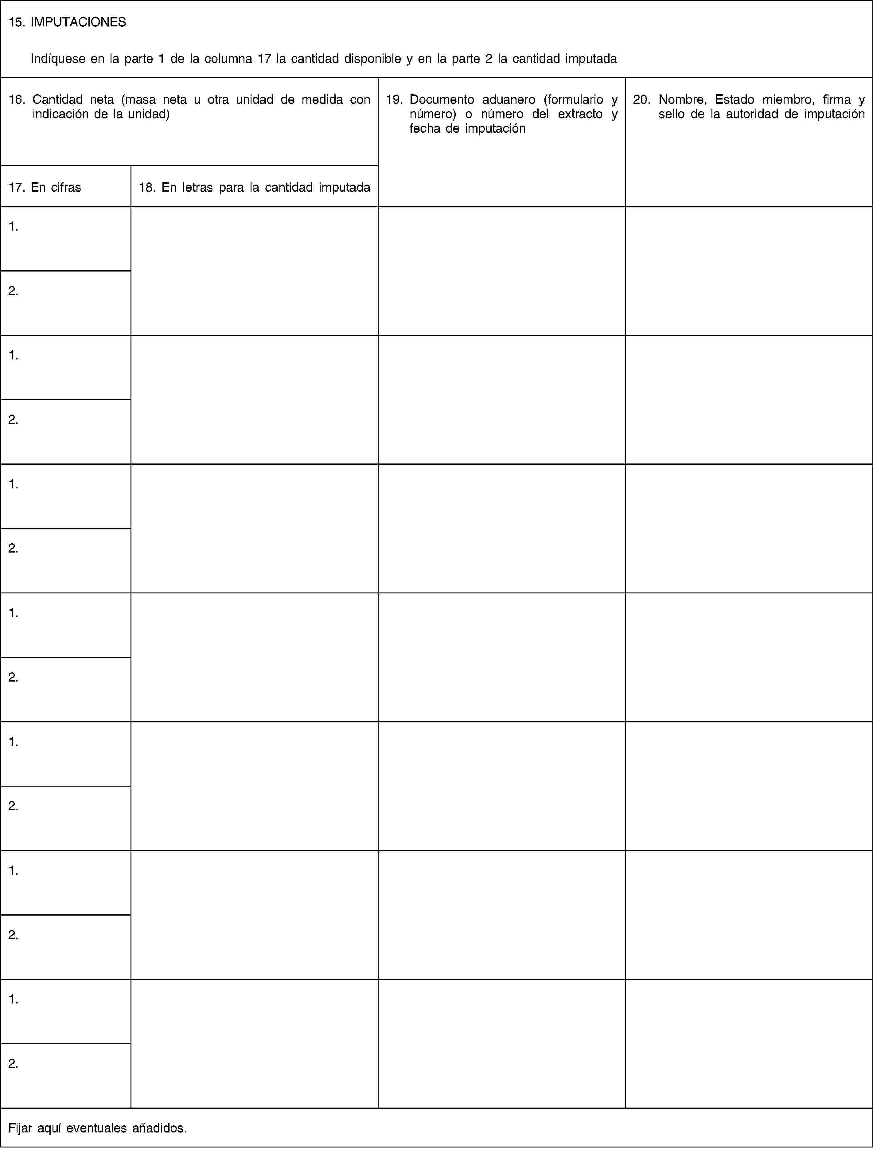 15. IMPUTACIONESIndíquese en la parte 1 de la columna 17 la cantidad disponible y en la parte 2 la cantidad imputada16. Cantidad neta (masa neta u otra unidad de medida con indicación de la unidad)19. Documento aduanero (formulario y número) o número del extracto y fecha de imputación20. Nombre, Estado miembro, firma y sello de la autoridad de imputación17. En cifras18. En letras para la cantidad imputada1.2.1.2.1.2.1.2.1.2.1.2.1.2.Fijar aquí eventuales añadidos.