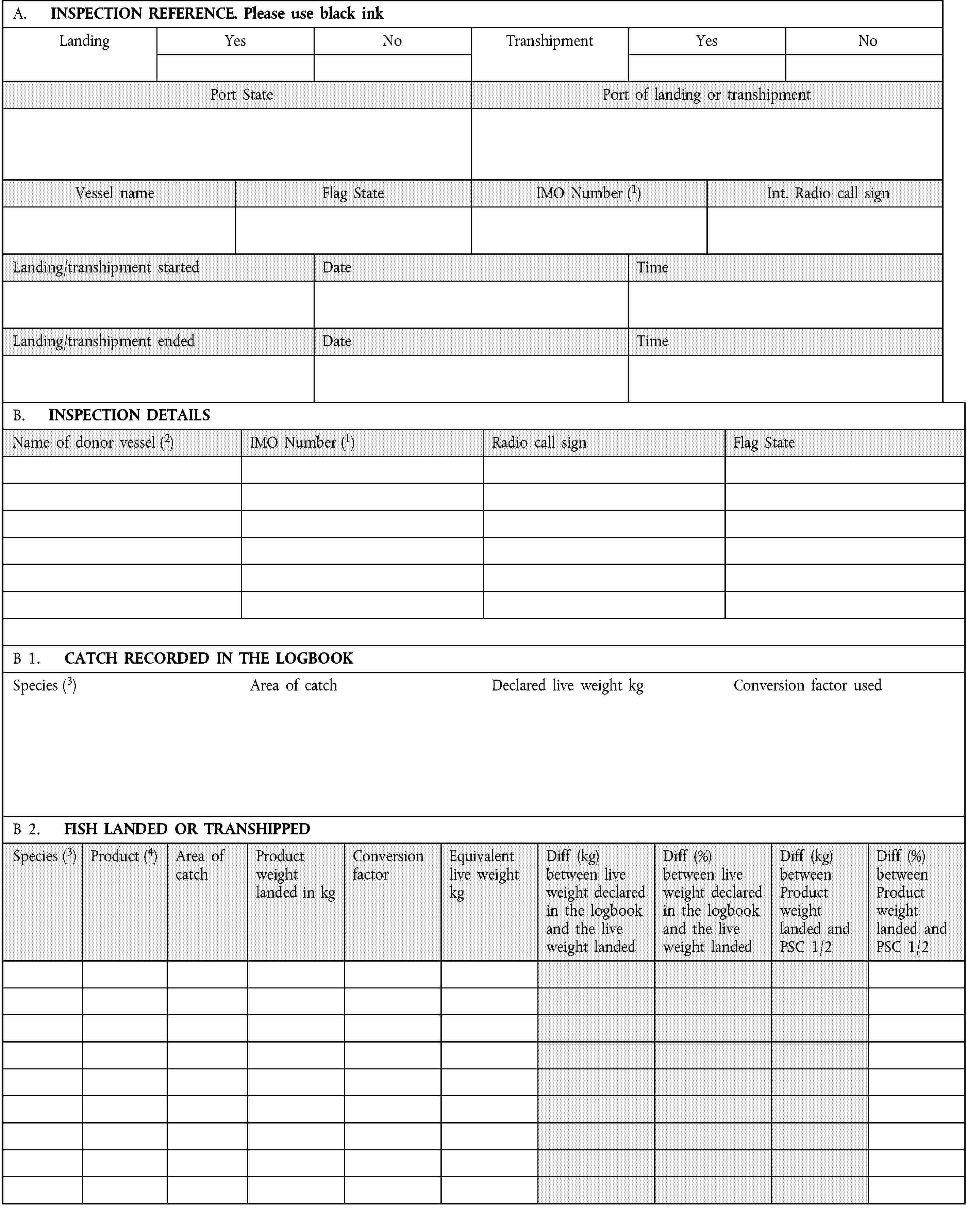 A. INSPECTION REFERENCE. Please use black inkLandingYesNoTranshipmentYesNoPort StatePort of landing or transhipmentVessel nameFlag StateIMO Number (1)Int. Radio call signLanding/transhipment startedDateTimeLanding/transhipment endedDateTimeB. INSPECTION DETAILSName of donor vessel (2)IMO Number (1)Radio call signFlag StateB 1. CATCH RECORDED IN THE LOGBOOKSpecies (3)Area of catchDeclared live weight kgConversion factor usedB 2. FISH LANDED OR TRANSHIPPEDSpecies (3)Product (4)Area of catchProduct weight landed in kgConversion factorEquivalent live weight kgDiff (kg) between live weight declared in the logbook and the live weight landedDiff (%) between live weight declared in the logbook and the live weight landedDiff (kg) between Product weight landed and PSC 1/2Diff (%) between Product weight landed and PSC 1/2