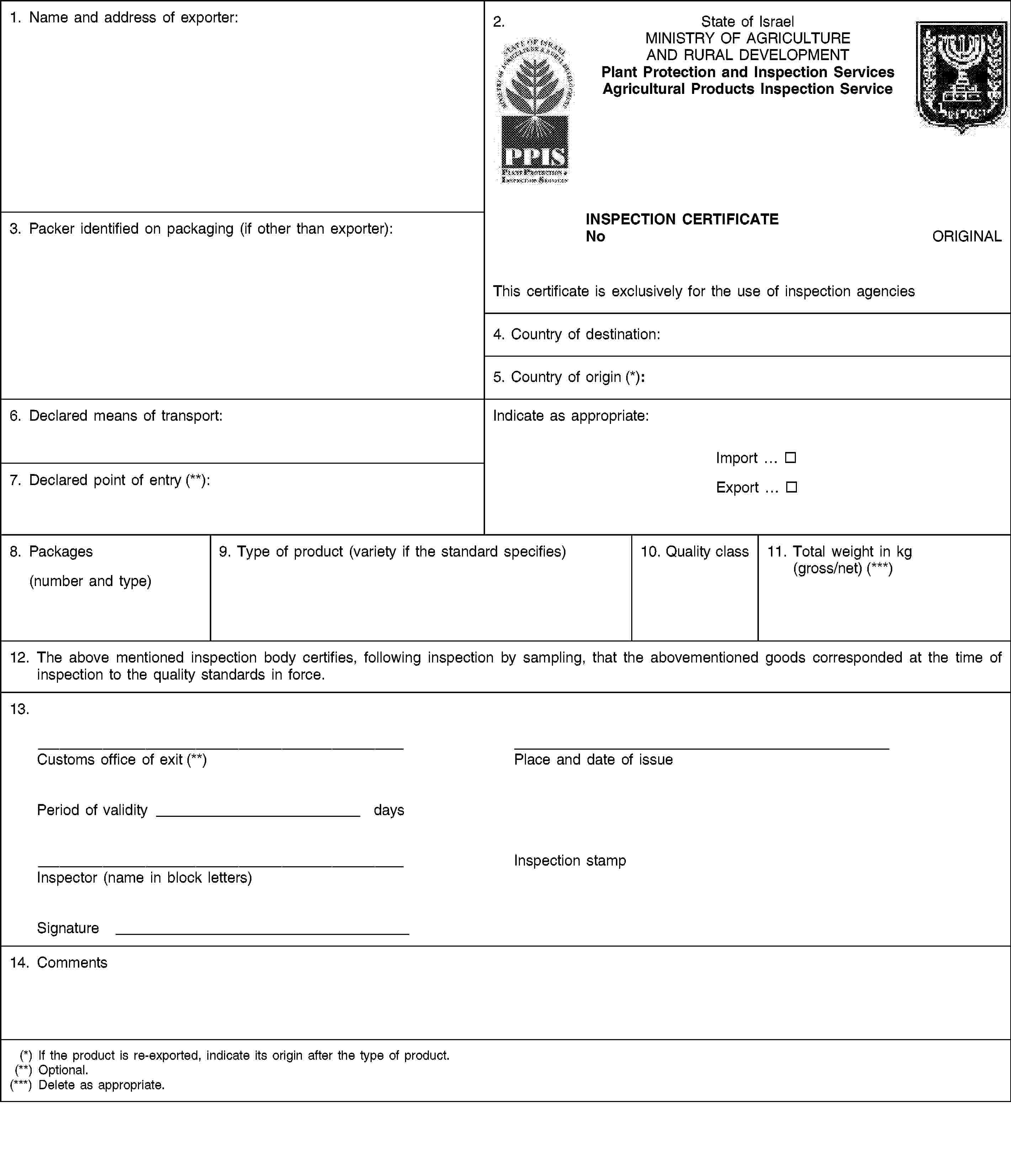 1. Name and address of exporter:2.State of IsraelMINISTRY OF AGRICULTURE AND RURAL DEVELOPMENTPlant Protection and Inspection ServicesAgricultural Products Inspection Service3. Packer identified on packaging (if other than exporter):INSPECTION CERTIFICATENoORIGINALThis certificate is exclusively for the use of inspection agencies4. Country of destination:5. Country of origin (*):6. Declared means of transport:Indicate as appropriate:Import …Export …7. Declared point of entry (**):8. Packages(number and type)9. Type of product (variety if the standard specifies)10. Quality class11. Total weight in kg (gross/net) (***)12. The above mentioned inspection body certifies, following inspection by sampling, that the abovementioned goods corresponded at the time of inspection to the quality standards in force.13.Customs office of exit (**)Place and date of issuePeriod of validity daysInspector (name in block letters)Inspection stampSignature14. Comments(*) If the product is re-exported, indicate its origin after the type of product.(**) Optional.(***) Delete as appropriate.