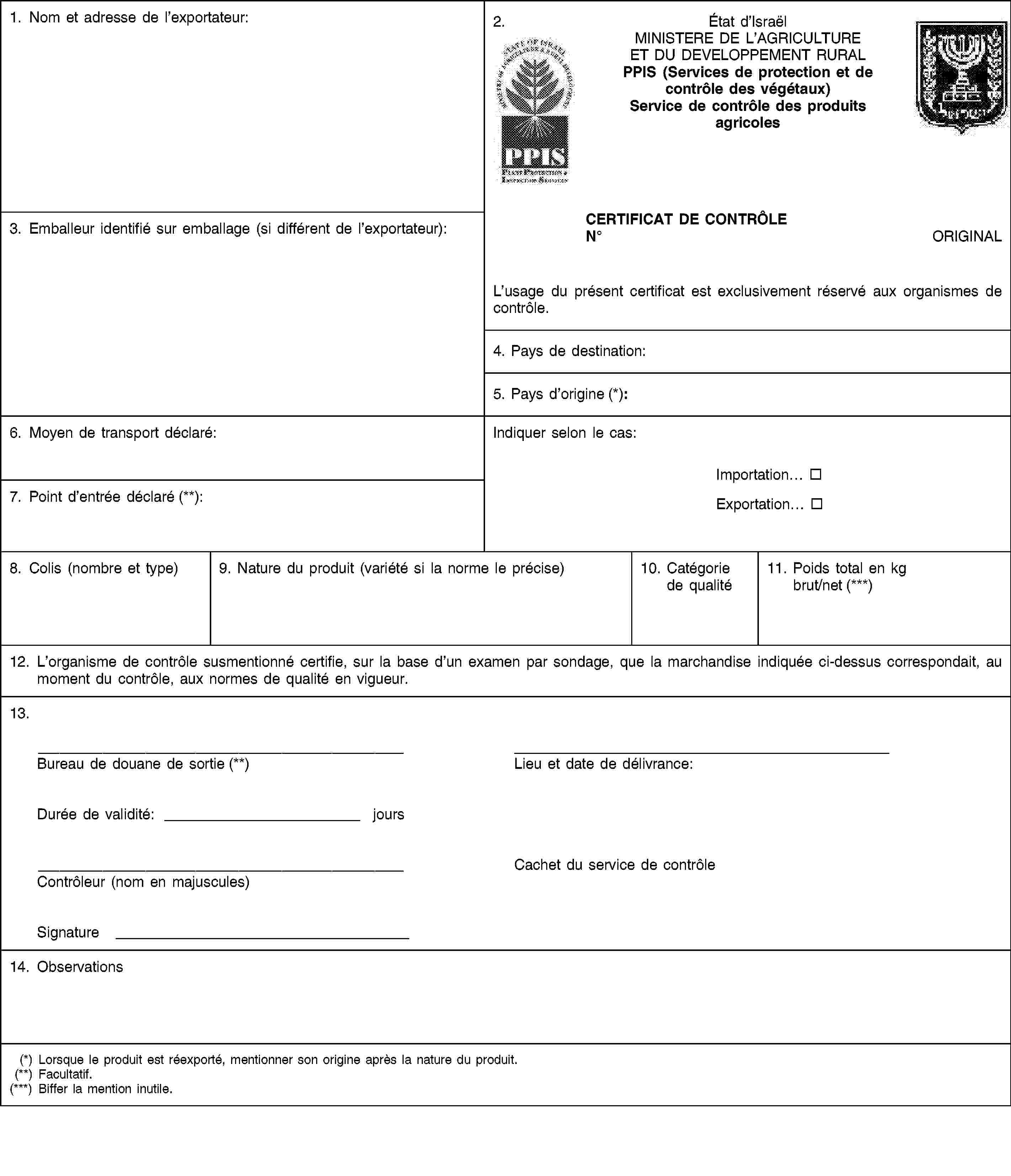 1. Nom et adresse de l’exportateur:2.État d’IsraëlMINISTERE DE L’AGRICULTURE ET DU DEVELOPPEMENT RURALPPIS (Services de protection et de contrôle des végétaux)Service de contrôle des produits agricoles3. Emballeur identifié sur emballage (si différent de l’exportateur):CERTIFICAT DE CONTRÔLENoORIGINALL’usage du présent certificat est exclusivement réservé aux organismes de contrôle.4. Pays de destination:5. Pays d’origine (*):6. Moyen de transport déclaré:Indiquer selon le cas:Importation…Exportation…7. Point d’entrée déclaré (**):8. Colis (nombre et type)9. Nature du produit (variété si la norme le précise)10. Catégorie de qualité11. Poids total en kg brut/net (***)12. L’organisme de contrôle susmentionné certifie, sur la base d’un examen par sondage, que la marchandise indiquée ci-dessus correspondait, au moment du contrôle, aux normes de qualité en vigueur.13.Bureau de douane de sortie (**)Lieu et date de délivrance:Durée de validité: joursContrôleur (nom en majuscules)Cachet du service de contrôleSignature14. Observations(*) Lorsque le produit est réexporté, mentionner son origine après la nature du produit.(**) Facultatif.(***) Biffer la mention inutile.