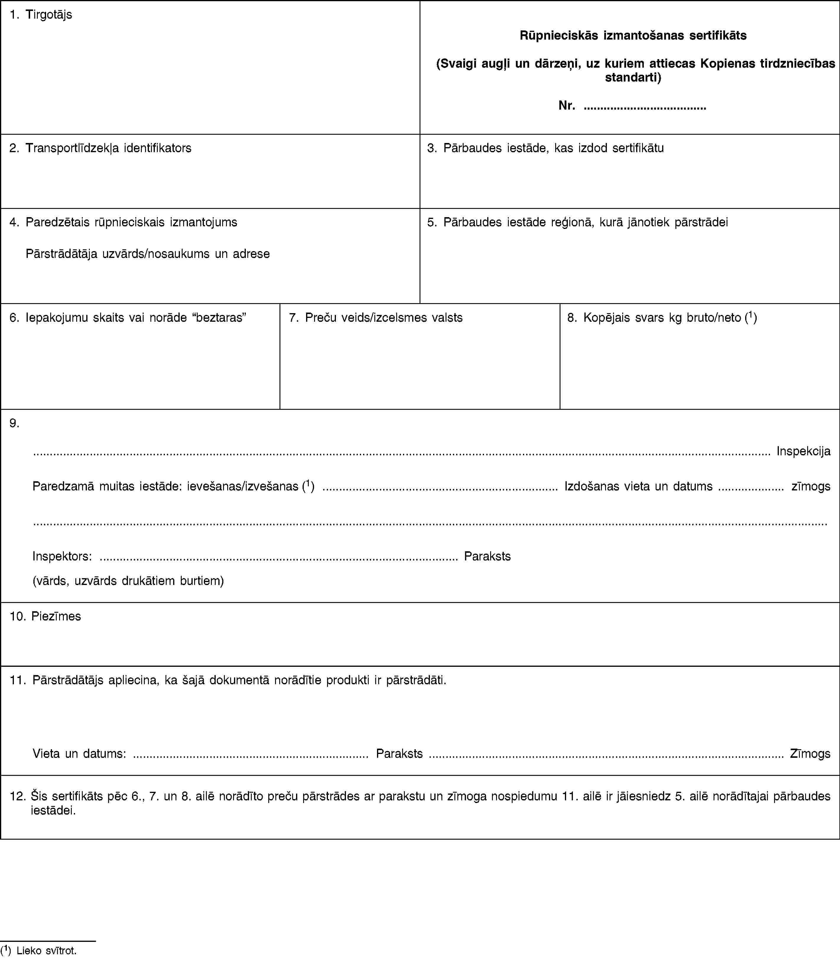 1. TirgotājsRūpnieciskās izmantošanas sertifikāts(Svaigi augļi un dārzeņi, uz kuriem attiecas Kopienas tirdzniecības standarti)Nr. …2. Transportlīdzekļa identifikators3. Pārbaudes iestāde, kas izdod sertifikātu4. Paredzētais rūpnieciskais izmantojumsPārstrādātāja uzvārds/nosaukums un adrese5. Pārbaudes iestāde reģionā, kurā jānotiek pārstrādei6. Iepakojumu skaits vai norāde “beztaras”7. Preču veids/izcelsmes valsts8. Kopējais svars kg bruto/neto (1)9.… InspekcijaParedzamā muitas iestāde: ievešanas/izvešanas (1) … Izdošanas vieta un datums … zīmogsInspektors: … Paraksts(vārds, uzvārds drukātiem burtiem)10. Piezīmes11. Pārstrādātājs apliecina, ka šajā dokumentā norādītie produkti ir pārstrādāti.Vieta un datums: … Paraksts … Zīmogs12. Šis sertifikāts pēc 6., 7. un 8. ailē norādīto preču pārstrādes ar parakstu un zīmoga nospiedumu 11. ailē ir jāiesniedz 5. ailē norādītajai pārbaudes iestādei.(1) Lieko svītrot.