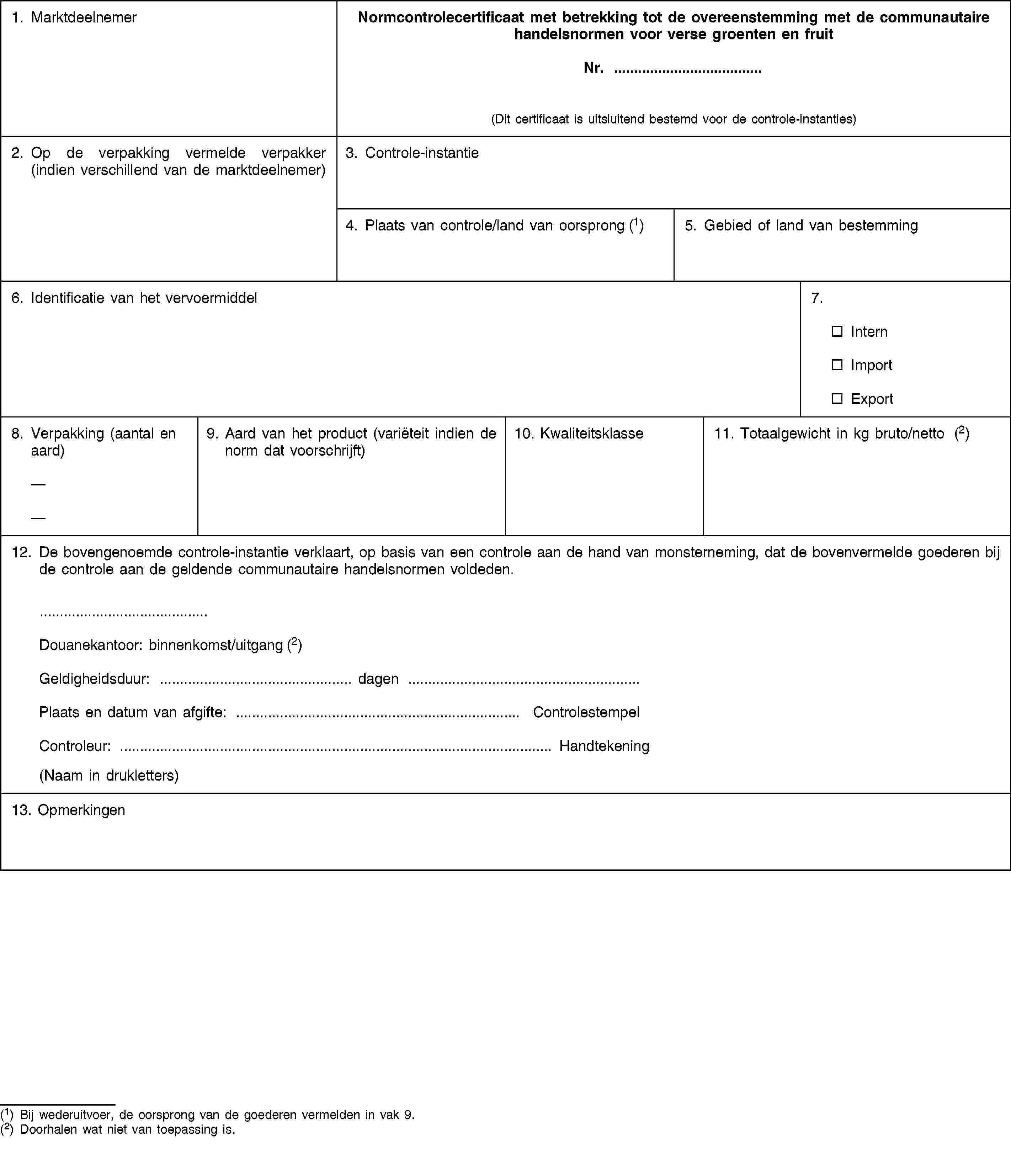 1. MarktdeelnemerNormcontrolecertificaat met betrekking tot de overeenstemming met de communautaire handelsnormen voor verse groenten en fruitNr. …(Dit certificaat is uitsluitend bestemd voor de controle-instanties)2. Op de verpakking vermelde verpakker (indien verschillend van de marktdeelnemer)3. Controle-instantie4. Plaats van controle/land van oorsprong (1)5. Gebied of land van bestemming6. Identificatie van het vervoermiddel7.InternImportExport8. Verpakking (aantal en aard)9. Aard van het product (variëteit indien de norm dat voorschrijft)10. Kwaliteitsklasse11. Totaalgewicht in kg bruto/netto (2)12. De bovengenoemde controle-instantie verklaart, op basis van een controle aan de hand van monsterneming, dat de bovenvermelde goederen bij de controle aan de geldende communautaire handelsnormen voldeden.Douanekantoor: binnenkomst/uitgang (2)Geldigheidsduur: … dagen …Plaats en datum van afgifte: … ControlestempelControleur: … Handtekening(Naam in drukletters)13. Opmerkingen(1) Bij wederuitvoer, de oorsprong van de goederen vermelden in vak 9.(2) Doorhalen wat niet van toepassing is.