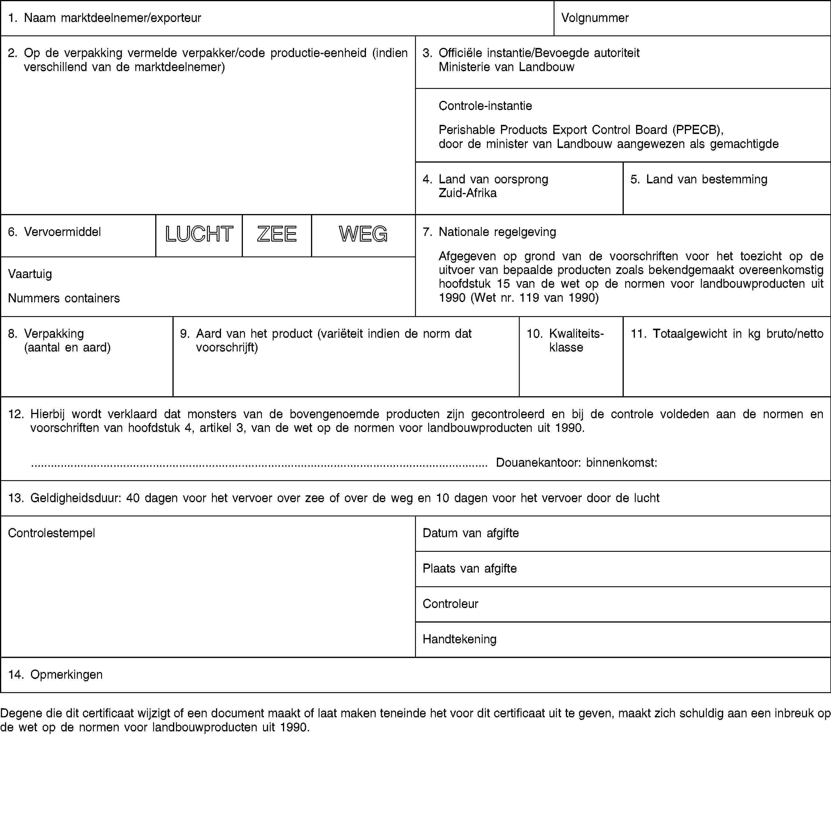 1. Naam marktdeelnemer/exporteurVolgnummer2. Op de verpakking vermelde verpakker/code productie-eenheid (indien verschillend van de marktdeelnemer)3. Officiële instantie/Bevoegde autoriteitMinisterie van LandbouwControle-instantiePerishable Products Export Control Board (PPECB), door de minister van Landbouw aangewezen als gemachtigde4. Land van oorsprongZuid-Afrika5. Land van bestemming6. VervoermiddelLUCHTZEEWEG7. Nationale regelgevingAfgegeven op grond van de voorschriften voor het toezicht op de uitvoer van bepaalde producten zoals bekendgemaakt overeenkomstig hoofdstuk 15 van de wet op de normen voor landbouwproducten uit 1990 (Wet nr. 119 van 1990)VaartuigNummers containers8. Verpakking(aantal en aard)9. Aard van het product (variëteit indien de norm dat voorschrijft)10. Kwaliteitsklasse11. Totaalgewicht in kg bruto/netto12. Hierbij wordt verklaard dat monsters van de bovengenoemde producten zijn gecontroleerd en bij de controle voldeden aan de normen en voorschriften van hoofdstuk 4, artikel 3, van de wet op de normen voor landbouwproducten uit 1990.… Douanekantoor: binnenkomst:13. Geldigheidsduur: 40 dagen voor het vervoer over zee of over de weg en 10 dagen voor het vervoer door de luchtControlestempelDatum van afgiftePlaats van afgifteControleurHandtekening14. OpmerkingenDegene die dit certificaat wijzigt of een document maakt of laat maken teneinde het voor dit certificaat uit te geven, maakt zich schuldig aan een inbreuk op de wet op de normen voor landbouwproducten uit 1990.