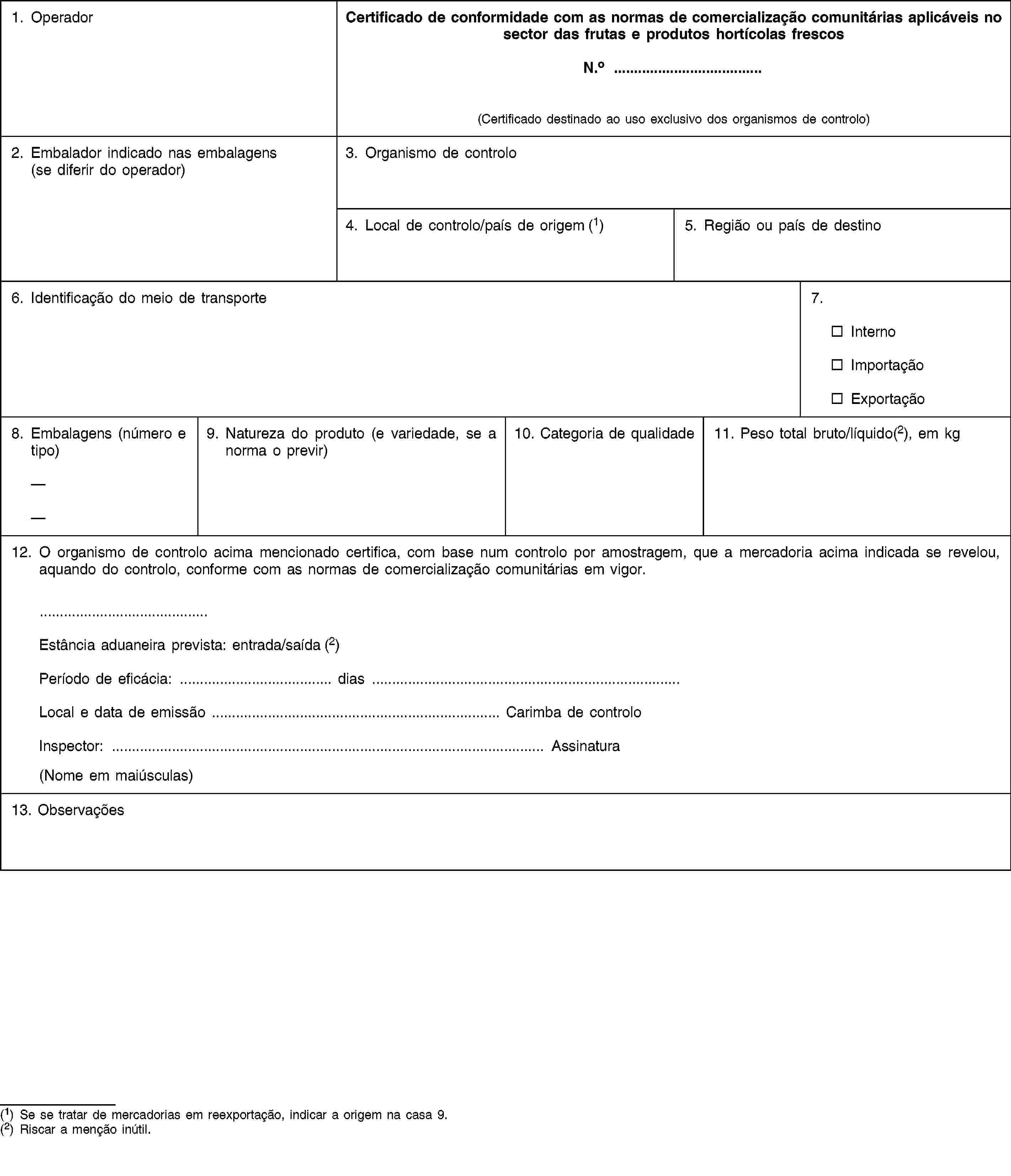 1. OperadorCertificado de conformidade com as normas de comercialização comunitárias aplicáveis no sector das frutas e produtos hortícolas frescosN.o …(Certificado destinado ao uso exclusivo dos organismos de controlo)2. Embalador indicado nas embalagens (se diferir do operador)3. Organismo de controlo4. Local de controlo/país de origem (1)5. Região ou país de destino6. Identificação do meio de transporte7.InternoImportaçãoExportação8. Embalagens (número e tipo)9. Natureza do produto (e variedade, se a norma o previr)10. Categoria de qualidade11. Peso total bruto/líquido(2), em kg12. O organismo de controlo acima mencionado certifica, com base num controlo por amostragem, que a mercadoria acima indicada se revelou, aquando do controlo, conforme com as normas de comercialização comunitárias em vigor.Estância aduaneira prevista: entrada/saída (2)Período de eficácia: … dias …Local e data de emissão … Carimba de controloInspector: … Assinatura(Nome em maiúsculas)13. Observações(1) Se se tratar de mercadorias em reexportação, indicar a origem na casa 9.(2) Riscar a menção inútil.