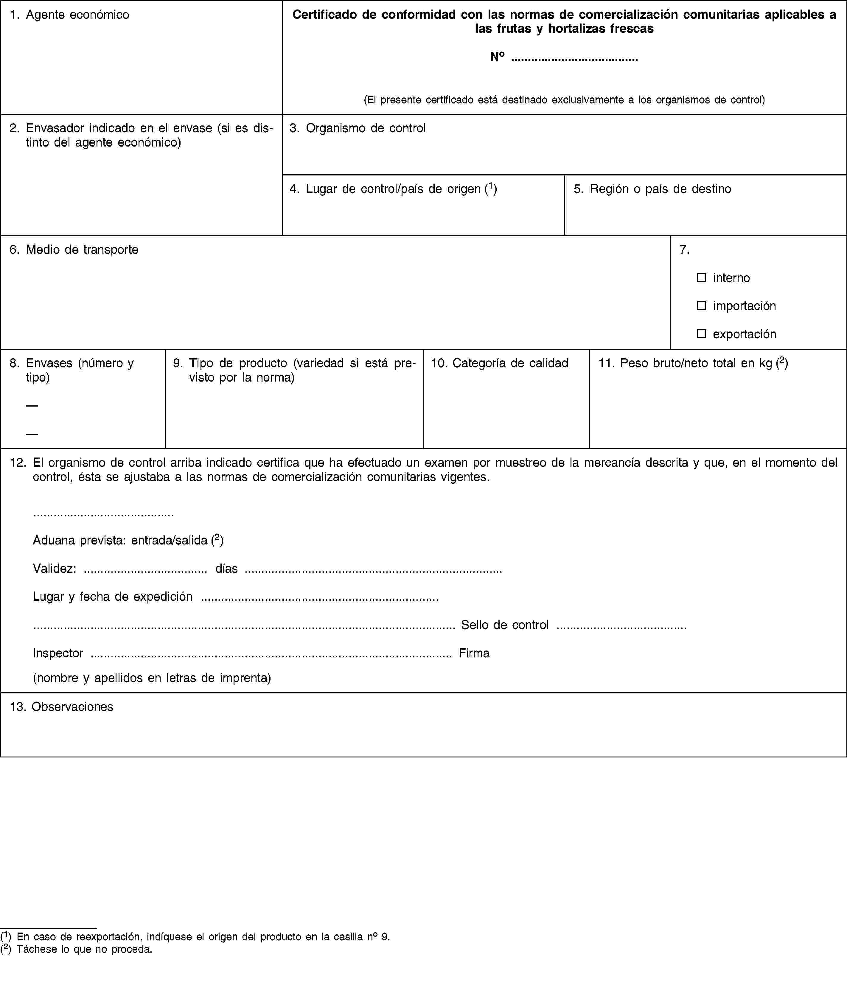 1. Agente económicoCertificado de conformidad con las normas de comercialización comunitarias aplicables a las frutas y hortalizas frescasNo …(El presente certificado está destinado exclusivamente a los organismos de control)2. Envasador indicado en el envase (si es distinto del agente económico)3. Organismo de control4. Lugar de control/país de origen (1)5. Región o país de destino6. Medio de transporte7.internoimportaciónexportación8. Envases (número y tipo)9. Tipo de producto (variedad si está previsto por la norma)10. Categoría de calidad11. Peso bruto/neto total en kg (2)12. El organismo de control arriba indicado certifica que ha efectuado un examen por muestreo de la mercancía descrita y que, en el momento del control, ésta se ajustaba a las normas de comercialización comunitarias vigentes.Aduana prevista: entrada/salida (2)Validez: … días …Lugar y fecha de expedición …… Sello de control …Inspector … Firma(nombre y apellidos en letras de imprenta)13. Observaciones(1) En caso de reexportación, indíquese el origen del producto en la casilla no 9.(2) Táchese lo que no proceda.