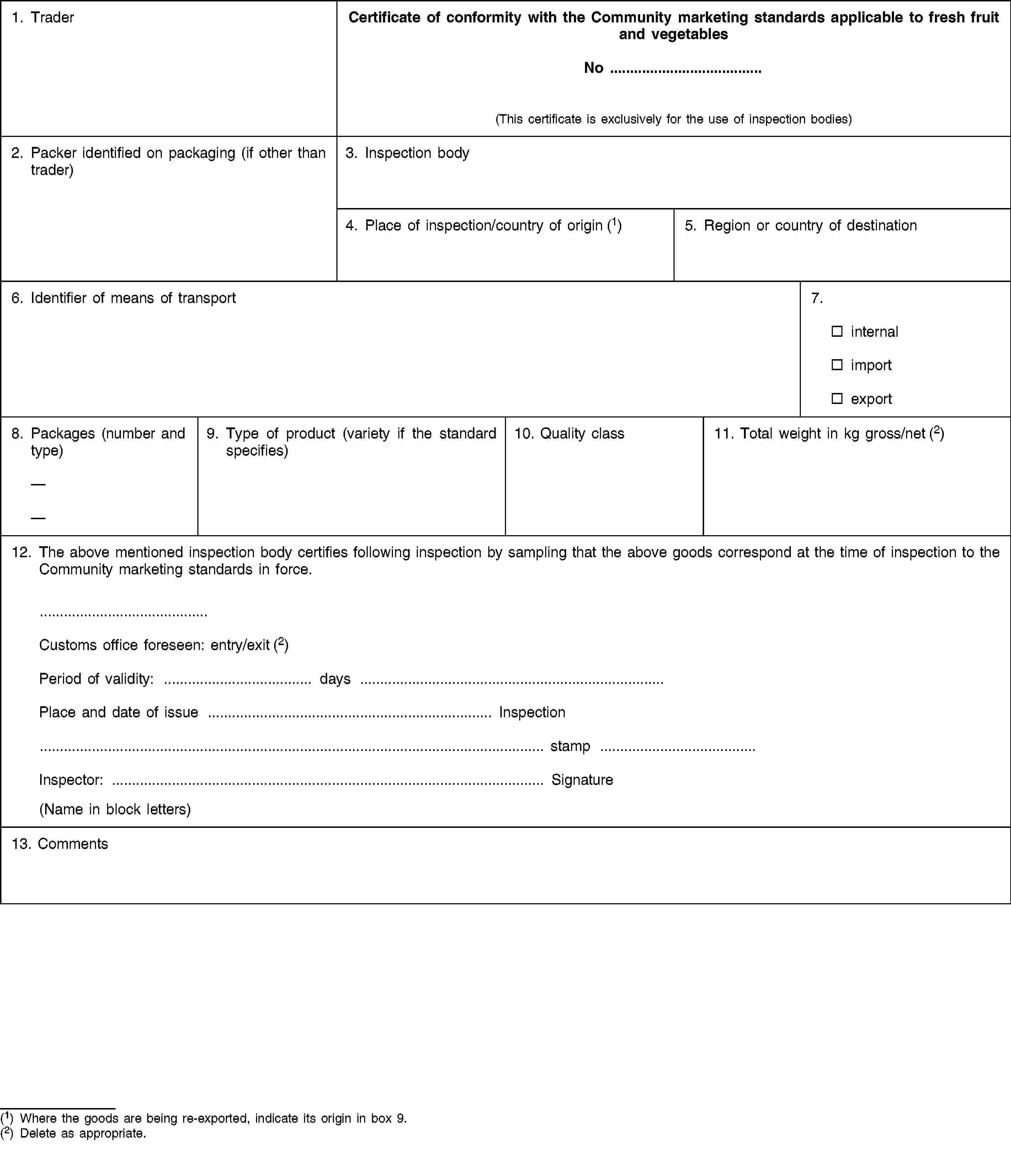 1. TraderCertificate of conformity with the Community marketing standards applicable to fresh fruit and vegetablesNo …(This certificate is exclusively for the use of inspection bodies)2. Packer identified on packaging (if other than trader)3. Inspection body4. Place of inspection/country of origin (1)5. Region or country of destination6. Identifier of means of transport7.internalimportexport8. Packages (number and type)9. Type of product (variety if the standard specifies)10. Quality class11. Total weight in kg gross/net (2)12. The abovementioned inspection body certifies following inspection by sampling that the above goods correspond at the time of inspection to the Community marketing standards in force.Customs office foreseen: entry/exit (2)Period of validity: … days …Place and date of issue … Inspection… stamp …Inspector … Signature(Name in block letters)13. Comments(1) Where the goods are being re-exported, indicate its origin in box 9.(2) Delete as appropriate.