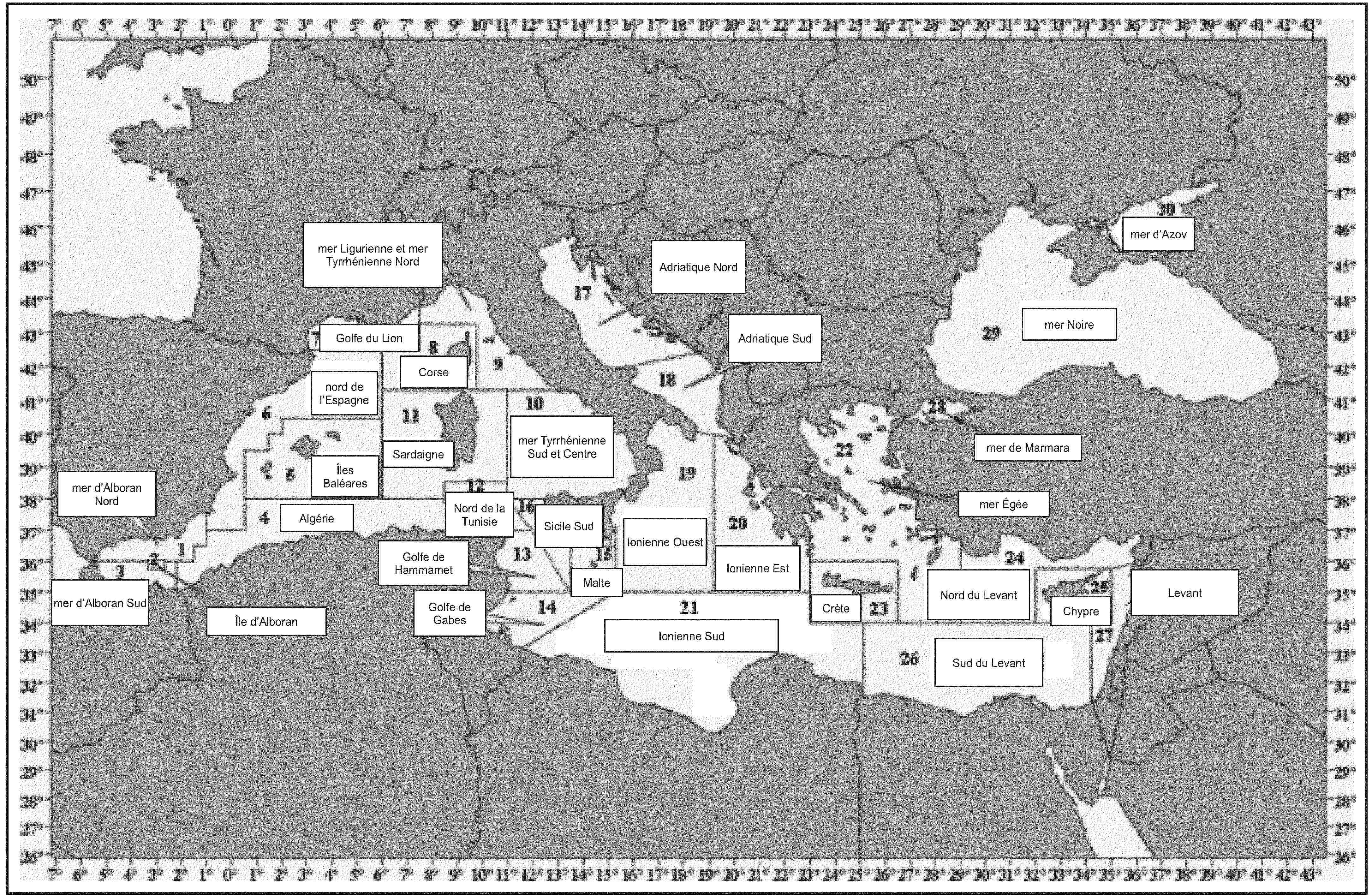 mer d'Alboran NordÎle d'Alboranmer d'Alboran SudAlgérieÎles Baléaresnord de l'EspagneGolfe du LionCorsemer Ligurienne et mer Tyrrhénienne Nordmer Tyrrhénienne Sud et CentreSardaigneNord de la TunisieGolfe de HammametGolfe de GabesMalteSicile SudAdriatique NordAdriatique SudIonienne OuestIonienne EstIonienne Sudmer ÉgéeCrèteNord du LevantChypreSud du LevantLevantmer de Marmaramer Noiremer d'Azov