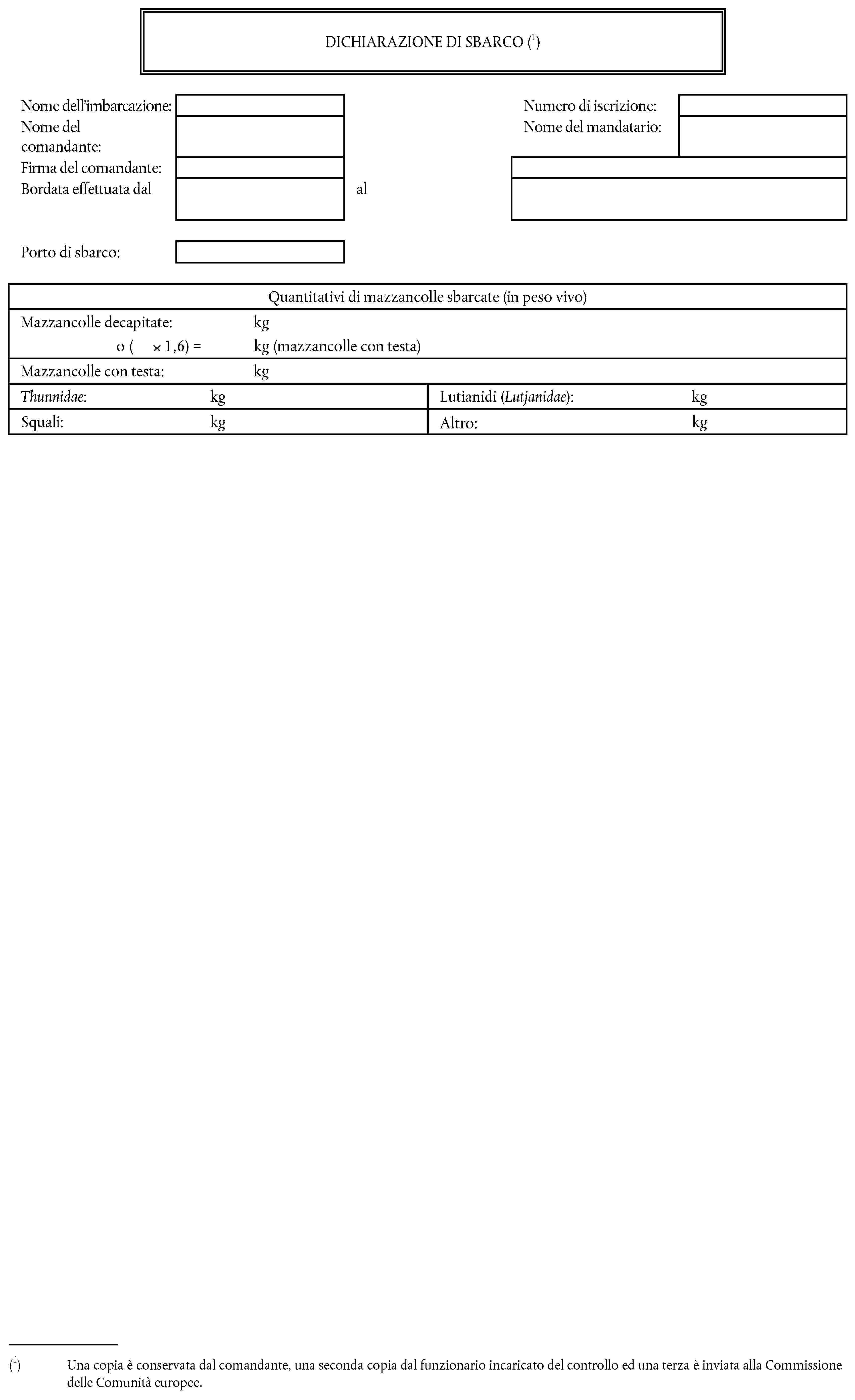 DICHIARAZIONE DI SBARCO (1)Nome dell'imbarcazione:Numero di immatricolazio:Nome del comandante:Nome del mandatario:Firma del comandante:Bordata effettuata dalalPorto di sbarco:Quantitativi di mazzancolle sbarcate (in peso vivo)Mazzancolle decapitate: kgo ( × 1,6) = kg (mazzancolle con testa)Mazzancolle con testa: kgThunnidae: kgLutianidi (Lutjanidae): kgSquali: kgAltri: kg(1) Una copia è conservata dal comandante, una seconda copia dal funzionario incaricato del controllo ed una terza è inviata alla Commissione delle Comunità europee.