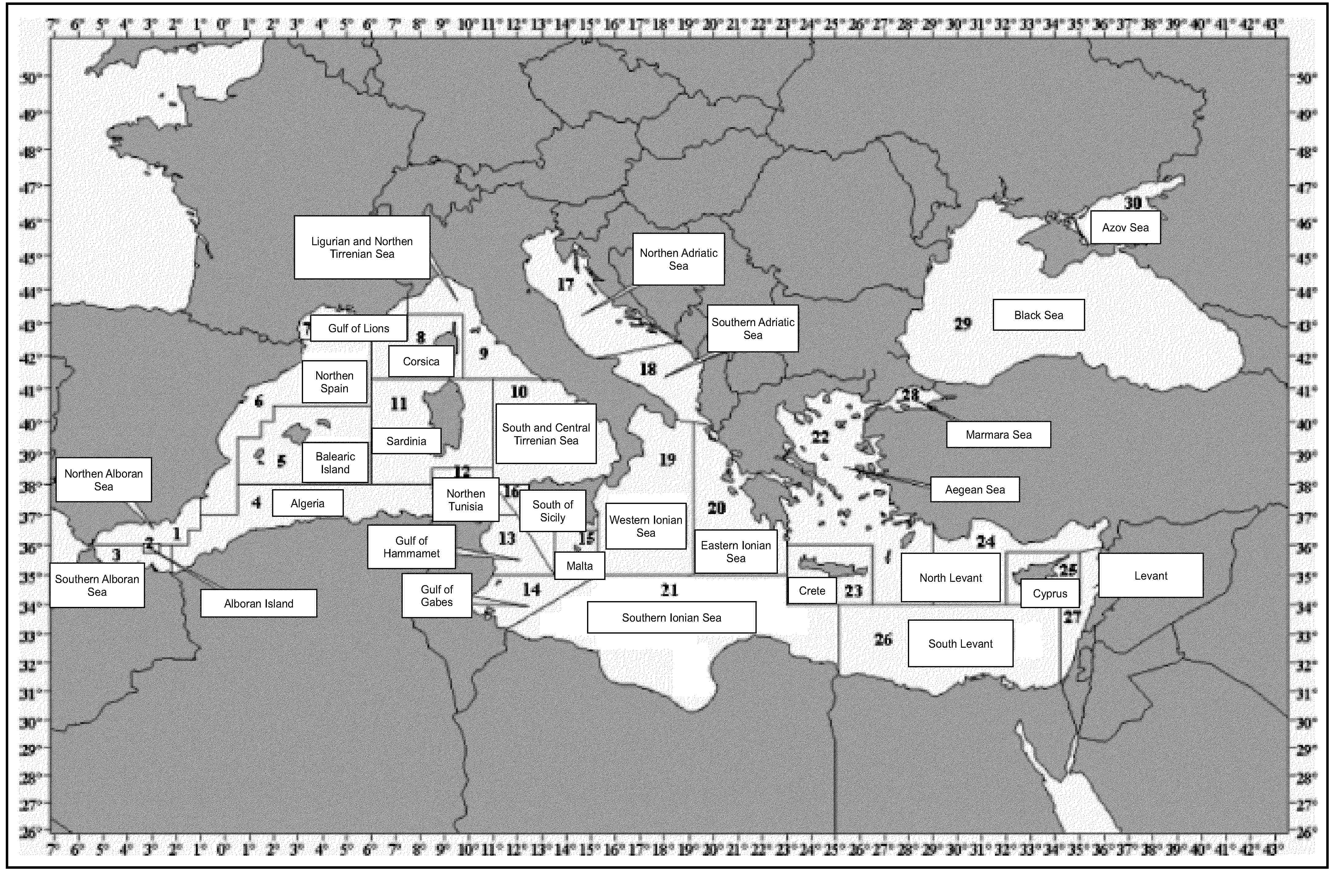 Northen Alboran SeaAlboran IslandSouthern Alboran SeaAlgeriaBalearic IslandNorthen SpainGulf of LionsCorsicaLigurian and Northen Tirrenian SeaSouth and Central Tirrenian SeaSardiniaNorthen TunisiaGulf of HammametGulf of GabesMaltaSouth of SicilyNorthen Adriatic SeaSouthern Adriatic SeaWestern Ionian SeaEastern Ionian SeaSouthern Ionian SeaAegean SeaCreteNorth LevantCyprusSouth LevantLevantMarmara SeaBlack SeaAzov Sea