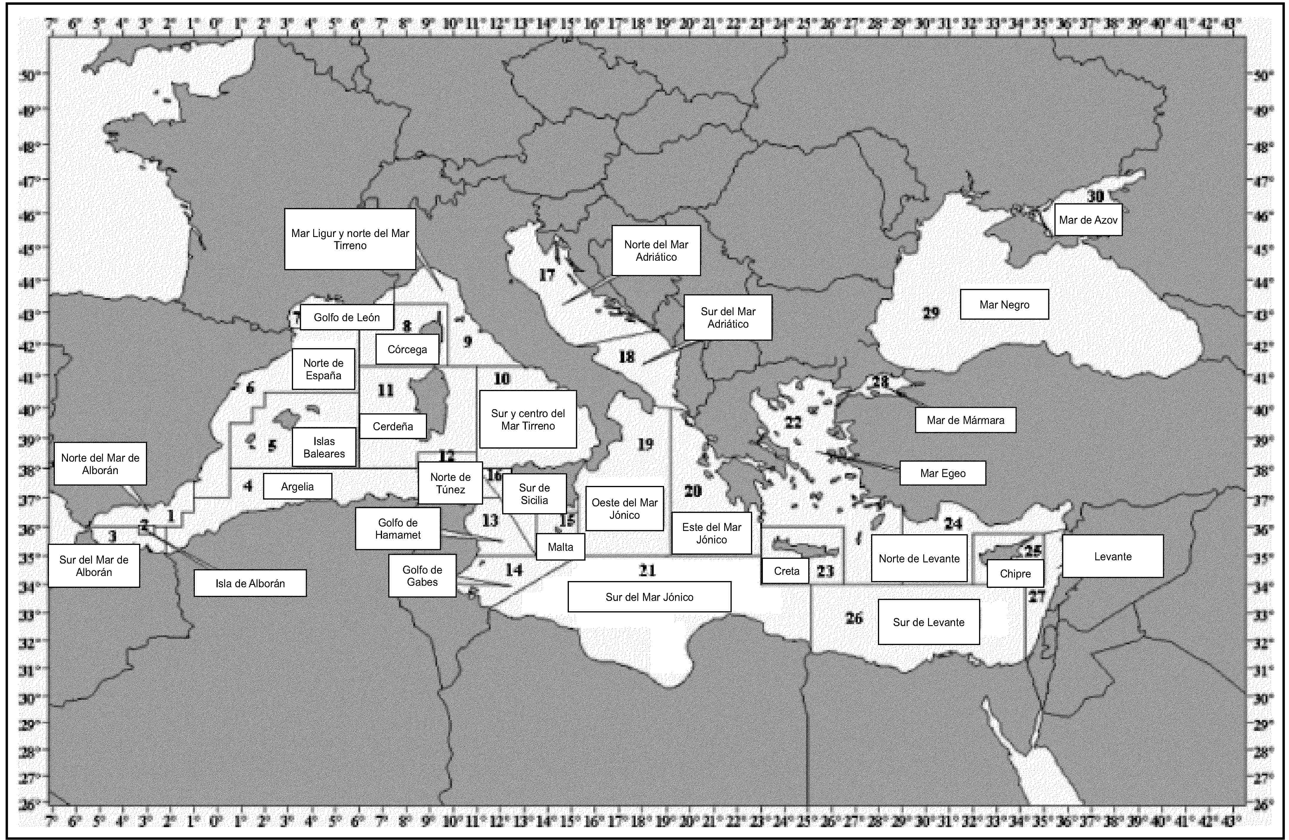 Norte del Mar de AlboránIsla de AlboránSur del Mar de AlboránArgeliaIslas BalearesNorte de EspañaGolfo de LeónCórcegaMar Ligur y norte del Mar TirrenoSur y centro del Mar TirrenoCerdeñaNorte de TúnezGolfo de HamametGolfo de GabesMaltaSur de SiciliaNorte del Mar AdriáticoSur del Mar AdriáticoOeste del Mar JónicoEste del Mar JónicoSur del Mar JónicoMar EgeoCretaNorte de LevanteChipreSur de LevanteLevanteMar de MármaraMar NegroMar de Azov