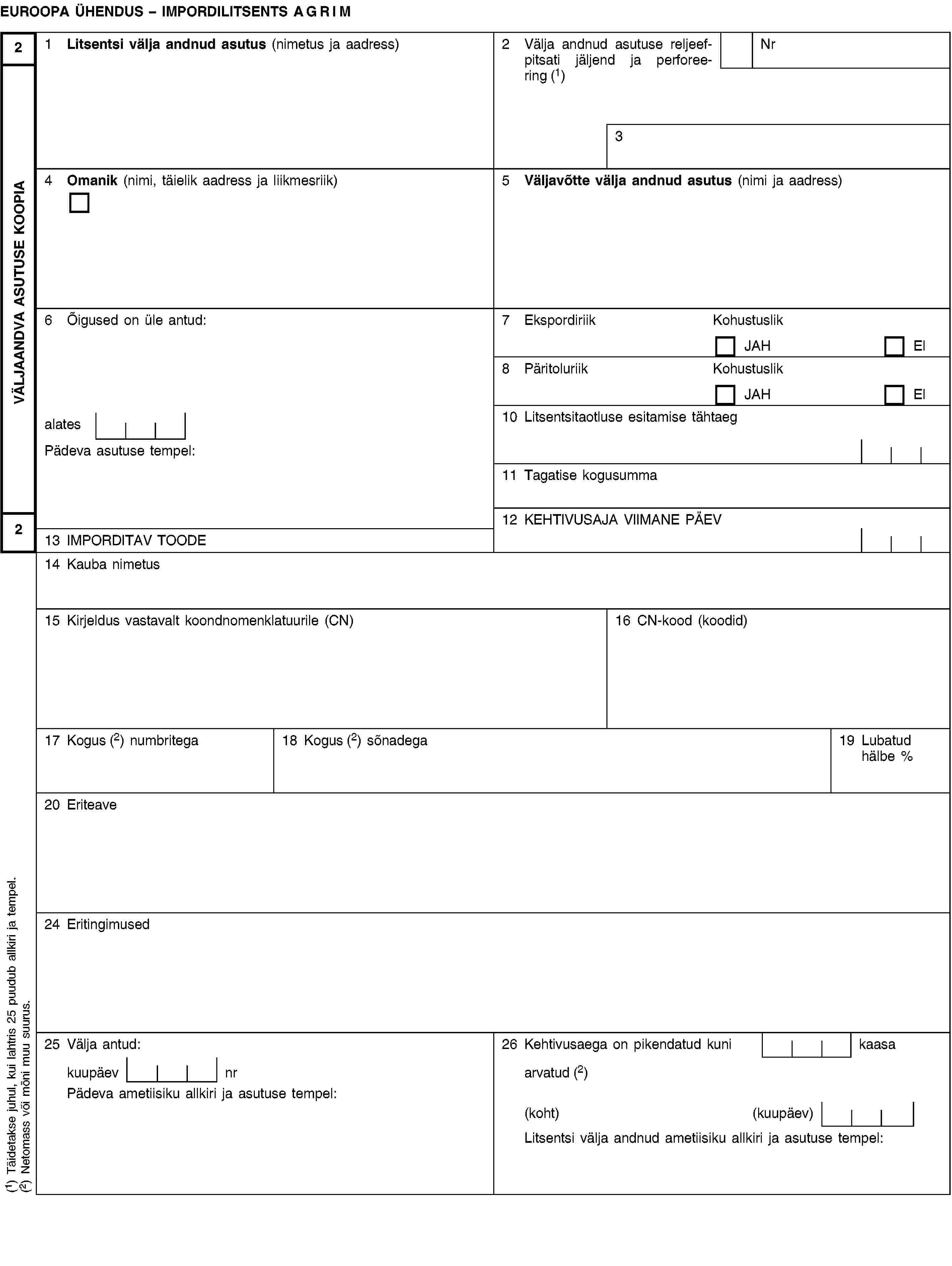VÄLJAANDVA ASUTUSE KOOPIA22EUROOPA ÜHENDUS – IMPORDILITSENTS AGRIM1 Litsentsi välja andnud asutus (nimetus ja aadress)2 Välja andnud asutuse reljeefpitsati jäljend ja perforeering (1)Nr34 Omanik (nimi, täielik aadress ja liikmesriik)5 Väljavõtte välja andnud asutus (nimi ja aadress)6 Õigused on üle antud:7 EkspordiriikKohustuslikJAHEl8 PäritoluriikKohustuslikJAHElalates10 Litsentsitaotluse esitamise tähtaegPädeva asutuse tempel:11 Tagatise kogusumma12 KEHTIVUSAJA VIIMANE PÄEV13 IMPORDITAV TOODE14 Kauba nimetus15 Kirjeldus vastavalt koondnomenklatuurile (CN)16 CN-kood (koodid)17 Kogus (2) numbritega18 Kogus (2) sõnadega19 Lubatud hälbe %20 Eriteave24 Eritingimused25 Välja antud:26 Kehtivusaega on pikendatud kuni kaasakuupäev nrarvatud (2)Pädeva ametiisiku allkiri ja asutuse tempel:(koht) (kuupäev)Litsentsi välja andnud ametiisiku allkiri ja asutuse tempel:(1) Täidetakse juhul, kui lahtris 25 puudub allkiri ja tempel.(2) Netomass või möni muu suurus.