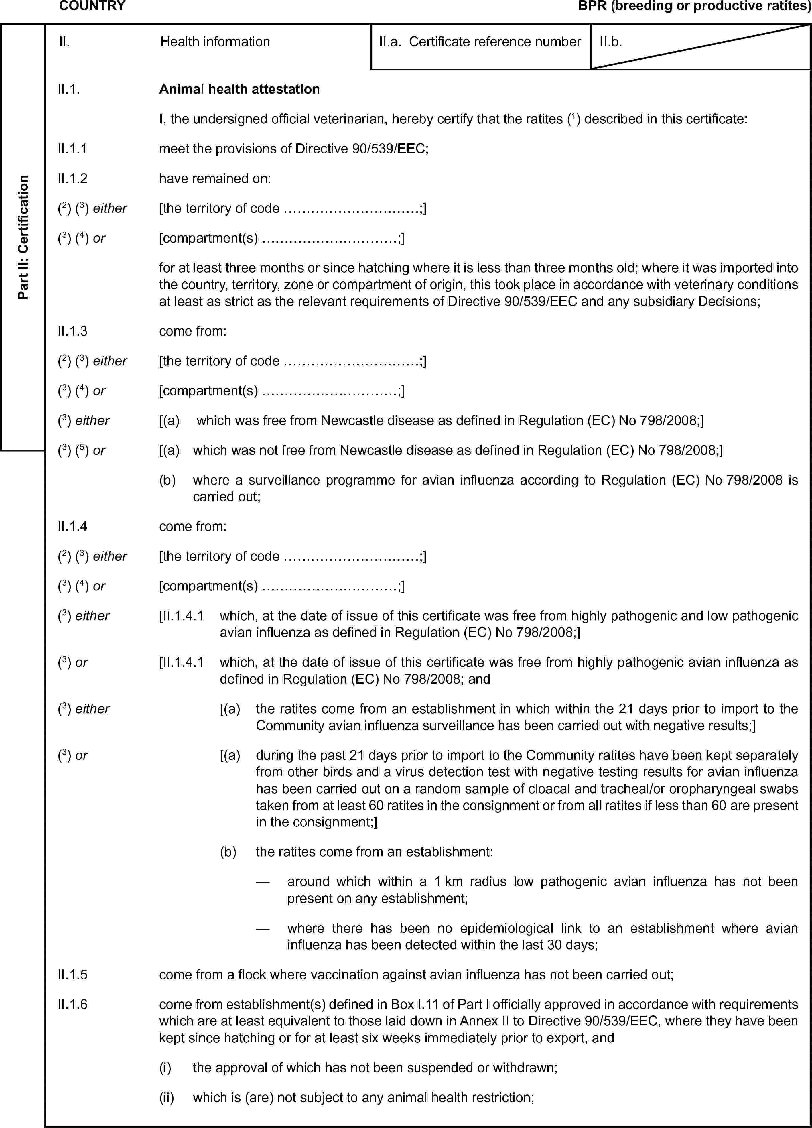 COUNTRYBPR (breeding or productive ratites)Part II: CertificationII. Health informationII.a. Certificate reference numberII.b.II.1. Animal health attestationI, the undersigned official veterinarian, hereby certify that the ratites (1) described in this certificate:II.1.1 meet the provisions of Directive 90/539/EEC;II.1.2 have remained on:(2) (3) either [the territory of code …;](3) (4) or [compartment(s) …;]for at least three months or since hatching where it is less than three months old; where it was imported into the country, territory, zone or compartment of origin, this took place in accordance with veterinary conditions at least as strict as the relevant requirements of Directive 90/539/EEC and any subsidiary Decisions;II.1.3 come from:(2) (3) either [the territory of code …;](3) (4) or [compartment(s) …;](3) either [(a) which was free from Newcastle disease as defined in Regulation (EC) No 798/2008;](3) (5) or [(a) which was not free from Newcastle disease as defined in Regulation (EC) No 798/2008;](b) where a surveillance programme for avian influenza according to Regulation (EC) No 798/2008 is carried out;II.1.4 come from:(2) (3) either [the territory of code …;](3) (4) or [compartment(s) …;](3) either [II.1.4.1 which, at the date of issue of this certificate was free from highly pathogenic and low pathogenic avian influenza as defined in Regulation (EC) No 798/2008;](3) or [II.1.4.1 which, at the date of issue of this certificate was free from highly pathogenic avian influenza as defined in Regulation (EC) No 798/2008; and(3) either [(a) the ratites come from an establishment in which within the 21 days prior to import to the Community avian influenza surveillance has been carried out with negative results;](3) or [(a) during the past 21 days prior to import to the Community ratites have been kept separately from other birds and a virus detection test with negative testing results for avian influenza has been carried out on a random sample of cloacal and tracheal/or oropharyngeal swabs taken from at least 60 ratites in the consignment or from all ratites if less than 60 are present in the consignment;](b) the ratites come from an establishment:— around which within a 1 km radius low pathogenic avian influenza has not been present on any establishment;— where there has been no epidemiological link to an establishment where avian influenza has been detected within the last 30 days;II.1.5 come from a flock where vaccination against avian influenza has not been carried out;II.1.6 come from establishment(s) defined in Box I.11 of Part I officially approved in accordance with requirements which are at least equivalent to those laid down in Annex II to Directive 90/539/EEC, where they have been kept since hatching or for at least six weeks immediately prior to export, and(i) the approval of which has not been suspended or withdrawn;(ii) which is (are) not subject to any animal health restriction;