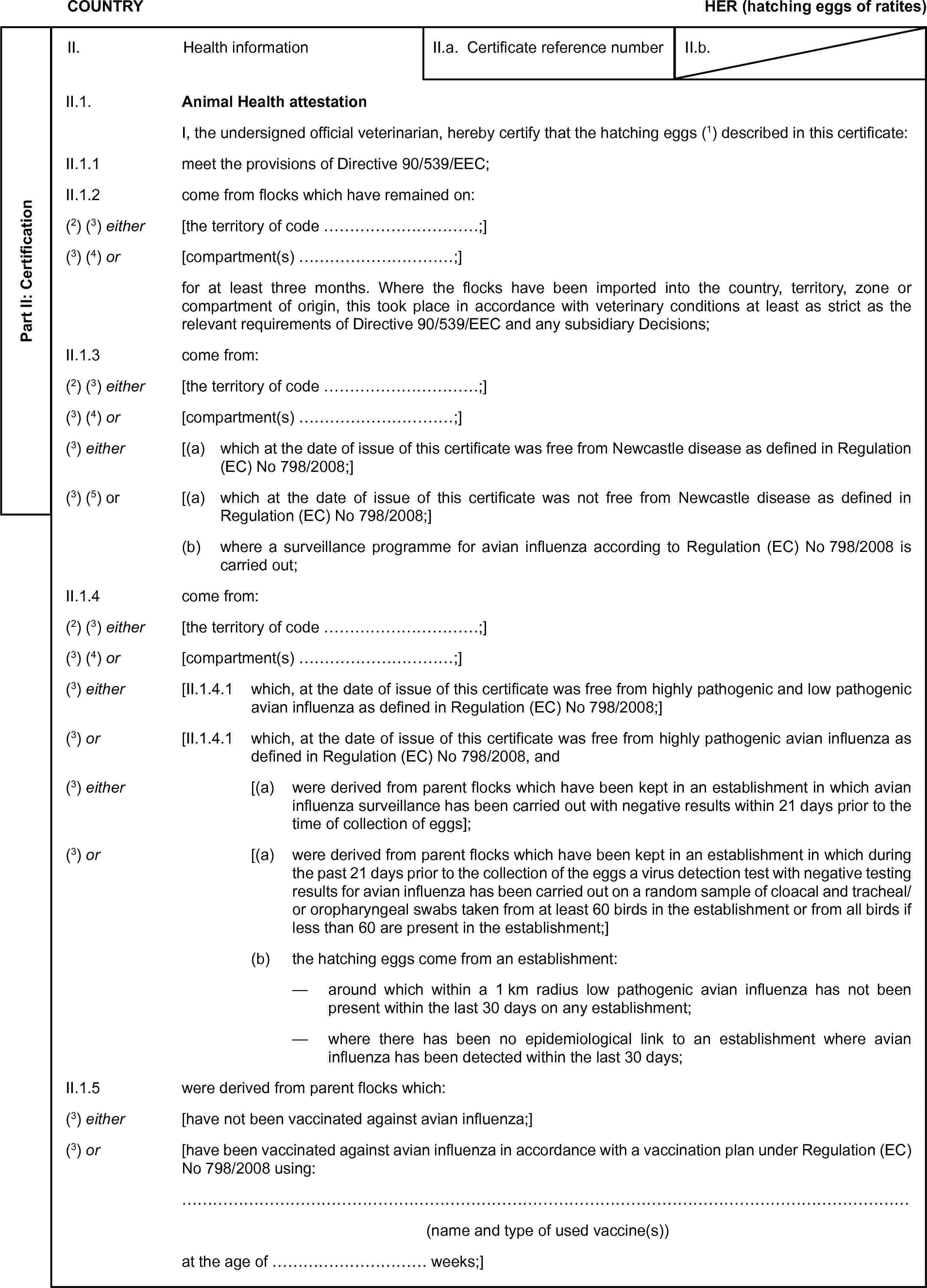 COUNTRYHER (hatching eggs of ratites)Part II: CertificationII. Health informationII.a. Certificate reference numberII.b.II.1. Animal Health attestationI, the undersigned official veterinarian, hereby certify that the hatching eggs (1) described in this certificate:II.1.1 meet the provisions of Directive 90/539/EEC;II.1.2 come from flocks which have remained on:(2) (3) either [the territory of code …;](3) (4) or [compartment(s) …;]for at least three months. Where the flocks have been imported into the country, territory, zone or compartment of origin, this took place in accordance with veterinary conditions at least as strict as the relevant requirements of Directive 90/539/EEC and any subsidiary Decisions;II.1.3 come from:(2) (3) either [the territory of code …;](3) (4) or [compartment(s) …;](3) either [(a) which at the date of issue of this certificate was free from Newcastle disease as defined in Regulation (EC) No 798/2008;](3) (5) or [(a) which at the date of issue of this certificate was not free from Newcastle disease as defined in Regulation (EC) No 798/2008;](b) where a surveillance programme for avian influenza according to Regulation (EC) No 798/2008 is carried out;II.1.4 come from:(2) (3) either [the territory of code …;](3) (4) or [compartment(s) …;](3) either [II.1.4.1 which, at the date of issue of this certificate was free from highly pathogenic and low pathogenic avian influenza as defined in Regulation (EC) No 798/2008;](3) or [II.1.4.1 which, at the date of issue of this certificate was free from highly pathogenic avian influenza as defined in Regulation (EC) No 798/2008, and(3) either [(a) were derived from parent flocks which have been kept in an establishment in which avian influenza surveillance has been carried out with negative results within 21 days prior to the time of collection of eggs];(3) or [(a) were derived from parent flocks which have been kept in an establishment in which during the past 21 days prior to the collection of the eggs a virus detection test with negative testing results for avian influenza has been carried out on a random sample of cloacal and tracheal/or oropharyngeal swabs taken from at least 60 birds in the establishment or from all birds if less than 60 are present in the establishment;](b) the hatching eggs come from an establishment:— around which within a 1 km radius low pathogenic avian influenza has not been present within the last 30 days on any establishment;— where there has been no epidemiological link to an establishment where avian influenza has been detected within the last 30 days;II.1.5 were derived from parent flocks which:(3) either [have not been vaccinated against avian influenza;](3) or [have been vaccinated against avian influenza in accordance with a vaccination plan under Regulation (EC) No 798/2008 using:…(name and type of used vaccine(s))at the age of … weeks;]