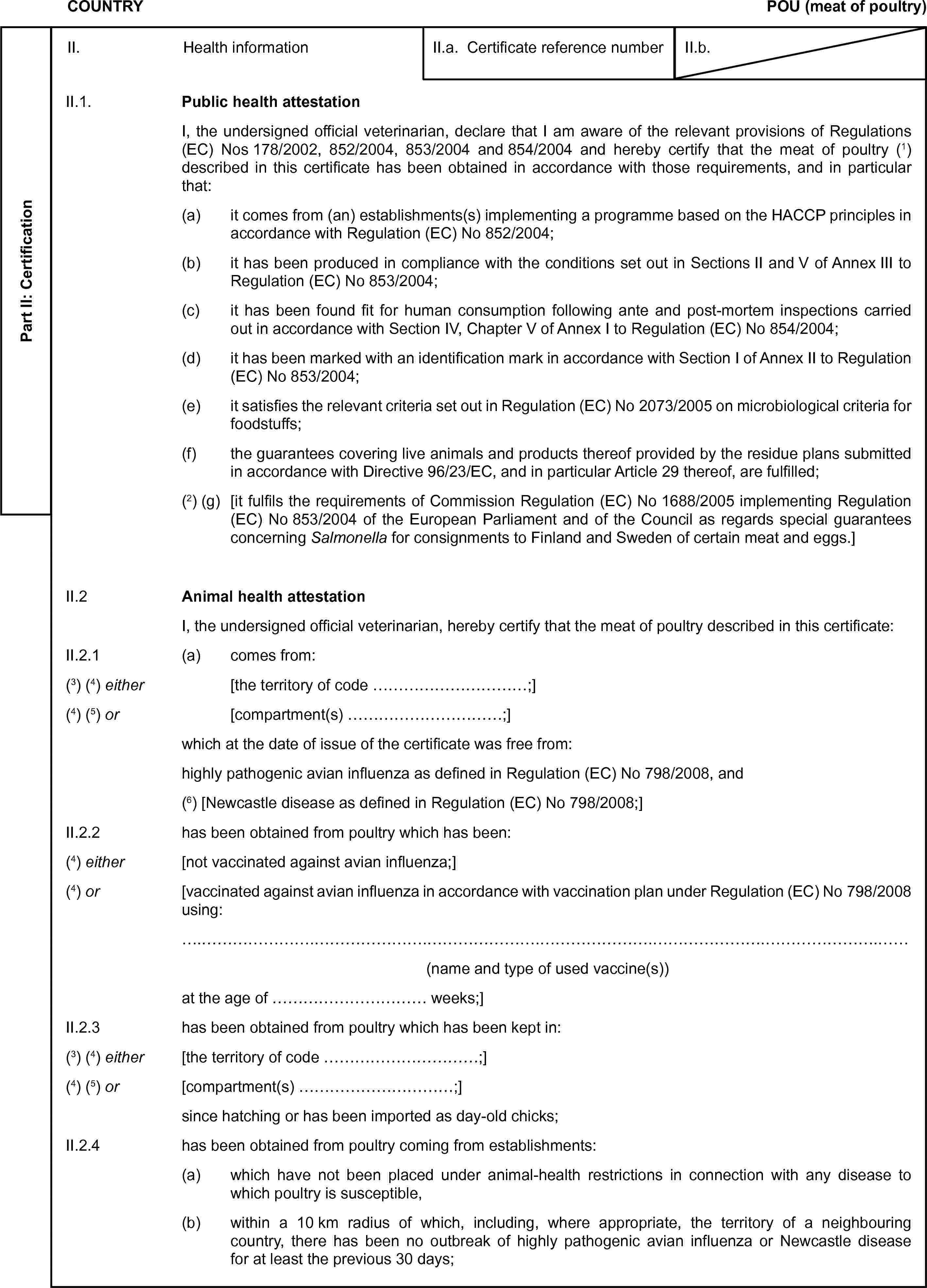 COUNTRYPOU (meat of poultry)Part II: CertificationII. Health informationII.a. Certificate reference numberII.b.II.1. Public health attestationI, the undersigned official veterinarian, declare that I am aware of the relevant provisions of Regulations (EC) Nos 178/2002, 852/2004, 853/2004 and 854/2004 and hereby certify that the meat of poultry (1) described in this certificate has been obtained in accordance with those requirements, and in particular that:(a) it comes from (an) establishments(s) implementing a programme based on the HACCP principles in accordance with Regulation (EC) No 852/2004;(b) it has been produced in compliance with the conditions set out in Sections II and V of Annex III to Regulation (EC) No 853/2004;(c) it has been found fit for human consumption following ante and post-mortem inspections carried out in accordance with Section IV, Chapter V of Annex I to Regulation (EC) No 854/2004;(d) it has been marked with an identification mark in accordance with Section I of Annex II to Regulation (EC) No 853/2004;(e) it satisfies the relevant criteria set out in Regulation (EC) No 2073/2005 on microbiological criteria for foodstuffs;(f) the guarantees covering live animals and products thereof provided by the residue plans submitted in accordance with Directive 96/23/EC, and in particular Article 29 thereof, are fulfilled;(2) (g) [it fulfils the requirements of Commission Regulation (EC) No 1688/2005 implementing Regulation (EC) No 853/2004 of the European Parliament and of the Council as regards special guarantees concerning Salmonella for consignments to Finland and Sweden of certain meat and eggs.]II.2 Animal health attestationI, the undersigned official veterinarian, hereby certify that the meat of poultry described in this certificate:II.2.1 (a) comes from:(3) (4) either [the territory of code …;](4) (5) or [compartment(s) …;]which at the date of issue of the certificate was free from:highly pathogenic avian influenza as defined in Regulation (EC) No 798/2008, and(6) [Newcastle disease as defined in Regulation (EC) No 798/2008;]II.2.2 has been obtained from poultry which has been:(4) either [not vaccinated against avian influenza;](4) or [vaccinated against avian influenza in accordance with vaccination plan under Regulation (EC) No 798/2008 using:…(name and type of used vaccine(s))at the age of … weeks;]II.2.3 has been obtained from poultry which has been kept in:(3) (4) either [the territory of code …;](4) (5) or [compartment(s) …;]since hatching or has been imported as day-old chicks;II.2.4 has been obtained from poultry coming from establishments:(a) which have not been placed under animal-health restrictions in connection with any disease to which poultry is susceptible,(b) within a 10 km radius of which, including, where appropriate, the territory of a neighbouring country, there has been no outbreak of highly pathogenic avian influenza or Newcastle disease for at least the previous 30 days;